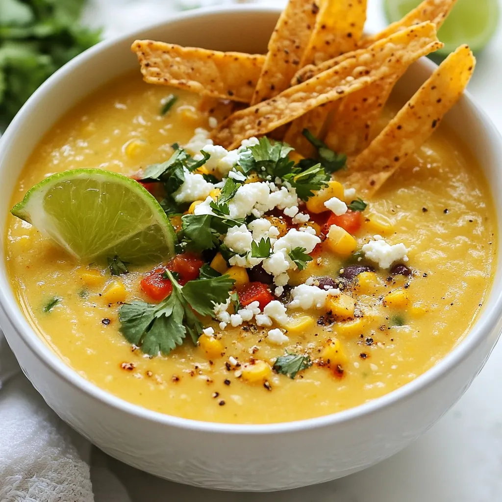 - 4 cups frozen corn kernels - 1 medium onion, finely diced - 2 cloves garlic, minced - 1 red bell pepper, diced - 1 can (14 oz) black beans, thoroughly rinsed and drained - 4 cups vegetable broth - 1 teaspoon chili powder - 1 teaspoon ground cumin - 1 teaspoon smoked paprika - 1/2 teaspoon cayenne pepper - Salt and freshly ground black pepper to taste In this soup, frozen corn kernels bring sweetness and texture. The onion, garlic, and bell pepper add depth and flavor. Black beans boost protein and heartiness. Vegetable broth ties everything together, making it rich and savory. Seasonings like chili powder and smoked paprika enhance the taste. I love adding cayenne pepper for a kick, but you can adjust it to your liking. - 1 cup heavy cream or coconut milk - Juice of 1 fresh lime - Fresh cilantro, chopped, for garnish - Crumbled queso fresco or feta cheese, for topping - Tortilla strips, for garnish Toppings make this soup shine. Heavy cream or coconut milk gives it a creamy finish. Fresh lime juice adds zing and brightness. I often sprinkle cilantro on top for freshness. Crumbled queso fresco or feta cheese adds a salty bite. Crunchy tortilla strips provide a nice texture contrast. Feel free to mix and match these toppings to suit your taste! {{ingredient_image_2}} Start by dicing your onion. Use a sharp knife for a clean cut. Next, mince the garlic cloves. Garlic adds a great flavor. Then, chop the red bell pepper into small pieces. For the black beans, open the can and rinse them under cold water. This step removes extra salt and helps the beans taste fresh. Drain them well and set aside. Now it's time to layer your ingredients in the crockpot. First, add the corn kernels. Then, put in the diced onion, minced garlic, and red bell pepper. Next, add the rinsed black beans. Pour the vegetable broth over everything to keep it moist. Sprinkle the chili powder, ground cumin, smoked paprika, and cayenne pepper on top. Season with salt and pepper. Give everything a good stir to mix the spices with the vegetables. Cover the crockpot with its lid. You can cook the soup on low for 6-8 hours or on high for 3-4 hours. The low setting makes the flavors mix well, while high cooks it faster. After cooking, grab your immersion blender. Blend the soup until it reaches your desired thickness. For a chunky texture, blend only half. This keeps some bits whole for a nice bite. Next, stir in the heavy cream or coconut milk along with the fresh lime juice. Mix well and let the soup simmer on low for another 15-20 minutes. This step warms it up and blends the flavors even more. To adjust the spice level, use cayenne pepper wisely. Start with half a teaspoon. If you like more heat, you can add more later. This keeps the soup tasty without overwhelming your palate. For cooking times, check your crockpot. If you cook on low, aim for 6-8 hours. For high, 3-4 hours works well. Always check for doneness. You want the veggies tender but not mushy. Try adding extra seasonings for more zest. A dash of lime zest adds freshness. You might also add a pinch of onion powder or garlic powder for depth. Want to pack in more nutrition? Add veggies like zucchini or spinach. You can also stir in cooked chicken or shrimp for protein. This makes the soup heartier and more filling. Presentation matters! Ladle the soup into bowls. Top each bowl with chopped cilantro, crumbled cheese, and tortilla strips. This adds color and crunch. Pair your soup with sides like crusty bread or a simple salad. These sides balance the creamy soup and offer a lovely contrast. Enjoy every bite! Pro Tips Fresh Ingredients: For the best flavor, use fresh vegetables whenever possible instead of frozen, especially the bell peppers. Spice Adjustment: If you prefer a milder soup, reduce the amount of cayenne pepper or omit it entirely. Blending Technique: For a creamier texture, blend the entire soup; for a chunkier texture, blend only half and leave the rest as is. Serving Suggestions: Add a dollop of sour cream or Greek yogurt for creaminess, and serve with crusty bread for a complete meal. {{image_4}} You can make this soup vegan by using coconut milk instead of heavy cream. Coconut milk gives a creamy texture and adds a subtle sweetness. This swap keeps the soup rich without dairy. If you need it gluten-free, double check your vegetable broth. Most brands are safe, but it’s good to look. If you want to change things up, you can swap corn with other veggies. Try diced zucchini or chopped spinach for a fresh twist. You can also use different beans. Pinto or kidney beans work well too. If you want more protein, add shredded chicken or cooked quinoa for heartiness. To give your soup a Mexican flair, add traditional ingredients like diced tomatoes or poblano peppers. These add depth and flavor. You can also play with spices. Use fresh cilantro or a pinch of oregano for an authentic touch. Adjust the cayenne for heat, making it as spicy as you like. After cooking, let the soup cool for about 30 minutes. This helps keep your containers safe. Use airtight containers to store the soup. Glass jars or BPA-free plastic containers work well. These keep flavors fresh and prevent spills. You can freeze this soup for later. First, make sure it cools completely. Then, pour it into freezer-safe bags or containers. Remove as much air as possible to prevent freezer burn. The soup lasts in the freezer for up to three months. When you're ready to eat, thaw it overnight in the fridge. Reheat the soup gently for best taste. Use a microwave or stovetop. For the microwave, place the soup in a bowl. Heat in short bursts, stirring in between. This helps it heat evenly. On the stovetop, pour the soup into a pot and heat over low to medium heat. Stir often to avoid sticking. Make sure it’s hot throughout before serving. Can I use fresh corn instead of frozen? Yes, you can use fresh corn. Just cut it off the cob, and add it to the pot. Fresh corn adds a nice crunch and sweet flavor. How do I make it spicier? Add more cayenne pepper or a diced jalapeño. You can also use hot sauce for extra heat. Taste as you go to find your perfect level of spice. Is this dish gluten-free? Yes, this soup is gluten-free. All the ingredients, like corn and beans, do not contain gluten. Can I make it dairy-free? Yes, substitute heavy cream with coconut milk. This keeps it creamy while being dairy-free. What should I do if the soup is too thick? If the soup is too thick, add more vegetable broth. Stir it in slowly until you reach your desired consistency. How to store leftovers? Let the soup cool before storing. Use an airtight container and keep it in the fridge for up to five days. You can also freeze it for later use. This recipe combines simple ingredients to create a tasty soup. We explored the main ingredients, cooking steps, and various tips. You can customize it to match your taste and diet. Remember to store any leftovers properly for future enjoyment. This soup is not only delicious but also easy to make, making it perfect for everyone. Enjoy experimenting with your unique twists! Enjoy your flavorful creation, and share it with your loved ones.