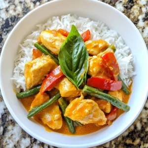 - 1 lb boneless, skinless chicken thighs - 1 can creamy coconut milk - 2 tablespoons red curry paste - 1 tablespoon vegetable oil - 1 vibrant red bell pepper - 1 cup fresh green beans - 1 tablespoon fish sauce - 1 tablespoon brown sugar - Fresh basil leaves - Cooked jasmine rice Gather your ingredients before cooking. This makes the process smooth and easy. Start with 1 pound of boneless, skinless chicken thighs. I like using thighs for their juicy flavor. Next, grab 1 can of creamy coconut milk. This gives the dish its rich base. You will need 2 tablespoons of red curry paste. This adds the authentic Thai flavor. Don’t forget 1 tablespoon of vegetable oil to cook the chicken. For vibrant color, use 1 red bell pepper. Thinly slice it to mix well with the curry. You will also need 1 cup of fresh green beans. Trim and halve them for even cooking. Add 1 tablespoon of fish sauce. This boosts the flavor profile. Include 1 tablespoon of brown sugar to balance the spices. Finally, fresh basil leaves will add a lovely touch when serving. Pair the curry with fluffy cooked jasmine rice for a satisfying meal. These ingredients come together to create a quick and delicious Thai red curry chicken. Enjoy the process and the flavors! {{ingredient_image_2}} - Heat 1 tablespoon of vegetable oil in a skillet over medium-high heat. - Add 1 lb of diced chicken thighs. Sauté for 5-7 minutes until golden brown and cooked through. - Stir in 2 tablespoons of red curry paste. Coat all the chicken pieces well. - Gradually pour in 1 can of creamy coconut milk. Mix it all together to create a rich sauce. - Incorporate 1 vibrant red bell pepper, thinly sliced, and 1 cup of fresh green beans, trimmed and halved. - Season with 1 tablespoon of fish sauce and 1 tablespoon of brown sugar. Let it simmer for about 10 minutes. This will let the flavors meld nicely. - Once the vegetables are tender and the sauce thickens, remove from heat. Serve hot over jasmine rice. Top with fresh basil leaves for a lovely finish. - Use fresh ingredients for maximum flavor: Fresh vegetables and herbs make a big difference. Choose bright, crisp bell peppers and vibrant green beans. Fresh basil adds a fragrant touch at the end. - Adjust spice levels to your preference: If you like it spicy, add more red curry paste. For a milder dish, start with less. Taste as you go to find your perfect balance. - How to plate the dish attractively: Serve the curry in shallow bowls. Place a generous mound of jasmine rice in the center. This makes the dish look inviting and colorful. - Garnishing suggestions with basil: Top your curry with fresh basil leaves. This adds a pop of green and enhances the dish's aroma. You can also sprinkle some red chili flakes for extra color and heat. Pro Tips Marinate for Extra Flavor: Consider marinating the chicken thighs in a mixture of red curry paste and coconut milk for at least 30 minutes before cooking. This will enhance the flavors and tenderness of the chicken. Customize Your Veggies: Feel free to swap in your favorite vegetables like zucchini, carrots, or snap peas. Just make sure to cut them to similar sizes for even cooking. Adjust the Spice Level: If you prefer a milder curry, start with half the amount of red curry paste and add more to taste as it cooks. This way, you can control the heat to your liking. Use Fresh Herbs: Fresh basil is a great garnish, but don't hesitate to add other herbs like cilantro or mint for a different flavor profile. They can add a refreshing touch to the dish. {{image_4}} You can switch the chicken for tofu or shrimp. Tofu is a great option for a vegetarian dish. It absorbs flavors well and adds protein. Use firm tofu, cut into cubes. Cook it until golden for best results. Shrimp cooks quickly and adds a nice texture. Use peeled and deveined shrimp. Add them after the curry sauce thickens. This way, they stay tender and juicy. You can also try other meats like beef or pork. Just cut them into small pieces. Adjust cooking time based on the meat’s thickness. Feel free to change the vegetables in this dish. Use what you have at home. Carrots, zucchini, or snap peas work well. They add color and crunch. Seasonal veggies can make your curry even better. In spring, use asparagus or peas. In fall, try butternut squash or broccoli. Each veggie adds its own flavor and texture. Experiment with different combinations to keep things fun! To keep your Thai red curry chicken fresh, use these tips: - Refrigerator Storage: Place the curry in an airtight container. It will last for 3 to 4 days. - Freezer Storage: If you need to keep it longer, freeze it in a freezer-safe container. It can last for up to 3 months. Make sure to let the curry cool before sealing. This helps avoid condensation inside the container. When reheating your curry, keep the flavor and texture intact with these methods: - Stovetop Method: Pour the curry into a saucepan. Heat it over medium heat. Stir it often to avoid sticking. - Microwave Method: Place the curry in a microwave-safe bowl. Cover it with a microwave-safe lid. Heat it in short bursts, stirring in between. To maintain texture, add a splash of coconut milk if it looks too thick. This will help bring back the creaminess. Enjoy your meal again! Serve Thai Red Curry over fluffy jasmine rice. The rice helps soak up the rich sauce. I love to create a mound of rice in the center of the bowl. Then, I ladle the curry around it. This makes a beautiful presentation. Fresh basil leaves on top add a pop of color. You can also serve it with lime wedges for a zesty kick. Yes, you can easily make this dish vegetarian. Swap the chicken for firm tofu. Make sure to cube the tofu and sauté it until golden. You can also add more veggies like mushrooms or carrots. For a vegan version, replace fish sauce with soy sauce. This keeps the flavor while making it plant-based. To adjust the spice level, start by using less red curry paste. You can add it a little at a time. If you want more heat, try adding sliced jalapeños or a dash of chili flakes. Always taste as you go. This way, you can find the heat that suits you best! Thai Red Curry is a delicious meal you can make at home. We explored the fresh ingredients, step-by-step cooking, and useful tips to perfect your dish. You can customize it with different proteins or veggies for variety. Remember to store leftovers correctly to keep them tasty. Enjoy exploring the balance of flavors in this dish. Cooking can be fun and easy with the right steps and ingredients. Dive into your kitchen and create a meal everyone will love!