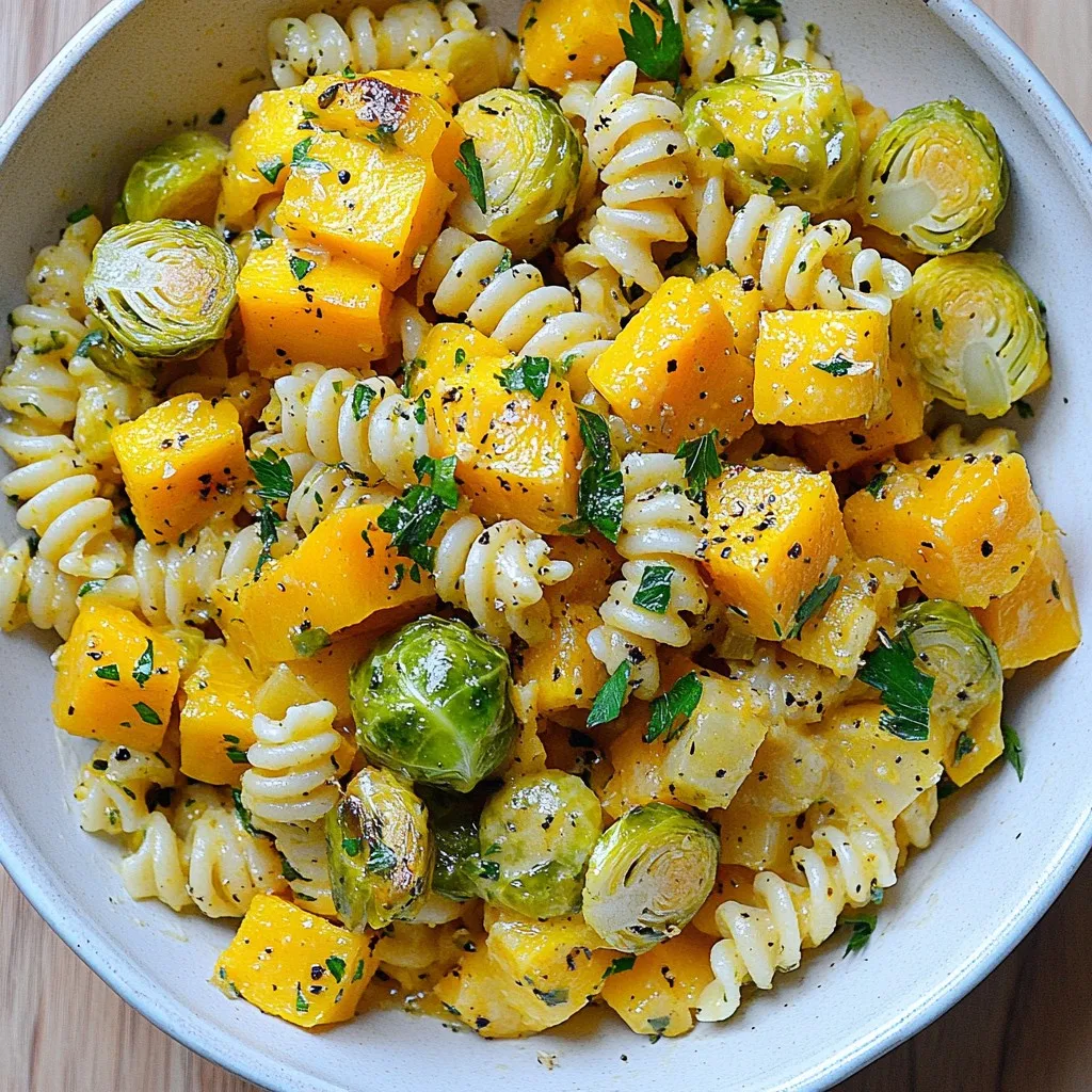 - 8 oz pasta (fusilli or penne recommended) - 2 cups butternut squash, peeled and cut into 1-inch cubes - 2 cups Brussels sprouts, trimmed and halved lengthwise - 3 tablespoons extra virgin olive oil, divided - 3 cloves garlic, finely minced - 1 teaspoon dried thyme - Salt and freshly ground black pepper to taste - ½ cup vegetable broth - ¼ cup grated Parmesan cheese (or nutritional yeast for a vegan alternative) - Fresh parsley, finely chopped (for garnish) I love using fusilli or penne for this dish. They catch the sauce well. If you don't have them, any pasta works. For the butternut squash, fresh is best, but frozen cubes can work too. The Brussels sprouts should be fresh for the best crunch. For olive oil, you can use any good quality oil. If you want a vegan dish, swap Parmesan with nutritional yeast. - Pasta: Provides carbs for energy. Choose whole grain for more fiber. - Butternut Squash: Full of vitamins A and C. It's great for your skin and vision. - Brussels Sprouts: High in fiber, vitamins K and C. They support your immune system. - Extra Virgin Olive Oil: Rich in healthy fats. It’s good for heart health. - Garlic: Offers antioxidants. It helps reduce blood pressure and boosts immunity. - Thyme: Adds flavor and has antibacterial properties. - Salt and Pepper: Enhance taste. Use sparingly for health. - Vegetable Broth: Adds depth without extra fat. It’s low in calories. - Parmesan Cheese: Adds calcium and protein. Use in moderation for flavor. - Parsley: A great source of vitamins. It freshens the dish visually and taste-wise. This blend of ingredients not only makes the dish tasty but also packs a healthy punch! {{ingredient_image_2}} First, I set my oven to 400°F (200°C). This hot oven makes the veggies crispy. In a bowl, I mix the butternut squash and Brussels sprouts. I add 2 tablespoons of olive oil, salt, pepper, and thyme. I stir until all the pieces are covered. Then, I spread them out on a baking sheet. I roast them for 25-30 minutes. Halfway through, I stir them for even cooking. They should be soft and caramelized when done. While the veggies roast, I boil a large pot of water. I add a good amount of salt to the water. Once it bubbles, I add 8 oz of pasta. Fusilli or penne works best. I cook it according to the package instructions until it's al dente. Before I drain the pasta, I save ½ cup of the cooking water. After draining, I put the pasta back in the pot. Now, I add the roasted veggies to the pot with pasta. I also add minced garlic and vegetable broth. I gently stir everything over medium heat. I do this for a few minutes until the garlic smells good and everything is warm. If it seems dry, I splash in some of the reserved pasta water. Next, I sprinkle in the Parmesan cheese or nutritional yeast. I toss everything to mix well. I taste it and add more salt or pepper if needed. To get great flavor, roasting is key. First, cut the butternut squash and Brussels sprouts into even pieces. This helps them cook at the same rate. Use a large bowl to mix them with olive oil, salt, and pepper. Spread them out in a single layer on a baking sheet. This way, they roast evenly. Make sure to stir them halfway through cooking. This helps with browning and keeps them tender. Cooking pasta perfectly is simple. Use a large pot and boil water. Add salt to the water. This adds flavor. Cook your pasta until it is al dente, which means it is firm but cooked. Check the package for timing. Before draining, save some pasta water. This starchy water helps with the sauce later. Once drained, return the pasta to the pot quickly. You can add more flavor to your dish easily. Fresh garlic adds a strong taste. Cook it with the veggies for a rich aroma. Consider adding fresh herbs like parsley for a bright touch. If you want a kick, try red pepper flakes. Using cheese or nutritional yeast gives a creamy finish. Adjust the seasonings as needed. Taste your dish before serving to make sure it sings! Pro Tips Roasting Perfection: Ensure that the butternut squash and Brussels sprouts are cut into uniform sizes to achieve even roasting and caramelization. Al Dente Pasta: For the best texture, cook the pasta until al dente as it will continue to cook slightly when combined with the hot vegetables. Flavor Boost: Adding a pinch of red pepper flakes with the garlic can enhance the flavor and add a subtle heat to the dish. Make it Vegan: Substitute Parmesan cheese with nutritional yeast to keep the dish vegan-friendly while still adding a cheesy flavor. {{image_4}} You can easily make this dish vegan. Just swap the Parmesan cheese for nutritional yeast. Nutritional yeast adds a cheesy flavor without dairy. It also packs in vitamins and minerals, making your dish even healthier. Use about ¼ cup of nutritional yeast in place of cheese. This change keeps the creamy texture while being plant-based. If you need a gluten-free option, choose gluten-free pasta. Many brands offer pasta made from rice, corn, or lentils. These options cook well and taste great. Look for fusilli or penne shapes to keep the dish interesting. Follow the cooking instructions on the package for the best results. Want to add protein to your meal? You can easily include chicken, sausage, or tofu. For chicken, use cooked or grilled pieces. For sausage, slice and sauté it until browned. If you prefer tofu, press and cube it, then sauté until golden. Add your chosen protein when combining the ingredients. This will make your dish heartier and more filling. Store your Butternut Squash Brussels Pasta in an airtight container. Let it cool down first. Place it in the fridge for up to three days. This keeps the flavors fresh and tasty for later meals. When you are ready to eat, just take it out. You can freeze this pasta for a quick meal later. Allow the dish to cool completely. Use freezer-safe containers or bags. It can last up to three months in the freezer. When you're ready to enjoy it, just thaw it in the fridge overnight. Reheat the pasta on the stove for the best taste. Add a splash of water or broth to keep it moist. Heat over medium-low until warm. You can also use the microwave. Place it in a bowl, cover it, and heat for one to two minutes. Stir halfway through for even heating. Adjust the seasoning if needed. Yes, you can make this dish ahead. Cook the pasta and roast the veggies. Store them separately in the fridge. When ready to eat, just combine them and heat. This keeps the pasta from getting mushy. I recommend using fusilli or penne. These shapes hold the sauce well. They also catch bits of butternut squash and Brussels sprouts. If you prefer, you can try other types like rotini or farfalle. You can add more herbs like rosemary or sage for extra flavor. Try using red pepper flakes for a kick. If you like nuts, sprinkle some toasted walnuts or pine nuts on top. You can also swap the cheese for feta or goat cheese for a unique taste. This blog covered how to prepare a tasty dish with simple steps and helpful tips. We discussed the key ingredients, their measurements, and nutritional benefits. You learned about perfect cooking methods for both pasta and roasted veggies. In the end, remember that this dish is flexible. You can customize it to fit your taste. Enjoy experimenting with new flavors and ingredients. Your kitchen is a place for fun and creativity!