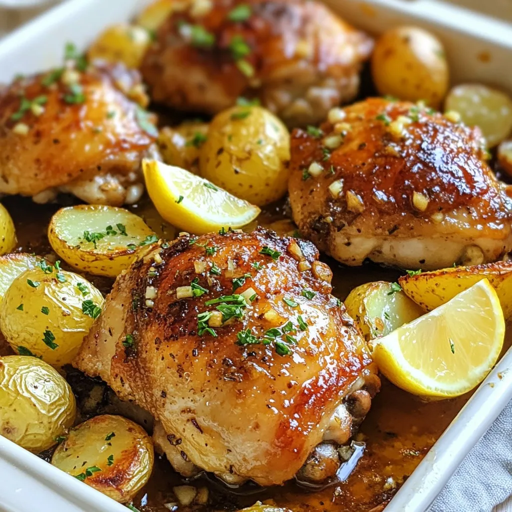 Here’s what you need to make garlic butter chicken and potatoes. This simple list includes flavorful items that come together to create a delightful meal. - 4 chicken thighs, bone-in and skin-on - 1 lb baby potatoes, halved - 6 tablespoons unsalted butter, divided - 5 cloves garlic, minced - 1 teaspoon dried thyme - 1 teaspoon paprika - Salt and pepper to taste - Fresh parsley, chopped (for garnish) - Lemon wedges (for serving) Each ingredient plays a key role in this dish. The chicken thighs give you tender meat with crispy skin. The baby potatoes soak up all the rich garlic butter flavor. Butter adds a creamy texture, while garlic gives a punch of taste. Fresh thyme and paprika bring warmth and aroma. Salt and pepper enhance everything. Finally, parsley brightens your plate, and lemon adds a zesty touch. With these ingredients, you can create a satisfying dinner for family or friends. {{ingredient_image_2}} 1. Preheat your oven to 400°F (200°C). This ensures the heat is just right for roasting. 2. In a large skillet, melt 3 tablespoons of butter over medium heat. Wait until it bubbles gently. - Seasoning adds flavor. It's key for tasty chicken. - Generously sprinkle salt, pepper, thyme, and paprika on both sides of the chicken thighs. 1. Place the chicken thighs skin-side down in the skillet. Sear for 7-8 minutes. This makes the skin golden and crispy. 2. Flip the chicken thighs over. Add halved baby potatoes around them in the skillet. 3. In a small bowl, mix the minced garlic with the remaining 3 tablespoons of butter. Drizzle this mix over the chicken and potatoes. 4. Transfer the skillet to the oven. Roast for 25-30 minutes. Check that the chicken reaches 165°F (75°C). The potatoes should be tender. 5. For a crispy finish, turn on the broiler for the last 2-3 minutes. Keep a close eye to avoid burning. 6. After removing from the oven, sprinkle fresh chopped parsley over the dish. This adds color and flavor. 7. Serve hot with lemon wedges on the side. A squeeze of lemon adds a nice touch! Fresh ingredients make all the difference in your dish. Use fresh garlic for a robust taste. Choose organic chicken for better flavor and quality. When cooking, I recommend roasting methods. They lock in moisture and enhance the taste. To get that crispy skin, start by searing the chicken. Heat the skillet until the butter bubbles. Place the chicken skin-side down and let it cook without moving for a good golden-brown color. For extra crispiness, use the broiler at the end. This gives that final touch of crunch. Presenting your dish is key. Serve it right from the skillet for a rustic look. Garnish with fresh parsley to add color. Lemon wedges on the side brighten the flavors. You can also pair this dish with a fresh salad or steamed veggies for a complete meal. Pro Tips Let the Chicken Rest: After cooking, allow the chicken to rest for 5-10 minutes. This helps the juices redistribute, ensuring a moist and flavorful bite. Choose the Right Potatoes: Baby potatoes work best for this recipe due to their size and texture. They cook evenly and absorb flavors beautifully. Fresh Garlic Over Powder: Always use fresh garlic for a more vibrant flavor. It adds a robust aroma and taste that garlic powder simply cannot match. Broiling for Crispiness: If you desire extra crispy skin, use the broiler for the last few minutes of cooking, but watch closely to prevent burning. {{image_4}} You can switch up the protein in this dish. Chicken thighs are juicy and flavorful, but chicken breasts work well too. If you prefer red meat, try beef or pork. For a lighter option, use turkey thighs. Each meat adds a unique taste, but be mindful of cooking times. Breasts cook faster than thighs, so check them early. Adding vegetables can make this meal even better. Carrots, green beans, or bell peppers are great choices. Simply chop them and toss them in with the potatoes. You can also try broccoli or zucchini for a colorful mix. These veggies will soak up the garlic butter flavor, making the dish even more delicious. If you're looking for gluten-free options, this recipe is already safe. Just ensure your butter and seasonings are gluten-free. For dairy-free options, swap the butter for olive oil or coconut oil. You can also use vegan butter. This keeps the dish tasty while meeting dietary needs. To keep your garlic butter chicken and potatoes fresh, use airtight containers. Glass or plastic containers work well. Make sure the dish cools before sealing it up. This helps avoid steam buildup, which can make your food soggy. Store leftovers in the fridge. They will stay good for three to four days. To reheat, use the oven for the best taste. Preheat your oven to 350°F (175°C). Place the chicken and potatoes in a baking dish. Cover with foil to keep moisture in. Heat for about 15-20 minutes. Check if it’s hot all the way through before serving. You can also use a microwave, but the oven gives better flavor. Yes, you can freeze this dish! First, let it cool completely. Then, place it in a freezer-safe container. Make sure to label the container with the date. It will last for up to three months in the freezer. To thaw, move it to the fridge overnight. Reheat in the oven or microwave as mentioned above. Be sure to check that it's hot inside before eating. Enjoy your tasty meal again! It takes about 50 minutes in total. You need 10 minutes to prep and 40 minutes to cook. This includes 25-30 minutes of roasting in the oven. Yes, you can use boneless chicken thighs. They will cook faster than bone-in thighs. Adjust your cooking time to about 20-25 minutes in the oven. You can use regular potatoes, cut into small pieces. Sweet potatoes also work well for a different flavor. Other options include small carrots or parsnips, chopped to similar sizes. Yes, garlic butter chicken and potatoes are great for meal prep. Cook the dish, then store individual portions in airtight containers. It keeps well in the fridge for up to four days. Absolutely! You can cook it in a slow cooker. Just add all the ingredients and cook on low for 6-8 hours or high for 3-4 hours. This dish pairs well with a simple salad or steamed veggies. You can also serve it with rice or crusty bread to soak up the garlic butter sauce. To boost flavor, marinate the chicken thighs for a few hours before cooking. A mix of olive oil, lemon juice, and herbs works well. Yes, you can add fresh or dried herbs. Rosemary and oregano are great choices. They add a nice flavor to the chicken and potatoes. If you don’t have thyme, use Italian seasoning or a mix of dried herbs. Basil or sage can also work fine in this recipe. This blog post covered an easy recipe for garlic butter chicken and potatoes. We looked at the key ingredients, step-by-step cooking instructions, and tips to enhance your dish. Remember to use fresh ingredients for the best flavors. You can also try different proteins and veggies based on your taste. Store leftovers properly to enjoy them later. Keep this recipe handy to impress family and friends with your cooking skills. Happy cooking!