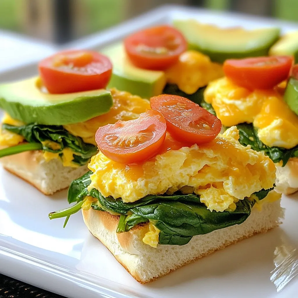 To make Sunrise Breakfast Sliders, you need: - 12 small slider buns - 6 large eggs - 1 cup fresh spinach, chopped - 1 cup cherry tomatoes, halved - 1/2 cup cheese, shredded (cheddar, mozzarella, or your choice) - 1 ripe avocado, sliced - 1 tablespoon extra virgin olive oil - Salt and freshly ground black pepper to taste - Optional: Your favorite hot sauce for serving These ingredients create a tasty mix of flavors. The eggs and spinach add protein and nutrients. The cheese gives a creamy touch, while the tomatoes add a burst of freshness. Each slider is a perfect bite! Choosing cheese can be fun! Here are some tasty options: - Cheddar: A classic choice that melts well. - Mozzarella: Soft and stretchy, it gives a mild flavor. - Pepper Jack: Adds a little spice to your sliders. - Feta: Crumbly and tangy, great for a unique twist. Feel free to mix and match your cheeses. Each type brings its own character to the dish. Seasoning makes your sliders pop! Here are my top picks: - Salt: Enhances the flavors of eggs and cheese. - Black Pepper: Adds warmth and depth. - Garlic Powder: A small pinch can elevate the taste. - Paprika: Gives a subtle smokiness and color. Don’t forget to taste as you go. Adjust the seasonings to fit your taste buds. Enjoy crafting your delicious Sunrise Breakfast Sliders! {{ingredient_image_2}} First, gather all your ingredients. You need 12 small slider buns, 6 large eggs, and 1 cup of fresh spinach, chopped. Don’t forget 1 cup of halved cherry tomatoes and 1/2 cup of your favorite cheese, shredded. Grab 1 ripe avocado to slice, 1 tablespoon of extra virgin olive oil, and salt and pepper for taste. Next, preheat your oven to 350°F (175°C). This step is key for baking your sliders to perfection. In a large skillet, heat the olive oil over medium heat. Once hot, add the chopped spinach. Sauté the spinach for about 2 minutes. You want it to wilt and become tender. While the spinach cooks, crack the eggs into a bowl. Whisk them well until they are fully combined. Add salt and freshly ground black pepper to the eggs for flavor. Pour the egg mixture into the skillet on top of the cooked spinach. Stir gently. Cook until the eggs are just set, which takes about 3-4 minutes. Once done, remove the skillet from heat. Slice each slider bun in half horizontally. Place the bottom halves closely together in a baking dish. Spoon the warm egg and spinach mix onto the bottom buns, spreading it evenly. Now, sprinkle the halved cherry tomatoes over the egg mixture. Add a generous amount of shredded cheese on top for extra flavor. Place the top halves of the buns on the sliders, creating little sandwiches. Transfer the baking dish to your preheated oven. Bake for about 10-12 minutes. You want the tops to turn golden brown and the cheese to melt beautifully. After baking, take the sliders out of the oven. Let them cool for a few minutes. Then, gently lift each slider and layer fresh avocado slices on top. Serve them warm with optional hot sauce on the side for that extra kick. Enjoy your tasty Sunrise Breakfast Sliders! To cook the perfect eggs, always use a non-stick skillet. This helps prevent sticking. Heat the skillet over medium heat. Once it’s hot, add olive oil to coat the bottom. Whisk the eggs well in a bowl. Add salt and pepper for flavor. Pour the eggs into the skillet with the cooked spinach. Stir gently and cook for about 3-4 minutes. Remove them when they are just set. This keeps them soft and fluffy. To get a golden bun top, preheat your oven to 350°F (175°C) before baking. Place the assembled sliders in a baking dish, making sure they are snug. Bake them for 10-12 minutes. Keep an eye on them to ensure they do not burn. The tops will turn golden and the cheese will melt beautifully. For extra color, you can brush the tops with a little olive oil before baking. Serve your Sunrise Breakfast Sliders warm for the best taste. Pair them with fresh fruit like berries or sliced melon. You can also add a side of crispy bacon or sausage for more protein. For a little kick, serve hot sauce on the side. Arrange the sliders on a colorful platter. Garnish with fresh herbs like cilantro or parsley for extra flair. This adds a nice touch to your breakfast table. Pro Tips Use Stale Buns: If you have stale slider buns, toast them lightly before assembling. This adds a delightful crunch and prevents sogginess from the egg mixture. Customize the Filling: Feel free to add other vegetables or meats, like bell peppers or bacon, to the egg mixture for extra flavor and texture. Make Ahead: Prepare the filling the night before and store it in the fridge. Assemble the sliders in the morning for a quick and easy breakfast. Experiment with Cheese: Try different types of cheese, such as feta or pepper jack, to give your sliders a unique twist that's sure to impress. {{image_4}} You can easily make these sliders vegetarian. Just skip the eggs and use a savory filling. Try sautéed mushrooms, zucchini, or bell peppers. You can also add more spinach for extra greens. For protein, use chickpeas or black beans. These options give you great flavor and texture. Want to boost the protein? You can add cooked bacon, sausage, or ham. Crumbled feta or goat cheese also works well. For a plant-based choice, try tempeh or tofu. These additions make your sliders hearty and filling. They keep you satisfied through the morning. Experiment with flavors by changing up your ingredients. Swap cherry tomatoes for sun-dried tomatoes for a tangy twist. Try adding pesto or even salsa for a kick. You can also use different cheeses, like pepper jack for heat or blue cheese for a bold taste. These variations keep breakfast fun and exciting! After enjoying your Sunrise Breakfast Sliders, store any leftovers in an airtight container. This keeps them fresh for a few days. I recommend placing a piece of parchment paper between layers to avoid sogginess. You can keep them in the fridge for up to three days. If you want to save them longer, consider freezing. To reheat your sliders, you have a few options. The oven works best for a crispy texture. Preheat it to 350°F (175°C). Place the sliders on a baking sheet and cover them with foil. Heat for about 10-15 minutes. If you’re in a hurry, you can also use the microwave. Just warm them for 30-60 seconds, but this may make the buns soft. Freezing is a fantastic option for meal prep. To freeze, wrap each slider in plastic wrap, then place them in a freezer bag. This keeps them fresh for up to three months. When you're ready to eat, thaw them in the fridge overnight. Reheat as mentioned above for the best taste and texture. Yes, you can make these sliders ahead. Prepare the egg mixture and fill the buns. Cover them tightly and store them in the fridge. When you're ready, just bake them for 10-12 minutes at 350°F. They will taste fresh and delicious! You can get creative with toppings! Here are some tasty ideas: - Crispy bacon or sausage - Fresh herbs like chives or basil - Sliced jalapeños for heat - Sautéed bell peppers or mushrooms - Different cheeses like feta or pepper jack Adjusting the recipe is easy! Here’s how: - For a vegetarian option, skip the meat and add more veggies. - Use egg substitutes or tofu for a vegan version. - Choose gluten-free slider buns if you're avoiding gluten. - Opt for dairy-free cheese to cater to lactose intolerance. Experiment with these ideas to fit your needs! These Sunrise Breakfast Sliders are easy to make and full of flavor. We covered the key ingredients, cooking steps, and handy tips. You learned about fun variations to suit your taste. Plus, we discussed how to store and reheat leftovers. Now you can enjoy these tasty sliders any time. Experiment to find your favorite mix. With the right tips, you can create the best breakfast sliders ever.