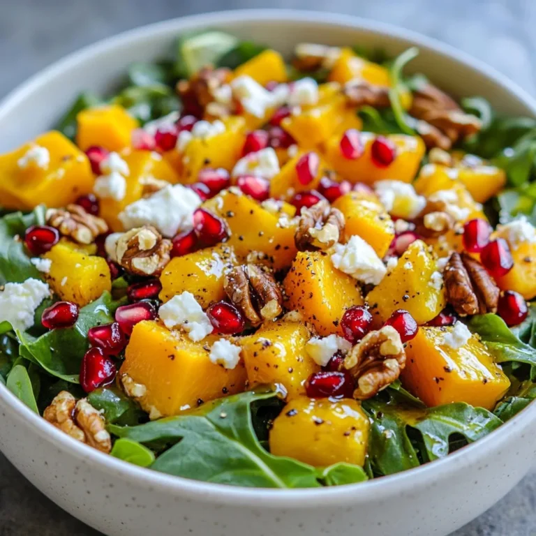 - 2 cups mixed salad greens (arugula, spinach, and kale) - 1 cup cooked quinoa - 1 cup butternut squash, peeled and cubed - 1/2 cup pomegranate seeds - 1/2 cup feta cheese, crumbled - 1/4 cup walnuts, roughly chopped - 1/4 cup dried cranberries - 1/4 cup olive oil - 2 tablespoons apple cider vinegar - 1 tablespoon maple syrup When I create a salad, I want it to burst with flavor. This Pomegranate Autumn Harvest Salad does just that. You start with mixed salad greens like arugula, spinach, and kale. Each green adds a unique crunch and taste. Then, you have cooked quinoa, which makes the salad hearty. It’s rich in protein and keeps you full. Next, the star of the show is roasted butternut squash. When you roast it, the natural sugars caramelize, giving it a sweet and nutty flavor. The warm squash contrasts perfectly with the fresh greens. Now, let’s talk about fun add-ins. Pomegranate seeds add a pop of color and a sweet-tart zing. Crumbled feta cheese brings in a creamy texture that balances the crunch. I love adding walnuts for a nutty crunch and dried cranberries for a chewy sweetness. The dressing is simple yet delicious. Olive oil gives a smooth base, while apple cider vinegar adds tang. A touch of maple syrup sweetens it just right. This dressing ties all the flavors together and makes each bite memorable. {{ingredient_image_2}} 1. Preheat the oven: Start by setting your oven to 400°F (200°C). This heat is perfect for roasting the squash. 2. Cooking quinoa: While the oven heats, rinse 1 cup of quinoa under cold water. Then, cook it following package instructions. Usually, you simmer it in water or broth until it becomes fluffy. When done, fluff it with a fork and let it cool. 1. Seasoning and baking times: Cut 1 cup of peeled butternut squash into cubes. Spread them on a baking sheet. Drizzle with 1 tablespoon of olive oil. Sprinkle with salt and pepper. Roast the squash for 25-30 minutes. 2. Visual cues for doneness: Look for a golden-brown color and fork-tender texture. The squash should be soft and slightly caramelized. 1. Combining salad ingredients: In a large bowl, mix 2 cups of salad greens, the cooled quinoa, roasted butternut squash, 1/2 cup of pomegranate seeds, 1/2 cup of crumbled feta cheese, 1/4 cup of walnuts, and 1/4 cup of dried cranberries. 2. Tossing with dressing: In a small bowl, whisk together 1/4 cup of olive oil, 2 tablespoons of apple cider vinegar, 1 tablespoon of maple syrup, salt, and pepper. Drizzle this dressing over the salad. Gently toss everything until all the ingredients are well coated. To balance flavors, use fresh herbs like parsley or mint. These herbs brighten the dish. You can also add a splash more apple cider vinegar for extra tang. Taste as you go to find your perfect mix. For crunch and freshness, use crisp greens. Arugula, spinach, and kale work well together. Mix them right before serving to keep them crisp. Serve the salad in a large, shallow bowl. This makes it easy for guests to take what they want. You can also plate individual servings for a fancy touch. It looks nice and saves time. Garnish the salad with extra pomegranate seeds and a few walnut pieces. This adds color and texture. Try a drizzle of extra dressing on top for a great look. To adjust servings for gatherings, simply double or triple the ingredients. Keep the same ratios for flavor. For ingredient substitutions, swap quinoa with farro or barley. These grains add a new taste and texture. You can also replace feta with goat cheese for a different flavor. Pro Tips Roasting Perfection: Ensure your butternut squash is cut into uniform pieces for even roasting. This helps achieve that perfect caramelization and tenderness. Quinoa Cooking: Rinse quinoa thoroughly before cooking to remove its natural coating, saponin, which can impart a bitter taste. This step is essential for a deliciously fluffy result. Dressing Balance: Taste your dressing before adding it to the salad. Adjust the sweetness of the maple syrup or the acidity of the vinegar to suit your personal preference. Garnishing for Flair: Add extra pomegranate seeds and walnut pieces as a garnish for an appealing presentation. It enhances the visual appeal and adds a satisfying crunch in every bite. {{image_4}} For those who follow a vegan diet, you can skip the feta cheese and use a vegan cheese alternative. Many brands offer creamy options that melt beautifully. You can also use tahini or avocado for creaminess. If gluten is a concern, quinoa is naturally gluten-free. Just ensure that any additional ingredients, like the dressing, are also gluten-free. Look for tamari instead of soy sauce if you want to boost flavor while keeping it safe. In autumn, you can swap in other vegetables like roasted carrots or Brussels sprouts. These can add even more color and flavor to your salad. If you want a twist, try adding sliced apples or pears instead of pomegranate. For cheese, blue cheese or goat cheese can give a sharp flavor. Each option offers a unique taste that complements the salad well. To boost protein, grilled chicken is a great choice. Season it simply with salt and pepper, then grill until cooked. You can also use marinated tofu for a plant-based option. For more protein, mix in extra quinoa. You could also try adding chickpeas or black beans. They add a hearty texture and pair well with the salad's flavors. To keep your Pomegranate Autumn Harvest Salad fresh, store it in an airtight container. This helps keep the greens crisp and the flavors vibrant. Layer the heavier ingredients, like butternut squash and quinoa, at the bottom. Place the greens on top to avoid wilting. If you have dressing left, store it separately. This prevents sogginess. You may not need to reheat the salad, but if you want to enjoy warm butternut squash, do it carefully. Use the microwave on low power for a short time. Avoid heating the salad dressing, as it can lose flavor. Serve the salad cold or at room temperature for the best taste. The salad lasts about 3 days in the fridge. Check for signs of spoilage like brown or slimy greens. If the pomegranate seeds look dry or shriveled, it’s time to toss them. Always trust your senses when it comes to food safety. Yes, you can prepare this salad ahead of time. To do this, follow these meal prep tips: - Store Ingredients Separately: Keep the salad greens, quinoa, and roasted squash in different containers. This helps to keep everything fresh. - Add Dressing Later: Wait to add the dressing until just before serving. This keeps the greens crisp and prevents sogginess. - Chill in the Fridge: You can store the ingredients in the fridge for up to two days. This way, you have a quick meal ready to go! Pomegranates pack a punch of health benefits. Here are some key points: - Rich in Antioxidants: Pomegranates are full of antioxidants. These help fight free radicals in your body. - Good for Heart Health: Eating pomegranates may lower blood pressure and improve cholesterol levels. - High in Vitamins: They provide vitamin C, which boosts your immune system, and vitamin K, which is good for bones. - Low in Calories: Pomegranate seeds are low in calories. They add flavor without adding too much to your diet. Yes, you can use frozen butternut squash in this salad. Here’s how to do it: - No Need to Thaw: You can roast frozen butternut squash without thawing it first. Just add a few extra minutes to the cooking time. - Check for Seasoning: Frozen squash may have less flavor than fresh. Add a pinch more salt and pepper to enhance the taste. - Watch Cooking Time: Keep an eye on the squash as it cooks. Roasting times may vary, so check for tenderness and browning. This salad recipe brings together fresh greens, quinoa, and roasted butternut squash. You enhance it with tasty add-ins like pomegranate seeds and feta. Follow the clear steps for perfect cooking and assembling. Remember to balance flavors and present it well. Incorporate variations to suit your diet or the season. Storing leftovers properly keeps it fresh longer. Enjoy this hearty salad, packed with nutrition and flavor. It's simple to make and great for any occasion.