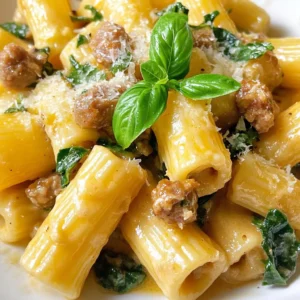 - 12 ounces rigatoni pasta - 1 pound Italian sausage (mild or spicy) - 1 tablespoon extra virgin olive oil - 1 medium onion, finely chopped - 3 cloves garlic, minced - 1 cup heavy cream - 1 cup freshly grated Parmesan cheese - 1 cup fresh spinach, roughly chopped - 1 teaspoon dried oregano - &frac12; teaspoon red pepper flakes (optional) - Salt and freshly cracked black pepper to taste - Fresh basil leaves, for garnish You can swap the rigatoni for penne or fusilli. If you prefer chicken, use ground chicken instead of sausage. For a lighter option, replace heavy cream with half-and-half or a non-dairy alternative like coconut cream. If you want to skip cheese, try nutritional yeast for a cheesy flavor. To make creamy sausage rigatoni, you need: - Large pot for boiling pasta - Skillet for cooking sausage and sauce - Wooden spoon or spatula for stirring - Colander for draining pasta - Measuring cups and spoons for accuracy - Knife and cutting board for chopping This list covers everything you need to create a creamy and savory dish. Enjoy your cooking! {{ingredient_image_2}} Bring a large pot of salted water to a boil. Add 12 ounces of rigatoni pasta. Cook it according to the package's instructions until it&rsquo;s al dente. This means it should be firm to the bite. Drain the pasta, but keep about &frac12; cup of the cooking water. This water will help adjust the sauce later. In a large skillet, pour in 1 tablespoon of extra virgin olive oil. Heat it over medium heat. Add 1 pound of Italian sausage to the skillet. Use a wooden spoon to break it apart. Cook the sausage for 5 to 7 minutes. Stir it often until it turns a nice brown color and is fully cooked. Once the sausage is ready, add a finely chopped medium onion to the skillet. Saut&eacute; it for 3 to 4 minutes, until the onion becomes soft and clear. Next, toss in 3 minced garlic cloves. Cook for another minute. The smell of garlic will fill your kitchen! Now, reduce the heat to low. Pour in 1 cup of heavy cream and stir it all together. Gradually add 1 cup of grated Parmesan cheese. Keep stirring until the cheese melts into a creamy sauce. Stir in 1 cup of roughly chopped spinach and 1 teaspoon of dried oregano. If you want some heat, add &frac12; teaspoon of red pepper flakes. Season with salt and black pepper to taste. If the sauce is too thick, mix in some of the reserved pasta water. Now, add the drained rigatoni to the skillet. Toss everything together until the pasta is well coated with the creamy sauce. Serve hot and enjoy your flavorful dinner! To cook perfect rigatoni, start with a big pot. Use plenty of salted water. This helps the pasta stay flavorful. Boil the water until it's rolling. Add the rigatoni and stir to prevent sticking. Cook until al dente, which means it should still have a slight bite. Remember to save some pasta water; it&rsquo;s great for adjusting your sauce later. If your sauce needs to be thicker, try these tips: - Add more cheese: Parmesan melts well and adds flavor. - Use a cornstarch slurry: Mix cornstarch with water, then stir it in. - Simmer longer: Let the sauce cook down to remove excess water. - Add more cream: This makes the sauce richer and thicker. Boost the flavor of your creamy sausage rigatoni with these ideas: - Fresh herbs: Basil or parsley adds freshness. - Lemon zest: A little zest brightens up the dish. - More spices: Consider adding garlic powder or Italian seasoning for extra depth. - Red pepper flakes: If you like heat, sprinkle in some more for a spicy kick. These tips will make your creamy sausage rigatoni truly stand out! Enjoy experimenting and finding your perfect flavor balance. Pro Tips Choose Your Sausage Wisely: Opt for high-quality Italian sausage for the best flavor. If you prefer a kick, spicy sausage will elevate the dish. Perfectly Cooked Pasta: Make sure to cook the rigatoni until al dente. This ensures the pasta holds its shape and texture when mixed with the sauce. Fresh Ingredients Matter: Use fresh spinach and freshly grated Parmesan cheese to enhance the creaminess and overall flavor of the dish. Customize Your Heat Level: Adjust the amount of red pepper flakes according to your spice tolerance. You can always add more, but it's hard to take it out once added! {{image_4}} You can make a tasty vegetarian version of creamy rigatoni. Swap the sausage for plant-based sausage or mushrooms. Use the same spices and cooking steps. This way, you keep the rich flavor without meat. You can also try adding lentils for extra protein. Rigatoni is great, but other pasta shapes work well too. Penne, fusilli, or even farfalle are good choices. Each shape holds the sauce differently, adding fun to your meal. Choose whatever you have on hand or prefer. You can boost your creamy rigatoni by adding veggies. Broccoli, bell peppers, or zucchini add color and nutrients. Cook them with the sausage for a full meal. If you want more protein, try adding grilled chicken or shrimp. These options make the dish even more filling and tasty. To keep your creamy sausage rigatoni fresh, place it in an airtight container. Make sure to let the pasta cool down first. Store it in the fridge for up to three days. If you want to keep it longer, freezing is a great option. When you&rsquo;re ready to enjoy your leftovers, reheat them gently. You can use a skillet over medium heat. Add a splash of water or cream to help loosen the sauce. Stir often until it&rsquo;s warm. You can also use the microwave. Heat in short bursts, stirring in between, until hot. If you want to freeze your creamy sausage rigatoni, portion it into freezer-safe bags or containers. Make sure to remove as much air as possible. It can stay in the freezer for up to three months. When you&rsquo;re ready to eat, thaw it in the fridge overnight before reheating. Enjoy your meal anytime! Yes, you can! Feel free to swap Italian sausage for chicken, turkey, or even plant-based sausage. Each type will give a different flavor. Chicken sausage adds a lighter taste, while spicy sausage gives a kick. The key is to find a sausage you love. This will still keep the dish rich and tasty. To make this dish dairy-free, use coconut cream or cashew cream instead of heavy cream. You can also use nutritional yeast for a cheesy taste without dairy. Choose a dairy-free cheese for the topping if you want. The dish will still be creamy and delicious! Creamy Sausage Rigatoni pairs well with a simple side salad. A fresh green salad with lemon vinaigrette adds brightness. Garlic bread is another great side. It helps to soak up the creamy sauce. You can also serve it with roasted vegetables for extra nutrition. Enjoy these sides with your meal! This blog post shared how to make a delicious creamy sausage rigatoni. We looked at essential ingredients and tools needed to start. You learned step-by-step instructions for cooking pasta and the sauce. I shared tips to enhance flavors and ensure a creamy texture. You can try different variations or save leftovers for later. Now, you&rsquo;re ready to impress with this dish, whether for a weeknight meal or a special occasion. Enjoy cooking and experimenting with your own flavors!