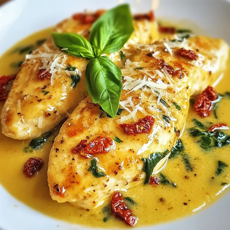 - 4 boneless, skinless chicken breasts - 1 tablespoon olive oil - 1 teaspoon garlic powder - 1 teaspoon onion powder - 1 teaspoon Italian seasoning - Salt and black pepper, to taste - 1 cup sun-dried tomatoes, roughly chopped - 1 cup heavy cream or dairy-free substitute (coconut cream) - 1 cup grated Parmesan cheese - 2 cups fresh spinach, roughly chopped - Fresh basil leaves for garnish Gathering the right ingredients is key to making Marry Me Chicken. Start with the chicken. I use four boneless, skinless chicken breasts. They cook evenly and stay juicy. Next, you'll need olive oil for searing the chicken. A tablespoon is enough to get that nice golden crust. The spices are where the flavor starts. I use garlic powder, onion powder, and Italian seasoning. Each adds depth to the dish. Don't forget salt and black pepper. They help balance the flavors. For a burst of color and taste, add sun-dried tomatoes. Chopping one cup gives you a sweet, tangy punch. Cream makes this dish rich. I prefer heavy cream, but you can use coconut cream for a dairy-free option. One cup will create a velvety sauce. Parmesan cheese is a must. One cup adds a salty, nutty flavor that pairs well with the cream. Lastly, fresh spinach brightens up the dish. Two cups, roughly chopped, make it colorful and healthy. Top it off with fresh basil leaves for a lovely finish. They add freshness and aroma to your plate. Now you’re ready to make a meal that tastes as good as it sounds! {{ingredient_image_2}} Start by preheating your oven to 375°F (190°C). This step is key to cooking the chicken evenly. While the oven heats, season both sides of the chicken breasts. Use garlic powder, onion powder, Italian seasoning, salt, and black pepper. Make sure to rub the spices well for a full flavor. Next, grab a large oven-safe skillet. Heat the olive oil over medium-high heat until it shimmers. Carefully add the seasoned chicken breasts to the skillet. Sear each side for 5-7 minutes until they turn golden brown. This step locks in the juices and adds a nice crust. Once browned, place the chicken on a plate to rest. In the same skillet, add the chopped sun-dried tomatoes. Sauté them for about 2 minutes. This will help bring out their rich taste. Then, pour in the heavy cream. Stir gently until it simmers but does not boil. Gradually mix in the grated Parmesan cheese. Keep stirring until it melts. The sauce will become creamy and smooth. Finally, add the chopped spinach, stirring until it wilts and turns bright green. Return the seared chicken to the skillet. Make sure to spoon some of the sauce over each piece. Carefully move the skillet to the preheated oven. Bake for 20-25 minutes. Check that the chicken reaches an internal temperature of 165°F (75°C). Once done, take the skillet out and let it cool for a few minutes. Garnish with fresh basil leaves before serving. Enjoy the rich flavors and creamy goodness of this dish! To sear chicken well, use a hot skillet. I like to warm the olive oil until it shimmers. Season the chicken with garlic powder, onion powder, Italian seasoning, salt, and black pepper. This adds flavor. Sear each side for 5-7 minutes until golden brown. Don't overcrowd the pan. This helps keep the heat high and the chicken crispy. For a thicker sauce, add more Parmesan cheese. If your sauce is too thick, add a splash of chicken broth or milk. Stir it in slowly until you reach your desired consistency. Remember, the sauce should coat the chicken without being runny. To serve, place the chicken on a plate and drizzle with sauce. Add fresh basil leaves on top for color. This makes the dish look great. Serve with creamy garlic mashed potatoes or a green salad. This adds balance and makes your meal complete. Pro Tips Use Fresh Ingredients: Always opt for fresh spinach and high-quality sun-dried tomatoes to enhance the flavor of the dish. Perfectly Sear the Chicken: Ensure your skillet is hot before adding the chicken to achieve a beautiful golden crust. Adjust the Creaminess: For a lighter sauce, add more broth or a splash of white wine instead of using only heavy cream. Serve with Style: Pair the dish with crusty bread or over a bed of pasta to soak up the delicious sauce. {{image_4}} You can change the spinach and cheese in Marry Me Chicken to fit your taste. Try kale or Swiss chard instead of spinach. Both add a nice flavor and color. For cheese, goat cheese or feta gives a tangy taste. You can even leave out cheese if you want a lighter dish. If you're looking for a dairy-free option, swap heavy cream for coconut cream. This change keeps the dish creamy while adding a subtle coconut flavor. Use nutritional yeast instead of Parmesan for a cheesy taste without dairy. You can also add a bit of lemon juice for extra brightness. Feel free to add other veggies to the dish. Zucchini, bell peppers, or mushrooms work great. Just chop them small so they cook well. Sauté them with the sun-dried tomatoes for extra flavor. You can mix and match based on what you have at home. This dish can become your own creation! To store your leftover Marry Me Chicken, let it cool first. Place the chicken and sauce in an airtight container. Make sure to cover it well. Store it in the fridge for up to three days. This keeps the flavors fresh and tasty. Reheat your Marry Me Chicken in the oven for the best results. Preheat your oven to 350°F (175°C). Place the chicken in an oven-safe dish. Cover it with foil to keep it moist. Heat for about 15-20 minutes. You can also use a microwave. Heat on medium power for 2-3 minutes, checking often. You can freeze Marry Me Chicken for later. First, let it cool completely. Then, place it in a freezer-safe container. Make sure to label it with the date. It can last up to three months in the freezer. To thaw, move it to the fridge overnight before reheating. Marry Me Chicken is a creamy chicken dish that warms the heart. It uses chicken breasts, sun-dried tomatoes, and a rich cream sauce. This dish is famous for its delicious flavor and tender chicken. Many say it’s so good, it might even lead to a proposal! Yes, you can use chicken thighs instead of breasts. Thighs have more fat, making them juicy and flavorful. Just ensure they cook fully to 165°F (75°C). The cooking time may change slightly, so check for doneness. To make Marry Me Chicken gluten-free, stick to gluten-free ingredients. Use gluten-free flour or skip flour altogether. Ensure your chicken broth and seasonings are gluten-free. This way, everyone can enjoy this tasty dish! Marry Me Chicken pairs well with many sides. Here are some great options: - Creamy garlic mashed potatoes - Simple green salad - Steamed asparagus - Roasted vegetables - Garlic bread These sides enhance the meal and balance the rich chicken flavor. Cooking chicken in the oven takes about 20-25 minutes at 375°F (190°C). Always check the internal temperature to ensure it reaches 165°F (75°C). This ensures the chicken is safe to eat and juicy. You learned how to make Marry Me Chicken and why it’s so loved. With just a handful of ingredients and some easy steps, you can whip up this dish. Remember to choose your favorite cheese or veggies for your own twist. Proper storage and reheating help keep leftovers fresh. Enjoy sharing this meal with loved ones. A great dish like this brings joy and smiles to your table, making any occasion special. Happy cooking!