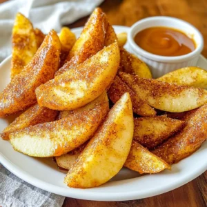 - 2 medium-sized apples (Granny Smith or Honeycrisp) - 1 cup all-purpose flour - 1 teaspoon ground cinnamon - 1/2 teaspoon ground nutmeg - 1/4 cup granulated sugar - 1/2 cup milk (dairy or non-dairy) - 1/2 cup breadcrumbs (preferably panko) - Cooking spray - Optional: caramel sauce for dipping To make these apple fries, you&rsquo;ll need just a few simple ingredients. Choose fresh, crisp apples like Granny Smith or Honeycrisp. Their tartness pairs well with the sweetness of the sugar and spices. Be sure to have flour, cinnamon, nutmeg, and granulated sugar ready. The flour gives a nice base, while the cinnamon and nutmeg add warmth and flavor. The milk helps the breading stick. For that extra crunch, panko breadcrumbs work best. Finally, cooking spray adds crispiness to each fry. You can serve them with caramel sauce for a sweet dip. {{ingredient_image_2}} First, set your air fryer to 375&deg;F (190&deg;C). Preheating helps the apple fries cook evenly. This step is key for that crispy texture we all love! In a shallow bowl, mix these dry ingredients: - 1 cup all-purpose flour - 1 teaspoon ground cinnamon - 1/2 teaspoon ground nutmeg - 1/4 cup granulated sugar Stir until well combined. This mix adds great flavor and sweetness to your apple fries. Next, take your apple wedges. Dip each wedge into the flour mix first. Make sure it&rsquo;s covered well. Then, dip it into 1/2 cup of milk. Let any extra milk drip off. Lastly, roll the wedge in breadcrumbs. Press gently to coat it well. This creates a crunchy outer layer. Now, arrange the breaded apple fries in a single layer in the air fryer basket. Don&rsquo;t overcrowd them; they need space to crisp up. Lightly spray the fries with cooking spray for extra crunch. Cook the apple fries for 10-12 minutes. Flip them halfway through for even browning. Keep an eye on them until they turn golden brown. Once done, remove them from the air fryer and let them cool for a minute before serving. To get the best crispiness, use cooking spray. This helps the fries turn golden and crunchy. Spray them lightly before cooking. Flipping the fries halfway through is key. This step ensures even cooking on both sides. Not all apples work well for frying. I recommend Granny Smith or Honeycrisp apples. Granny Smith offers a tart taste, while Honeycrisp is sweet and juicy. Both types have the right texture for frying. Their firmness keeps them from turning mushy. Presentation makes a big difference. Serve the apple fries on a rustic wooden board or a stylish plate. Drizzle caramel sauce over the fries for a sweet touch. A light sprinkle of cinnamon adds color and flavor. This will impress your guests and make the dish look more appealing. Pro Tips Choose the Right Apples: Opt for tart apples like Granny Smith or Honeycrisp for the best flavor and texture in your fries. Get Creative with Coatings: Try adding different spices like ginger or allspice to the flour mixture for a unique flavor twist. Don&rsquo;t Overcrowd the Air Fryer: Cook in batches to ensure each apple fry gets enough hot air circulation for optimal crispiness. Serve Immediately: For the best texture, serve the apple fries right after cooking while they are still warm and crispy. {{image_4}} You can make air fryer apple fries even tastier! Try adding a few drops of vanilla extract to the milk. This will add a sweet, warm flavor that pairs well with apples. You can also sprinkle in some extra spices. A pinch of cloves or ginger can give your fries a cozy twist. Experiment with flavors that you love! If you want a healthier version, consider using whole wheat flour instead of all-purpose flour. Whole wheat flour adds fiber and nutrients. You can also try using almond flour or oat flour for a gluten-free option. These alternatives still give you that crunchy texture while being better for your health. Caramel sauce is great, but there are more options! How about a yogurt dip? Mix plain yogurt with a bit of honey for sweetness. You can also try a fun peanut butter dip. Just blend peanut butter with a splash of milk until smooth. If you like chocolate, melt some chocolate chips for a rich treat. The choice is yours, so have fun with it! To keep your apple fries fresh, place them in an airtight container. Make sure they cool down before sealing. Store them in the fridge for up to three days. If you want them crispy later, avoid stacking them too high in the container. You can also place a paper towel at the bottom to absorb extra moisture. This will help maintain their crunch. To reheat your apple fries, use your air fryer. This method keeps them crispy. Set your air fryer to 350&deg;F (175&deg;C). Place the apple fries in the basket in a single layer. Heat them for about 5 minutes. Check to see if they are warm and crispy. If not, add another minute or two. Enjoy your tasty treat just like when they were fresh! Using frozen apples is not ideal for this recipe. Frozen apples lose their crunch and can turn mushy when cooked. Fresh apples, like Granny Smith or Honeycrisp, work best. They stay firm and crisp during cooking. If you only have frozen apples, try to thaw and drain them first. To keep your apple fries crispy, coat them well. Use the coating mix of flour, cinnamon, nutmeg, and sugar. Make sure to dip each wedge in milk and then in breadcrumbs. Spray them lightly with cooking spray before air frying. Cooking them in a single layer helps too. Flip them halfway through cooking for even crispiness. You can prepare the apple wedges in advance. Bread them and keep them in the fridge for a few hours. When ready to cook, just pop them in the air fryer. Avoid coating them too early, as they may get soggy. It&rsquo;s best to cook them fresh for that crispy bite. You can use various fruits in the air fryer. Try pears, bananas, or peaches. These fruits also get soft and sweet when cooked. Just remember to adjust cooking times. For a fun twist, you can even coat them like apple fries. Enjoy the flavors of different fruits in your air fryer! You now have a simple and tasty recipe for air fryer apple fries. We covered ingredient choices, step-by-step cooking instructions, and helpful tips. Remember to pick the right apples for the best flavor and texture. Experiment with different spices and dips to make this dish your own. Whether you're serving them for a snack or dessert, these apple fries are sure to please. Enjoy your crispy treats and share this recipe with friends!