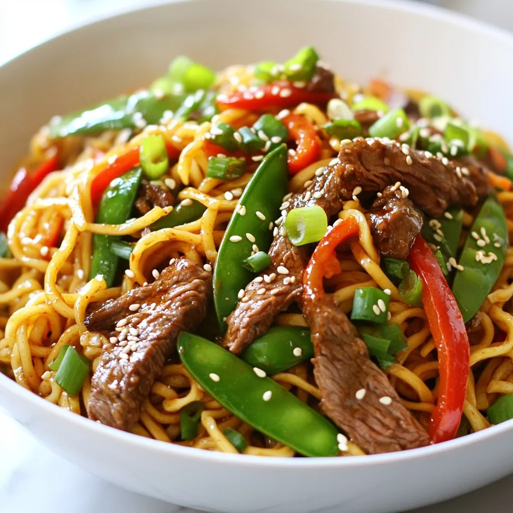 - Egg noodles: You need 8 oz. of egg noodles. They add a nice chewy texture. - Flank steak: Use 1 lb. of flank steak, cut thin against the grain for tenderness. - Soy sauce and oyster sauce: These sauces add rich umami. Use 2 tablespoons soy sauce and 1 tablespoon oyster sauce. - Vegetable oil and sesame oil: You'll need 2 tablespoons of vegetable oil and 1 teaspoon of sesame oil for cooking and flavor. - Aromatics: garlic and ginger: Grab 2 cloves of minced garlic and a piece of fresh ginger, grated. They bring great flavor. - Vegetables: red bell pepper and snow peas: Use 1 thinly sliced red bell pepper and 1 cup of trimmed snow peas for crunch and color. - Seasonings: chili paste, salt, and pepper: Add 1 teaspoon of chili paste for spice, plus salt and pepper to taste for balance. - Optional garnish: green onions and sesame seeds: For a fresh touch, add 3 finely chopped green onions and a sprinkle of sesame seeds. {{ingredient_image_2}} To start, take a medium bowl and add the thinly sliced flank steak. Pour in soy sauce, oyster sauce, and cornstarch. Sprinkle in a dash of salt and pepper. Mix well until the beef is coated evenly. Cover the bowl and let it sit in the fridge for at least 15 minutes. This step helps the beef become tender and flavorful. Next, fill a large pot with salted water and bring it to a boil. Add the egg noodles and cook them according to the package instructions. Aim for about 4-5 minutes to get an al dente texture. Once done, drain the noodles. To prevent sticking, toss them with a small amount of oil. Now, heat 1 tablespoon of vegetable oil in a large skillet or wok over high heat. When the oil is hot, add the marinated beef in a single layer. Cook for 2-3 minutes until the beef turns brown and is cooked through. Once browned, remove the beef from the pan and set it aside to keep warm. In the same skillet, add the remaining tablespoon of vegetable oil. Toss in the minced garlic and grated ginger. Sauté them for about 30 seconds until they smell great but do not burn. This adds a nice flavor base to your dish. Add the sliced red bell pepper and trimmed snow peas to the skillet. Stir-fry these veggies for 2-3 minutes. You want them vibrant and tender-crisp. This keeps the colors bright and the crunch intact. Return the cooked beef to the skillet along with the drained noodles. Drizzle with sesame oil and chili paste. Gently toss everything together over medium heat for 2 minutes. This mixes the flavors well. Taste your dish and adjust seasonings if needed. If you like it spicy, add more chili paste. For more saltiness, splash in some extra soy sauce. To make your beef and noodles burst with flavor, consider these tips: - Sauces: Use soy sauce and oyster sauce for a rich taste. Add a splash of fish sauce for complexity. - Spices: Garlic and ginger bring warmth. If you like heat, add more chili paste or fresh chili slices. - Balancing: Taste as you go. If it’s too salty, add a splash of vinegar or lime juice. This helps balance the flavors. Cooking beef and noodles well makes a big difference. - High Heat: Always use high heat for stir-frying. This gives you that nice sear and keeps your beef tender. - Utensils: Use a wok or large skillet. A wooden spatula helps you toss the beef and veggies without sticking. How you serve your dish can elevate the meal. - Vibrant Bowls: Serve your beef and noodles in bright, colorful bowls. This makes the dish more inviting. - Garnishing: Top with chopped green onions and sesame seeds. For extra flair, drizzle some chili oil on top. This adds color and flavor. Pro Tips Marinate for Maximum Flavor: Allow the beef to marinate for at least 30 minutes, or even overnight if time permits, to enhance its tenderness and flavor absorption. High Heat is Key: Use high heat when stir-frying to quickly sear the beef and vegetables. This helps maintain their texture and prevents them from becoming soggy. Vegetable Variations: Feel free to customize the vegetables based on your preferences or seasonal availability. Broccoli, carrots, or bok choy can also work well in this dish. Perfect Noodle Cooking: Be careful not to overcook the egg noodles. They should be al dente as they will continue to cook slightly when tossed with the hot beef and vegetables. {{image_4}} You can switch out the flank steak for other proteins. Chicken, turkey, or tofu work great. If you choose chicken or turkey, use breast meat for a lean option. Cut the meat into thin strips just like the beef. For tofu, use firm or extra-firm tofu. Press it to remove excess water, then cut it into cubes. Marinate the tofu just like the beef. This gives it great flavor and texture. Each protein brings its own charm to the dish. Changing up the veggies can add fun twists. You might try carrots, broccoli, or bell peppers. Thinly slice carrots for a sweet crunch. Broccoli florets add color and nutrients. You can even toss in baby corn or snap peas for a different bite. The key is to keep veggies tender-crisp. This makes sure they stay bright and flavorful. Mix and match to find your favorite combos. Want more heat? Adjust the spice level easily. Use different chili pastes or fresh peppers. Sriracha gives a tangy kick. You can also add red pepper flakes for extra spice. If you prefer less heat, reduce the chili paste. Start with a little, then taste and adjust. This way, you create a dish that fits your taste. Remember, it's all about what you enjoy! To keep your beef and noodles fresh, use airtight containers. Glass or plastic containers work well. Let the dish cool before sealing. Store it in the fridge for up to three days. For the best flavor, eat the leftovers within this time. When reheating, use the stovetop or microwave. For the stovetop, add a splash of water in a pan. Heat the dish over low to medium heat, stirring gently. This helps keep the noodles soft. In the microwave, use a microwave-safe dish. Cover it with a damp paper towel to keep moisture in. Heat in short bursts, stirring in between. To freeze, use freezer-safe containers or bags. Portion your beef and noodles to make it easy. Remove as much air as possible to prevent freezer burn. You can freeze it for up to three months. To thaw, move the container to the fridge overnight. You can also use the microwave, but be careful not to cook it while thawing. You can use several cuts instead of flank steak. Skirt steak, sirloin, or ribeye work well. Each cut has a different taste and texture. Skirt steak is tender and flavorful. Sirloin is lean but still juicy. Ribeye has more fat, giving a rich taste. Choose what you like best for your dish. To make this dish gluten-free, swap egg noodles for rice noodles or gluten-free pasta. For sauces, use a gluten-free soy sauce. There are many brands available. These changes keep the flavor but remove gluten. Always check labels to ensure all ingredients are gluten-free. Yes, you can prepare this dish ahead of time. Cook the beef and noodles, then store them separately in the fridge. You can mix them right before serving. For best results, eat within three days. Reheat in a pan over low heat to maintain texture and flavor. In this blog, we explored the essential ingredients and simple steps to create a delicious stir-fry. We covered marinating beef, cooking noodles, and sautéing vegetables for the best texture. I shared tips to enhance flavor and presentation. Remember, you can easily adjust this dish by swapping proteins or vegetables. Enjoy experimenting and making it your own. Stir-frying is quick and fun, so dive in and savor each bite!