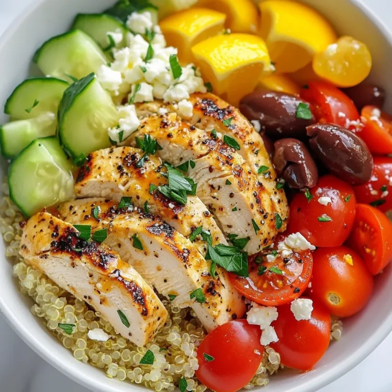 - 1 lb boneless, skinless chicken breasts - 2 tablespoons olive oil - 2 cups cooked quinoa - 1 cup cherry tomatoes, halved - 1 cucumber, diced - 1 red bell pepper, diced - 1 cup Kalamata olives, pitted and halved - 1 cup feta cheese, crumbled Each of these items brings unique flavors. The chicken provides the protein, while quinoa adds a tasty, nutty base. Fresh veggies like cherry tomatoes and cucumbers brighten the dish. Kalamata olives and feta cheese give it that true Greek twist. - 2 teaspoons dried oregano - 1 teaspoon garlic powder - Salt and black pepper to taste The seasoning is simple but powerful. Dried oregano adds a fragrant touch. Garlic powder gives depth, while salt and pepper enhance every flavor. These spices tie the dish together beautifully. - Fresh parsley, chopped - Juice of 1 lemon Garnishes elevate the meal. Fresh parsley adds color and freshness. A squeeze of lemon juice brightens all the flavors, making every bite delightful. {{ingredient_image_2}} To start, preheat your oven to 400°F (200°C). In a medium bowl, mix 2 tablespoons of olive oil, 2 teaspoons of dried oregano, 1 teaspoon of garlic powder, salt, and black pepper. This blend will give the chicken great flavor. Coat each chicken breast with this mix, covering all sides well. Place the chicken on a baking tray lined with parchment paper. This makes clean-up easy. Bake the chicken for 20-25 minutes. Use a meat thermometer to check that it reaches 165°F (75°C). After baking, let the chicken rest for 5 minutes. This step keeps the juices inside, making the chicken moist. While the chicken bakes, rinse 1 cup of quinoa under cold water using a fine-mesh sieve. This helps remove any bitterness. In a medium saucepan, bring 2 cups of water to a boil. Add the rinsed quinoa to the boiling water. Lower the heat, cover the pan, and let it simmer for about 15 minutes. Once the water is gone, fluff the quinoa gently with a fork. Set it aside for later. While the quinoa cooks, it's time to chop the veggies. Dice the cucumber into small cubes. Cut the cherry tomatoes in half. Dice the red bell pepper into bite-sized pieces. For Kalamata olives, slice them in half. This adds flavor and texture to your bowls. Now comes the fun part—assembling your bowls! In meal prep containers, start with a base of quinoa. Spread it out evenly. Next, layer the sliced chicken on top. Add the cherry tomatoes, diced cucumber, red bell pepper, and halved Kalamata olives. Finally, sprinkle crumbled feta cheese over everything. To finish, squeeze fresh lemon juice on top for a zesty kick. This brightens all the flavors. Optionally, garnish with chopped fresh parsley for a pop of color. Your Greek Chicken Meal Prep Bowls are ready to enjoy! To make meal prep easy, start with a clean workspace. Gather all your ingredients first. This saves time and keeps you organized. Use sharp knives for quick chopping. Prep your vegetables while the chicken and quinoa cook. Store extra veggies in airtight containers. This keeps them fresh longer. For a twist, try different dressings. A tahini sauce adds creaminess. A spicy yogurt sauce can boost flavor. You can also swap spices. Try cumin or smoked paprika for extra depth. Mix and match ingredients to change things up. Add roasted red peppers or artichokes for variety. Oven times can vary. If your chicken is thicker, it may need more time. Always check the internal temperature. It should reach 165°F (75°C) for safe eating. If using a slow cooker, cook on low for 4-6 hours. Adjust cooking times based on your appliances to ensure perfect results. Pro Tips Marinate for Extra Flavor: Allow the chicken to marinate in the olive oil and spices for at least 30 minutes before baking. This will enhance the flavor and tenderness of the meat. Perfectly Fluffy Quinoa: To ensure your quinoa is perfectly fluffy, let it sit covered for 5 minutes after cooking before fluffing it with a fork. Veggie Variations: Feel free to swap in seasonal vegetables or your favorites, such as bell peppers or zucchini, to customize the bowl to your taste. Meal Prep Made Easy: This bowl is great for meal prepping. Prepare the ingredients in advance and assemble them in containers for quick grab-and-go lunches throughout the week. {{image_4}} For gluten-free or low-carb diets, you can easily adapt this recipe. Use cauliflower rice instead of quinoa. It offers a similar texture and is very low in carbs. If you need a gluten-free option, ensure all your ingredients, like olives and feta, are certified gluten-free. You can also swap regular olive oil for avocado oil for a different flavor. If you want to change the protein, several great options exist. Tofu works well for a plant-based choice. Marinate tofu in the same olive oil mixture to add flavor. Shrimp is another tasty option. Cook it quickly in a pan for just a few minutes. For a heartier meal, chickpeas can replace the chicken, providing protein and fiber. Feel free to add more vegetables or legumes for extra nutrition. Spinach or kale adds a nice pop of green and boosts vitamins. Roasted red peppers can give a sweet flavor. You might also try adding black beans or lentils for a protein kick. Nuts like walnuts or almonds can add crunch and healthy fats, enhancing the meal's texture. To keep your Greek chicken meal prep bowls fresh, use airtight containers. Glass containers work well as they do not stain or retain odors. Make sure to divide the quinoa and toppings to prevent sogginess. Each bowl should have a good seal to keep out air. These bowls can stay fresh in the fridge for up to 4 days. When it comes time to eat, there are a few ways to reheat your meal prep bowls. The microwave is quick and easy; just heat in short bursts. Stir the bowl to ensure even heating. You can also use the oven for a crispier finish. Preheat it to 350°F (175°C) and heat for about 10-15 minutes. To avoid sogginess, do not cover the bowl tightly when reheating. Leave a small gap or use a microwave-safe lid. This allows steam to escape and keeps your meal enjoyable. To keep your chicken juicy, use the right cooking techniques. First, coat the chicken in olive oil, oregano, garlic powder, salt, and pepper. This mix locks in moisture. Bake the chicken at 400°F for 20-25 minutes. Use a meat thermometer to check for 165°F inside. Let the chicken rest for about 5 minutes after baking. This helps the juices redistribute, making each bite tender and juicy. Yes, you can freeze Greek Chicken Meal Prep Bowls. Assemble the bowls as normal but leave off the fresh garnishes. Use airtight containers to store them. They keep well in the freezer for up to three months. When ready to eat, thaw in the fridge overnight. Reheat in the microwave until hot. Add fresh garnishes like parsley and lemon juice before serving for the best flavor. If you want to substitute quinoa, there are several options. Brown rice is a popular choice. It cooks similarly and has a nice texture. Couscous is another great option, as it cooks quickly. For a low-carb choice, try cauliflower rice. It absorbs flavors well and is light. Each option brings a unique taste to your meal prep bowls. Choose based on your dietary needs and preferences. This article covers how to make Greek Chicken Meal Prep Bowls with fresh, healthy ingredients. You learned about the key components, like chicken, quinoa, and fresh vegetables. I provided steps for cooking, tips for meal prep, and variations for different diets. Remember, these bowls are versatile and easy to customize. You can store them well and reheat them without losing flavor. Enjoy creating colorful, delicious meals that keep you energized!