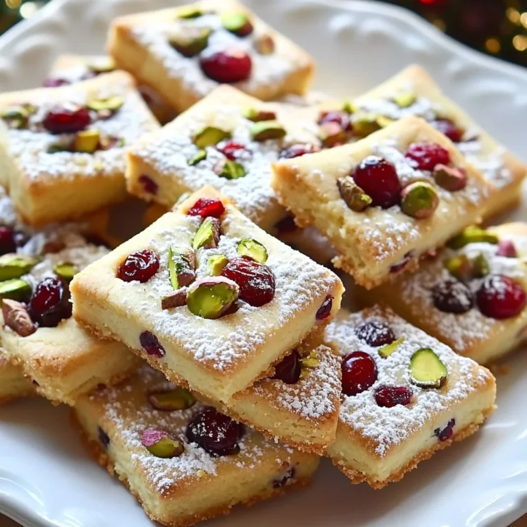 - 1 cup unsalted butter, softened - 3/4 cup powdered sugar, sifted - 2 cups all-purpose flour, spooned and leveled - 1/2 teaspoon fine sea salt - 1/2 cup dried cranberries, chopped - 1/2 cup pistachios, shelled and chopped - 1 teaspoon pure vanilla extract - Optional: Zest of 1 orange Gathering the right ingredients is key to making tasty cranberry pistachio shortbread cookies. Start with unsalted butter. It should be soft. This helps create a smooth dough. Next, use powdered sugar instead of granulated sugar. It gives a nice, sweet touch without being too grainy. You will need all-purpose flour, which helps create the cookie structure. The fine sea salt balances the sweetness and enhances flavors. Dried cranberries add a tart burst, while chopped pistachios give a nice crunch. Vanilla extract provides warmth and depth. If you want an extra zing, add the zest of one orange. It’s not necessary, but it makes the cookies even more special. You can find all these ingredients in most grocery stores. Having them ready will make your baking experience smooth and fun! {{ingredient_image_2}} - Preheat oven to 350°F (175°C). - Line baking sheet with parchment paper. - Cream butter and powdered sugar until fluffy. - Add vanilla extract and optional orange zest. - Combine flour and salt; fold in cranberries and pistachios. - Shape into a log and refrigerate for 30 minutes. - Slice dough into rounds and space on baking sheet. - Bake for 12-15 minutes until golden edges. - Cool on the baking sheet for 5 minutes before transferring. These steps create a tasty treat. Each method helps build flavor and texture. Enjoy your baking! Chilling the dough is key. It helps the cookies hold their shape. If you skip this step, your cookies may spread too much. Wrap your dough log well and chill for at least 30 minutes. This makes a big difference in texture. Avoid overmixing the dough. Once you add the flour, mix just enough. Stop as soon as the dough comes together. Overmixing can make cookies tough. You want a soft, crumbly texture that melts in your mouth. Dusting with powdered sugar adds a nice touch. It makes the cookies look fancy and inviting. After cooling, sprinkle a light layer on top. It enhances the color and gives a sweet taste. Garnish your cookies with whole pistachios and cranberries. This adds color and texture. You can place them on a decorative plate. It makes a beautiful display for parties or gifts. To check for doneness, look for light golden edges. The center may still look a bit soft. This is normal, as they will firm up while cooling. Keep an eye on them towards the end to avoid burning. If your oven runs hot or cool, adjust the baking time. You may need to check the cookies a minute or two earlier or later. Every oven is different, so trust your instincts! Pro Tips Chill the Dough: Chilling the dough not only helps in shaping but also prevents the cookies from spreading too much while baking, ensuring a perfect texture. Use Fresh Ingredients: For the best flavor, make sure to use fresh cranberries and pistachios. Stale nuts can negatively affect the taste of your cookies. Watch the Baking Time: Ovens can vary, so keep an eye on your cookies during the last few minutes of baking to avoid overbaking and ensure they are just golden around the edges. Experiment with Flavors: Feel free to swap out the dried cranberries for other dried fruits like cherries or apricots, or try different nuts to customize the flavor of your cookies. {{image_4}} You can customize these cookies with different nuts or dried fruits. Try walnuts, almonds, or pecans instead of pistachios. For fruits, you might enjoy apricots or cherries. Each choice adds a new twist to the flavor. Adding spices like cinnamon or nutmeg can also enhance the taste. Just a pinch can make a big difference. These spices bring warmth and depth, perfect for cozy gatherings. If you need gluten-free cookies, use almond flour or coconut flour. Both options work well, but you may need to adjust the amount. Always check the texture as you mix. For vegan options, try using coconut oil or a plant-based butter. These substitutes will keep the cookies rich and tasty without dairy. They help you enjoy the same delightful flavor. Glazing cookies can add a lovely shine. A simple mix of powdered sugar and water works well. Drizzle it over the cooled cookies for a sweet finish. You can also use chocolate drizzle to make them extra special. Melt dark or white chocolate, then drizzle it on top. This adds both beauty and a rich flavor that pairs perfectly with cranberries and pistachios. To keep your cranberry pistachio shortbread cookies fresh, use an airtight container. This helps prevent the cookies from drying out. Place a piece of parchment paper between layers to avoid sticking. Store cookies at room temperature away from heat and light. They can stay fresh for up to a week. If you want to keep them longer, consider freezing. To freeze unbaked logs, wrap the dough log tightly in plastic wrap. Place it in a freezer bag and label it. You can store the logs for up to three months. When you are ready to bake, just slice the log directly from the freezer. Bake for an extra minute or two. To freeze baked cookies, let them cool completely. Layer them in an airtight container with parchment paper between each layer. They can last up to three months in the freezer. When you want to enjoy them, thaw the cookies at room temperature. If you prefer warm cookies, pop them in the oven for a few minutes. This brings back their delightful texture. You can easily adjust the sugar in this recipe. If you want the cookies less sweet, reduce the powdered sugar to half a cup. You can also add a pinch of salt to balance the flavors. If you prefer sweeter cookies, add one to two extra tablespoons of powdered sugar. Remember, small changes can make a big difference. You can use fresh cranberries, but they will change the cookie's taste and texture. Fresh cranberries are tart, so you might want to add more sugar. Chop them finely and reduce the amount of flour slightly to keep the dough from getting too wet. These cookies can last up to a week when stored properly. Keep them in an airtight container at room temperature. If you want them to last longer, you can refrigerate them for about two weeks. Just make sure they are well-wrapped to avoid drying out. Yes, these cookies can be made ahead of time. You can prepare the dough and shape it into a log. Wrap it well and store it in the fridge for up to a week. You can also freeze the unbaked log for up to three months. Just thaw it in the fridge before slicing and baking. By following this guide, you can create delicious cookies with ease. Start with quality ingredients like butter, flour, and nuts. Remember to chill your dough for the best texture. You can make fun variations by swapping nuts or adding spices. For fresh cookies, store them correctly in airtight containers. If you want to make ahead, freezing works too. With these tips, you’ll impress everyone with your baking skills. Enjoy your cookie-making adventure, and let your creativity shine!