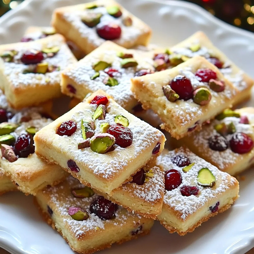 - 1 cup unsalted butter, softened - 3/4 cup powdered sugar, sifted - 2 cups all-purpose flour, spooned and leveled - 1/2 teaspoon fine sea salt - 1/2 cup dried cranberries, chopped - 1/2 cup pistachios, shelled and chopped - 1 teaspoon pure vanilla extract - Optional: Zest of 1 orange Gathering the right ingredients is key to making tasty cranberry pistachio shortbread cookies. Start with unsalted butter. It should be soft. This helps create a smooth dough. Next, use powdered sugar instead of granulated sugar. It gives a nice, sweet touch without being too grainy. You will need all-purpose flour, which helps create the cookie structure. The fine sea salt balances the sweetness and enhances flavors. Dried cranberries add a tart burst, while chopped pistachios give a nice crunch. Vanilla extract provides warmth and depth. If you want an extra zing, add the zest of one orange. It’s not necessary, but it makes the cookies even more special. You can find all these ingredients in most grocery stores. Having them ready will make your baking experience smooth and fun! {{ingredient_image_2}} - Preheat oven to 350°F (175°C). - Line baking sheet with parchment paper. - Cream butter and powdered sugar until fluffy. - Add vanilla extract and optional orange zest. - Combine flour and salt; fold in cranberries and pistachios. - Shape into a log and refrigerate for 30 minutes. - Slice dough into rounds and space on baking sheet. - Bake for 12-15 minutes until golden edges. - Cool on the baking sheet for 5 minutes before transferring. These steps create a tasty treat. Each method helps build flavor and texture. Enjoy your baking! Chilling the dough is key. It helps the cookies hold their shape. If you skip this step, your cookies may spread too much. Wrap your dough log well and chill for at least 30 minutes. This makes a big difference in texture. Avoid overmixing the dough. Once you add the flour, mix just enough. Stop as soon as the dough comes together. Overmixing can make cookies tough. You want a soft, crumbly texture that melts in your mouth. Dusting with powdered sugar adds a nice touch. It makes the cookies look fancy and inviting. After cooling, sprinkle a light layer on top. It enhances the color and gives a sweet taste. Garnish your cookies with whole pistachios and cranberries. This adds color and texture. You can place them on a decorative plate. It makes a beautiful display for parties or gifts. To check for doneness, look for light golden edges. The center may still look a bit soft. This is normal, as they will firm up while cooling. Keep an eye on them towards the end to avoid burning. If your oven runs hot or cool, adjust the baking time. You may need to check the cookies a minute or two earlier or later. Every oven is different, so trust your instincts! Pro Tips Chill the Dough: Chilling the dough not only helps in shaping but also prevents the cookies from spreading too much while baking, ensuring a perfect texture. Use Fresh Ingredients: For the best flavor, make sure to use fresh cranberries and pistachios. Stale nuts can negatively affect the taste of your cookies. Watch the Baking Time: Ovens can vary, so keep an eye on your cookies during the last few minutes of baking to avoid overbaking and ensure they are just golden around the edges. Experiment with Flavors: Feel free to swap out the dried cranberries for other dried fruits like cherries or apricots, or try different nuts to customize the flavor of your cookies. {{image_4}} You can customize these cookies with different nuts or dried fruits. Try walnuts, almonds, or pecans instead of pistachios. For fruits, you might enjoy apricots or cherries. Each choice adds a new twist to the flavor. Adding spices like cinnamon or nutmeg can also enhance the taste. Just a pinch can make a big difference. These spices bring warmth and depth, perfect for cozy gatherings. If you need gluten-free cookies, use almond flour or coconut flour. Both options work well, but you may need to adjust the amount. Always check the texture as you mix. For vegan options, try using coconut oil or a plant-based butter. These substitutes will keep the cookies rich and tasty without dairy. They help you enjoy the same delightful flavor. Glazing cookies can add a lovely shine. A simple mix of powdered sugar and water works well. Drizzle it over the cooled cookies for a sweet finish. You can also use chocolate drizzle to make them extra special. Melt dark or white chocolate, then drizzle it on top. This adds both beauty and a rich flavor that pairs perfectly with cranberries and pistachios. To keep your cranberry pistachio shortbread cookies fresh, use an airtight container. This helps prevent the cookies from drying out. Place a piece of parchment paper between layers to avoid sticking. Store cookies at room temperature away from heat and light. They can stay fresh for up to a week. If you want to keep them longer, consider freezing. To freeze unbaked logs, wrap the dough log tightly in plastic wrap. Place it in a freezer bag and label it. You can store the logs for up to three months. When you are ready to bake, just slice the log directly from the freezer. Bake for an extra minute or two. To freeze baked cookies, let them cool completely. Layer them in an airtight container with parchment paper between each layer. They can last up to three months in the freezer. When you want to enjoy them, thaw the cookies at room temperature. If you prefer warm cookies, pop them in the oven for a few minutes. This brings back their delightful texture. You can easily adjust the sugar in this recipe. If you want the cookies less sweet, reduce the powdered sugar to half a cup. You can also add a pinch of salt to balance the flavors. If you prefer sweeter cookies, add one to two extra tablespoons of powdered sugar. Remember, small changes can make a big difference. You can use fresh cranberries, but they will change the cookie's taste and texture. Fresh cranberries are tart, so you might want to add more sugar. Chop them finely and reduce the amount of flour slightly to keep the dough from getting too wet. These cookies can last up to a week when stored properly. Keep them in an airtight container at room temperature. If you want them to last longer, you can refrigerate them for about two weeks. Just make sure they are well-wrapped to avoid drying out. Yes, these cookies can be made ahead of time. You can prepare the dough and shape it into a log. Wrap it well and store it in the fridge for up to a week. You can also freeze the unbaked log for up to three months. Just thaw it in the fridge before slicing and baking. By following this guide, you can create delicious cookies with ease. Start with quality ingredients like butter, flour, and nuts. Remember to chill your dough for the best texture. You can make fun variations by swapping nuts or adding spices. For fresh cookies, store them correctly in airtight containers. If you want to make ahead, freezing works too. With these tips, you’ll impress everyone with your baking skills. Enjoy your cookie-making adventure, and let your creativity shine!