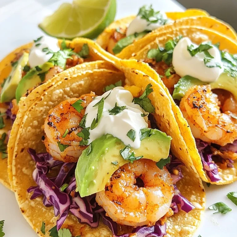 - 1 lb large shrimp, peeled and deveined - 2 tablespoons Cajun seasoning - 1 tablespoon olive oil - 4 small corn tortillas The shrimp are the star of this dish. I love using large shrimp for a nice bite. Cajun seasoning adds a kick of flavor. You can buy it or make your own blend. Olive oil helps the spices stick and gives a nice sear. Corn tortillas are soft and perfect for holding all the goodness. - 1 cup shredded red cabbage - 1 ripe avocado, sliced - 1/2 cup sour cream - Fresh cilantro, for garnish Red cabbage provides a crunchy texture and a pop of color. Sliced avocado adds creaminess to each bite. I always add sour cream for a cool contrast to the spicy shrimp. Fresh cilantro gives a burst of freshness and flavor. These toppings make each taco fun and colorful. - Juice of 1 lime - Salt and freshly cracked black pepper, to taste Lime juice brightens the dish with acidity. A pinch of salt and cracked black pepper enhances all the flavors. This simple mix of seasonings makes the tacos taste fresh and lively. Don't skip the lime—it brings everything together! {{ingredient_image_2}} First, I take 1 pound of large shrimp, peeled and deveined. In a medium bowl, I mix the shrimp with 2 tablespoons of Cajun seasoning, 1 tablespoon of olive oil, and a pinch of salt and pepper. I toss everything well, ensuring each shrimp gets coated in the spices. This adds a great kick! Next, I heat a non-stick skillet over medium-high heat. When the skillet is hot, I add the seasoned shrimp in a single layer. I cook them for about 2-3 minutes on each side. The shrimp will turn opaque and curl slightly, showing they are done. I remove them from the heat once they look perfect! To warm the corn tortillas, I place them in a dry skillet over medium heat. I let each side heat for about 30 seconds. The goal is for them to be soft and pliable. This keeps the tortillas from cracking when I fill them. Now it's time to assemble the tacos! I start by putting a generous layer of shredded red cabbage on each warmed tortilla. The crunch adds a nice texture. Next, I top each with a portion of the cooked shrimp. Then, I add a few slices of ripe avocado and a dollop of sour cream. To finish, I squeeze fresh lime juice over each taco. This brightens the flavors! I like to garnish with fresh cilantro for a pop of color and taste. Serve the tacos right away, and don’t forget extra lime wedges for more flavor! - Ensuring shrimp are cooked properly: Cook shrimp until they turn opaque and curl slightly. This usually takes about 2-3 minutes on each side. - Avoiding overcooking the shrimp: Watch the color change closely. Overcooked shrimp become tough and rubbery. Remove them from heat once they are fully cooked. - Making tacos visually appealing: Use a colorful platter for serving. Arrange the tacos neatly, showcasing the fresh ingredients. - Ideas for serving suggestions: Add lime wedges and a small bowl of extra sour cream on the side. This adds color and gives guests options. - Alternate toppings: Try adding diced tomatoes, sliced jalapeños, or crumbled feta for new flavors. - Adjusting spice levels: If you like it spicy, add more Cajun seasoning or hot sauce. For milder tacos, use less seasoning and add more toppings like avocado. Pro Tips Fresh Ingredients: Always use fresh shrimp for the best flavor and texture. Frozen shrimp can work in a pinch, but fresh will elevate your tacos significantly. Adjusting Spice Levels: If you're sensitive to spice, reduce the amount of Cajun seasoning or mix it with some paprika for a milder flavor while still maintaining a hint of heat. Perfectly Cooked Shrimp: Keep an eye on the shrimp while cooking; they cook quickly and are done when they turn opaque and curl slightly. Overcooked shrimp can become rubbery. Customize Your Toppings: Feel free to add other toppings such as diced tomatoes, jalapeños, or a squeeze of hot sauce for extra flavor and texture. {{image_4}} You can swap shrimp for chicken or fish. Both options work well with Cajun seasoning. For chicken, use boneless thighs or breasts. Cut them into bite-sized pieces. Cook until they are no longer pink. For fish, choose firm types, like tilapia or mahi-mahi. Season and cook them just like the shrimp. If you prefer a vegetarian option, try using black beans or grilled veggies. They add nice texture and flavor. Mix in some Cajun spices to keep the taste bold. You can enjoy the same fresh toppings with these choices too. You can change the seasoning mix for a different taste. Try a taco seasoning blend for a milder flavor. For a spicy kick, add cayenne pepper or diced jalapeños. You can also mix in some honey for a sweet touch. It pairs well with the spicy shrimp. Experiment with different herbs too. Fresh dill or parsley could add a fun twist. Each change can create a new taco experience. When it comes to taco styles, you can use hard or soft shells. Hard shells add a nice crunch, while soft tortillas feel more traditional. You can even try lettuce wraps for a low-carb option. Fusion styles are fun too! Use a Korean BBQ approach with kimchi or a Mediterranean twist with tzatziki sauce. Mixing cuisines can transform your tacos into something new and exciting. To store leftovers, place your tacos in an airtight container. Separate the shrimp and toppings from the tortillas. This keeps them fresh longer. The tacos will last in the fridge for up to 2 days. After that, the tortillas may get soggy, and the shrimp may lose their flavor. For the best reheating, use a skillet over medium heat. This method warms the shrimp gently, keeping them juicy. Avoid the microwave if you can; it can make shrimp rubbery. Heat for about 2 minutes on each side until warm. If you have leftover tortillas, warm them in a dry skillet for about 30 seconds. Yes, you can freeze cooked shrimp. Place the shrimp in a freezer-safe bag. Make sure to remove as much air as possible. You can freeze the shrimp for up to 3 months. For tacos, it’s best to freeze the shrimp separately. Assembled tacos may become soggy when thawed. To enjoy later, freeze the shrimp and store the tortillas and toppings separately. Cajun seasoning is a mix of spices that adds bold flavor. Common ingredients include: - Paprika - Garlic powder - Onion powder - Cayenne pepper - Oregano - Thyme You can buy Cajun seasoning at stores. Many brands offer good options. Making it at home is easy. Just mix the spices to your taste. This way, you can adjust the heat level. You can tell shrimp are done when they turn pink and opaque. They should also curl slightly. Cooking times depend on shrimp size: - Large shrimp: 2-3 minutes per side - Medium shrimp: 1-2 minutes per side Keep a close eye on them. Overcooking makes shrimp tough. Yes, you can prepare shrimp ahead of time. Here are some tips: - Cook shrimp and let them cool. - Store in an airtight container in the fridge for up to 2 days. When you are ready to serve, just reheat them gently. This keeps the flavor fresh and tasty. This blog covered how to make tasty shrimp tacos. We looked at the main ingredients like shrimp and Cajun seasoning. I shared tips for cooking shrimp just right and keeping tortillas soft. We explored ways to customize your tacos with fun toppings and variations. In short, these shrimp tacos are not only simple but also packed with flavor. Enjoy these delicious bites, and don’t hesitate to experiment with your favorite ingredients. Happy cooking!