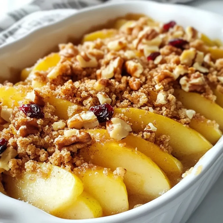 Here’s what you need for a tasty and healthy breakfast apple crumble: - 3 medium apples, peeled and diced - 1 cup rolled oats - 1/2 cup almond flour - 1/4 cup honey or maple syrup - 1/4 cup melted coconut oil - 1 teaspoon ground cinnamon - 1/2 teaspoon ground nutmeg - 1/4 teaspoon sea salt - 1/2 cup chopped walnuts (optional) - 1/4 cup dried raisins or cranberries (optional) - 1 cup unsweetened almond milk (for serving) These simple ingredients come together for a warm and satisfying meal. The apples give natural sweetness. The oats and almond flour add fiber and nutrients. Honey or maple syrup provides a touch of sweetness, while coconut oil keeps it rich. Feel free to add walnuts for crunch or dried fruits for extra flavor. This mix makes a wholesome start to your day. {{ingredient_image_2}} - Preheating the oven: Start by setting your oven to 350°F (175°C). This temperature helps the crumble cook evenly. - Preparing the baking dish: Lightly grease your baking dish with coconut oil. You can also line it with parchment paper for easy cleanup later. - Coating the apples with spices: In a large bowl, add the diced apples. Sprinkle in the ground cinnamon, nutmeg, and sea salt. Mix well so all the apple pieces get coated in the spices. - Combining oat mixture: In another bowl, combine the rolled oats, almond flour, melted coconut oil, and honey or maple syrup. If you want added crunch, toss in chopped walnuts. Mix until you see a crumbly texture. - Layering the ingredients in the baking dish: Spread the spiced apple mixture evenly in your baking dish. Next, pour the oat mixture over the apples. Press down gently with a spoon to form a nice layer. - Baking time and temperature: Place the dish in the preheated oven. Bake for 30 to 35 minutes. You want the topping to be golden brown and the apples soft. - Alternative sweeteners: You can use agave syrup instead of honey or maple syrup. This will give you a similar sweetness with a lower glycemic impact. Coconut sugar is another great option for a rich flavor. - Gluten-free options: To make this recipe gluten-free, substitute rolled oats with certified gluten-free oats. Almond flour is already gluten-free, making it a perfect choice for the crumble. - Optional ingredients for added texture: Add 1/2 cup of chopped walnuts for a nice crunch. You can also toss in 1/4 cup of dried raisins or cranberries for a sweet touch. They mix well with the apples and spices. - Serving suggestions with almond milk: Serve the warm apple crumble with a splash of unsweetened almond milk. This creamy addition makes each bite more delightful. For a cozy breakfast, you can even warm the almond milk slightly before pouring it over the crumble. Pro Tips Choose the Right Apples: Use a mix of tart and sweet apples, such as Granny Smith and Fuji, to create a balanced flavor profile. Experiment with Sweeteners: Feel free to substitute honey or maple syrup with agave nectar or coconut sugar for different flavor notes. Add Some Zest: Grate a bit of lemon or orange zest into the apple mixture for a refreshing citrus twist that enhances the overall flavor. Make it Gluten-Free: Ensure your rolled oats are certified gluten-free if you are serving those with gluten sensitivities. {{image_4}} You can easily adjust this recipe for different diets. - Vegan version: Replace honey with maple syrup. Use a plant-based milk like almond milk. This keeps the dish vegan-friendly while still tasty. - Nut-free options: If you want to avoid nuts, skip the walnuts. You can replace almond flour with oat flour or a seed flour. These swaps keep the dish safe for those with nut allergies. Adding different fruits and spices can change the taste of your crumble. - Adding seasonal fruits: Use pears, peaches, or berries with apples. This will add new flavors and colors to your dish. You can mix and match as you like. - Incorporating spices like ginger or cloves: Add ground ginger or cloves for a warm, spicy kick. These spices will enhance the apple flavor and make your crumble more exciting. Store leftover apple crumble in an airtight container. Place it in the fridge. It stays fresh for up to three days. To keep it moist, cover the dish tightly with plastic wrap. This helps maintain its flavor. You can freeze apple crumble before or after baking. If you freeze it before baking, wrap it well in plastic. Place it in a freezer-safe container. It keeps well for up to three months. If you freeze it after baking, let it cool completely. Then, wrap it tightly and store it in a container. To thaw, move it to the fridge overnight. For reheating, preheat the oven to 350°F (175°C). Bake it for 20 to 25 minutes until warm. This keeps the crumble crisp and tasty. Can I use other fruits besides apples? Yes, you can! Pears, peaches, or berries work well too. Just remember to adjust the spices to match the fruit. For example, you may want to add a bit of zest from citrus fruits. This adds a fresh touch to your crumble. How can I make this recipe ahead of time? You can prepare the apple filling and crumble topping separately. Store them in the fridge overnight. When you are ready to bake, simply layer them in the dish and follow the baking steps. This saves time and keeps your morning stress-free. What is the best way to reheat the apple crumble? You can reheat it in the oven at 350°F for about 10-15 minutes. Cover it with foil to prevent it from browning too much. If you're short on time, use the microwave. Heat it in short bursts to avoid overheating. Caloric breakdown per serving Each serving has about 220 calories. This makes it a great breakfast option that won't weigh you down. You get a mix of healthy fats, fiber, and natural sweetness. Health benefits of key ingredients - Apples: They are high in fiber and vitamin C. This helps your immune system. - Rolled oats: These provide lasting energy. They support heart health too. - Almond flour: It is low in carbs and rich in healthy fats. This can help keep you full longer. - Honey or maple syrup: These natural sweeteners add flavor without refined sugars. This blog post covered a tasty apple crumble recipe. We explored the essential ingredients, preparation steps, and baking process. I shared helpful tips for flavor and dietary choices. Plus, we discussed storage options to keep your crumble fresh. Now you know how to make a delicious dish that suits many diets. Enjoy creating this cozy recipe!