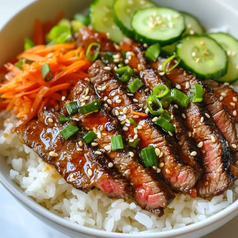 - Flank steak: This cut is perfect for marinating. It is tender and full of flavor. Thinly slice it against the grain for the best texture. - Marinade components: For the marinade, you need: - 1/4 cup low sodium soy sauce - 2 tablespoons sesame oil - 1 tablespoon brown sugar - 2 cloves garlic, minced - 1 tablespoon fresh ginger, grated - 1 teaspoon red pepper flakes (optional) This mix gives the steak its signature Korean BBQ taste. The soy sauce adds saltiness, while sesame oil brings a nutty flavor. Brown sugar balances the saltiness and adds depth. Garlic and ginger add warmth and freshness. Red pepper flakes add heat if you like a bit of spice. - Rice and vegetable toppings: For your bowls, gather: - 2 cups cooked jasmine rice, warm - 1 cup kimchi, preferably homemade or your favorite brand - 1 cup fresh shredded carrots - 1 cucumber, thinly sliced into rounds - 2 green onions, sliced diagonally for garnish - 1 tablespoon sesame seeds, toasted for garnish - Fresh cilantro sprigs, to enhance aroma and flavor The warm jasmine rice serves as a cozy base. Kimchi adds zing and crunch. Shredded carrots and cucumber give freshness and color. The green onions and cilantro are perfect for garnish, adding a burst of flavor and a pop of green. Every ingredient plays a vital role in making your Korean BBQ steak bowls flavorful and satisfying. {{ingredient_image_2}} To start, I mix the marinade. In a medium bowl, I combine these ingredients: - 1/4 cup low sodium soy sauce - 2 tablespoons sesame oil - 1 tablespoon brown sugar - 2 cloves garlic, minced - 1 tablespoon fresh ginger, grated - 1 teaspoon red pepper flakes (optional) I whisk until the sugar dissolves. Next, I add the thinly sliced flank steak to the bowl. It is key to coat each piece well. I cover the bowl and let it sit for at least 30 minutes. For a stronger flavor, I refrigerate it for up to 2 hours. Now, it's time to cook the steak. I preheat a skillet or grill pan over medium-high heat. Once it's hot, I take the steak out of the marinade. I let any extra liquid drip off. I place the steak slices in a single layer in the pan. I cook them for 3 to 4 minutes on each side. I want the steak nicely caramelized. Checking for doneness is important. After cooking, I transfer the steak to a plate and let it rest for about 5 minutes. This helps keep the juices inside. Next, I assemble the rice bowls. I start by adding warm jasmine rice to each bowl as the base. The rice creates a cozy nest for my toppings. After that, I layer the cooked steak slices on top of the rice. Then, I artfully arrange kimchi, shredded carrots, and cucumber slices around the steak. This adds color and makes the dish more appealing. Finally, I garnish with sliced green onions, toasted sesame seeds, and fresh cilantro. These garnishes add a fresh touch and enhance the flavors. To cook steak perfectly, you need to know the doneness levels. Here are the key levels: - Rare: 120°F (cool red center) - Medium Rare: 130°F (warm red center) - Medium: 140°F (pink center) - Medium Well: 150°F (slight pink) - Well Done: 160°F (no pink) To check doneness, use a meat thermometer. Insert it into the thickest part of the steak. After cooking, always let the steak rest for about 5 minutes. This step allows the juices to settle. A rested steak is juicier and more flavorful. Presentation matters! Use colorful bowls to make your dish pop. Bright dishes enhance the fresh ingredients. You can safely use leftover marinade to boost flavor. Just ensure it never touched raw meat. Drizzle it over the top right before serving for extra taste. Want to take your Korean BBQ Steak Bowls to the next level? Consider adding these spices: - Sesame seeds: They add crunch and nutty flavor. - Chili flakes: For an extra kick. - Fresh herbs: Cilantro and green onions brighten the dish. Pair your bowls with side dishes like: - Steamed broccoli: A healthy choice. - Miso soup: Great for a warm touch. - Pickled vegetables: They add crunch and tang. These tips will make your Korean BBQ Steak Bowls even more enjoyable! Pro Tips Marinate for Maximum Flavor: Allow the steak to marinate for at least 2 hours in the refrigerator to fully absorb the marinade's flavors. This will enhance the depth and richness of your dish. Rest the Steak: After cooking, let the steak rest for 5 minutes before slicing. This helps retain the juices, resulting in a more tender and flavorful bite. Customize Your Bowls: Feel free to add other vegetables like bell peppers or radishes, or even switch the rice to quinoa for a different texture and taste. Use Fresh Ingredients: Always opt for fresh, high-quality ingredients for the best flavor, especially with garnishes like cilantro and green onions, which elevate the dish significantly. {{image_4}} You can easily change the spice level in your Korean BBQ steak bowls. If you want more heat, add extra red pepper flakes to the marinade. For a milder dish, cut back on the flakes or leave them out completely. You can also use sriracha or gochujang, a Korean chili paste, for a unique twist. Both options add flavor without overpowering the dish. Feel free to swap out the flank steak for other meats. Skirt steak, ribeye, or even chicken work well. If you prefer plant-based options, try marinated tofu or tempeh for a tasty alternative. In terms of veggies, switch out the carrots and cucumbers for seasonal favorites. Bell peppers, snap peas, or radishes can add crunch and color. Pair your Korean BBQ steak bowls with refreshing drinks. A light lager or sparkling water with lime can balance the flavors. These bowls are perfect for lunch or dinner. Set them up as a build-your-own bar. Let guests customize their bowls with toppings and sauces. This adds a fun, interactive element to your meal. To keep your Korean BBQ steak bowls fresh, use proper storage techniques. First, let the leftovers cool down to room temperature. Then, place them in airtight containers. This keeps moisture in and prevents odors from mixing. - Refrigerator Storage: You can store your steak bowls in the fridge for about 3 to 4 days. Make sure to separate the rice from the steak and veggies for best results. This helps keep each component fresh. - Freezer Storage: If you want to keep them longer, freeze the steak and veggies. They can last for up to 3 months in the freezer. Just remember to label your containers with the date. When it's time to enjoy your leftovers, reheating them properly is key. - Best Methods for Reheating Steak: The stovetop works best. Heat a skillet over medium heat. Add a splash of water or broth to keep the steak juicy. Heat for a few minutes until warm, but don’t overcook. - Maintaining Flavor and Texture: For rice and veggies, use a microwave. Place them in a bowl with a lid. Heat in short bursts, stirring in between. This way, everything stays moist and tasty. Enjoy your meal just like it was fresh! You can mix the marinade early and store it. Combine the soy sauce, sesame oil, brown sugar, minced garlic, grated ginger, and red pepper flakes in a bowl. Whisk until smooth. Store it in a sealed container in the fridge for up to a week. When you're ready, just add your steak. For marinating time adjustments, if you prepare the steak ahead of time, let it marinate for at least 30 minutes. For more flavor, marinate it for up to 2 hours. Just don’t go over two hours, as it can make the meat too salty. Yes, you can use different cuts of beef! Skirt steak or sirloin work great. Both cuts have good flavor too. Just remember they may need different cooking times. For skirt steak, cook it for 2-3 minutes per side. For sirloin, aim for 4-5 minutes per side. Always check for doneness to keep it juicy! You can find kimchi at most grocery stores, especially Asian markets. Look for brands like Mother in Law's or Wildbrine for good options. You can also shop online for ingredients. Websites like Amazon or specialty Asian grocery sites often have what you need. Just search for "kimchi" or "sesame oil" to find plenty of choices. This blog post covers all you need for tasty steak bowls. We looked at the main ingredients, cooked the steak perfectly, and assembled our bowls with rice and veggies. I shared tips to enhance flavors and presented creative variations to fit your taste. Don't forget about storage and reheating, which helps keep your food fresh. Experimenting with this recipe will bring you joy in the kitchen. Enjoy making these delicious steak bowls!