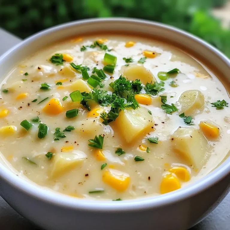 - 6 medium russet potatoes, peeled and cut into 1-inch cubes - 1 medium onion, finely diced - 3 cloves of garlic, minced - 4 cups of low-sodium vegetable broth - 1 cup of unsweetened almond milk (or your choice of low-calorie milk alternative) - 1 cup of frozen corn kernels - 1 teaspoon of dried thyme - 1 teaspoon of smoked paprika - Sea salt and freshly ground black pepper, to taste - 2 green onions, thinly sliced (for garnish) - Fresh parsley, roughly chopped (for garnish) You can make this soup your own! Here are a few ideas: - For a spicy kick, add a pinch of cayenne pepper. - Swap almond milk for coconut milk for a tropical twist. - Add cooked bacon bits for a savory bite. - Toss in diced carrots for extra color and nutrients. - Replace russet potatoes with sweet potatoes for a sweeter taste. This soup is not just tasty; it's also nutritious! Here’s a quick look: - Calories per serving: About 150 - Protein: 4g - Carbohydrates: 30g - Fat: 2g - Fiber: 4g - Sodium: 300mg This soup packs flavor without heavy calories. Perfect for a warm lunch or dinner! Enjoy this creamy, satisfying dish, knowing it's also good for you. {{ingredient_image_2}} Start by peeling and cutting the potatoes into 1-inch cubes. Next, finely dice the onion and mince the garlic. Place all these ingredients into the slow cooker. Add the frozen corn evenly on top. This mix brings great flavor and texture. Now, pour in 4 cups of low-sodium vegetable broth. This broth gives the soup depth. Add 1 cup of unsweetened almond milk for creaminess. Next, sprinkle in 1 teaspoon of dried thyme and 1 teaspoon of smoked paprika. Don’t forget to season with sea salt and freshly cracked black pepper to taste. Cover the slow cooker with its lid. Set it to cook on low for 6 to 8 hours. If you are in a hurry, cook it on high for 3 to 4 hours. Stir occasionally, if you can. This helps mix the flavors well. The potatoes should be fork-tender when done. Once the cooking time is up, grab an immersion blender. Blend the soup directly in the slow cooker. You can blend it until smooth or leave some chunks for texture. If you prefer a chunkier soup, blend only half of it. This gives a nice contrast in every bite. After blending, taste the soup. This is the moment to adjust the flavors. Add more salt or pepper if needed. Each bite should feel balanced and just right. This step makes a big difference in how your soup will taste. For the best texture, blend only half the soup. This keeps some potato chunks. You can also use an immersion blender for smoothness. If you want a thicker soup, add less broth at first. If it’s too thick, add more broth slowly until it feels just right. Garnishes make your soup pop. I love using sliced green onions for a fresh bite. Fresh parsley adds color and flavor too. For a creamy touch, drizzle a little almond milk on top. You can even sprinkle a bit of smoked paprika for an extra kick. One common mistake is overcooking the potatoes. Check them after 6 hours on low. If they are fork-tender, it’s time to blend. Another mistake is skipping the seasoning. Taste as you go, and adjust salt and pepper. This will bring out the soup's best flavors. Pro Tips Choose the Right Potatoes: Russet potatoes are ideal for this soup as they become creamy when cooked. If you prefer a different flavor, try Yukon Gold potatoes for a buttery taste. Customize the Creaminess: For a richer soup, you can add a splash of heavy cream or a dollop of Greek yogurt after blending. To keep it skinny, stick with almond milk. Add More Veggies: Enhance the nutritional value by incorporating additional vegetables like carrots, celery, or bell peppers. Just chop them finely and add them in at the beginning. Perfect Storage: This soup freezes beautifully! Store in airtight containers for up to 3 months. Just reheat on the stove, adding a bit more broth if needed to adjust the consistency. {{image_4}} To make this soup vegan, simply use vegetable broth and almond milk. These ingredients keep it creamy and rich without any dairy. You can also add more veggies like carrots or celery for added flavor and nutrients. If you want a low-carb soup, swap potatoes for cauliflower. Cauliflower gives a smooth texture without the carbs. You can follow the same steps in the recipe. Just make sure to adjust cooking time since cauliflower cooks faster than potatoes. You can play with the ingredients to suit your taste. For example, use garlic powder instead of fresh garlic. If you don’t have almond milk, any low-calorie milk works well. You can also add spices like cumin for a different flavor kick. After enjoying your delicious soup, let it cool down first. Pour any leftovers into an airtight container. This keeps the soup fresh. Store it in the fridge for up to five days. Make sure you label the container with the date. This helps you remember when you made it. Freezing this potato soup is easy and smart. Use freezer-safe bags or containers. Leave some space at the top for expansion. The soup can freeze well for up to three months. When ready to eat, thaw it in the fridge overnight. This keeps the flavor and texture intact. Reheating your soup is simple. You can use the microwave or the stove. If using a microwave, heat in short bursts. Stir after each burst to avoid hot spots. On the stove, pour the soup into a pot. Heat over low to medium heat, stirring often until warm. Add a splash of almond milk if it seems thick. To add heat, try using cayenne pepper. Start with a small amount, about 1/4 teaspoon. You can adjust it based on your taste. Another option is to add chopped jalapeños or a splash of hot sauce. These will give the soup a nice kick without overpowering the other flavors. Yes, you can! While russet potatoes give a great texture, you can use Yukon Gold or red potatoes. These types will add a different flavor and creaminess. Just remember to cut them into 1-inch cubes for even cooking. This soup can last up to five days in the fridge. Just make sure to store it in an airtight container to keep it fresh. When ready to eat, reheat it on the stove or in the microwave until warm. This blog post covered everything you need for a great soup. We explored main ingredients, optional add-ins, and nutrition facts. Step-by-step instructions guided you through preparation and cooking. Tips helped you perfect texture and avoid common mistakes. We also shared variations for different diets and storage methods to keep leftovers fresh. In conclusion, follow these steps, and enjoy your homemade soup. It can warm your days and satisfy your taste buds!