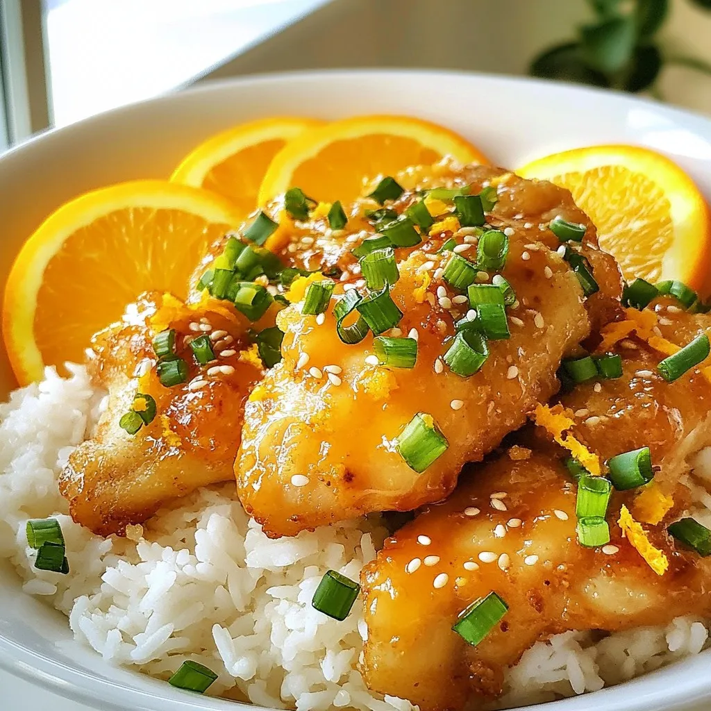 - Chicken 1 lb boneless, skinless chicken thighs, cut into bite-sized pieces - Coating ingredients - 1/2 cup cornstarch - 1/4 cup all-purpose flour - 2 large eggs, beaten - Sauce ingredients - 1 teaspoon fresh ginger, minced - 1 teaspoon garlic, minced - Juice and zest of 1 large orange - 1/4 cup soy sauce - 1/4 cup granulated sugar - 2 tablespoons rice vinegar - 1 teaspoon sesame oil - 1/2 teaspoon red pepper flakes (adjust according to spice preference) - Green onions 2 green onions, finely chopped (for garnish) - Sesame seeds Sesame seeds (for garnish) {{ingredient_image_2}} First, mix cornstarch and flour in a bowl. This will make a great coating. Take each piece of chicken and dip it in beaten eggs. Make sure it is well-coated. Then, roll it in the cornstarch-flour mix. This will give your chicken a crispy texture. After coating, set the chicken aside on a plate while you heat the oil for frying. Next, heat the vegetable oil in a large pan over medium-high heat. When the oil is hot and shimmering, add the coated chicken pieces. Fry them in batches. Avoid overcrowding the pan. Fry each batch for about 5 to 7 minutes. You want them golden brown and cooked through. Once done, remove the chicken and let it drain on paper towels. Now, it's time to sauté the aromatics. In a separate pan, add minced ginger and garlic over medium heat. Sauté for about 30 seconds. You want to smell that wonderful fragrance but be careful not to burn them. For the orange sauce, combine fresh orange juice, orange zest, soy sauce, sugar, rice vinegar, sesame oil, and red pepper flakes in a bowl. Whisk it well until the sugar is dissolved. This mix gives the dish its zesty flavor. Pour the orange sauce into the pan with the ginger and garlic. Turn the heat up and bring it to a simmer. Let it cook for 3 to 5 minutes. Stir occasionally until the sauce thickens slightly. Now, it’s time to coat the chicken with the sauce. Add the fried chicken pieces to the simmering sauce. Use tongs or a spatula to toss and coat each piece well. Cook for an extra 2 to 3 minutes to heat everything through. Finally, remove the pan from heat. Transfer the orange chicken onto serving plates. Garnish with finely chopped green onions and a sprinkle of sesame seeds. This adds color and texture. You are now ready to serve this delicious dish! To get crispy chicken, use cornstarch and flour. This mix gives a great crunch. Make sure to coat each piece well. Also, fry the chicken in batches. If you add too much at once, the oil cools down. This makes the chicken soggy. Fry in small groups for the best results. You can adjust the sweetness and spice levels of your sauce. If you like it sweeter, add more sugar. For extra heat, add more red pepper flakes. Using fresh ingredients makes a big difference. Fresh ginger and garlic give a better taste than dried ones. Always use freshly squeezed orange juice for a bright flavor. For serving, place the orange chicken over steamed rice. This adds a nice touch. You can also use fried rice for more flavor. For garnish, sprinkle chopped green onions over the top. Add sesame seeds for crunch. To impress, place fresh orange slices on the plate. This not only looks great but adds a burst of color and aroma. Pro Tips Use Fresh Ingredients: Always opt for fresh ginger and garlic for the best flavor in your orange chicken. Fresh ingredients enhance the aroma and taste of the dish. Adjust Spice Levels: Feel free to modify the amount of red pepper flakes according to your spice preference. Start with a smaller amount and add more if you like it spicier. Double the Sauce: If you love extra sauce, consider doubling the orange sauce ingredients for a more generous coating over the chicken and rice. Perfect Frying Temperature: Ensure the oil is hot enough before adding the chicken to achieve that crispy texture. If the oil is too cool, the chicken will absorb more oil and become greasy. {{image_4}} You can use shrimp or tofu instead of chicken. Shrimp cooks fast, so reduce frying time to 3-4 minutes. Tofu needs more care. Press it to remove water, then cut it into cubes. Coat it like chicken, but fry for 5-6 minutes until crispy. You can change the sauce by adding different citrus fruits. Try lime or grapefruit juice to twist the flavor. You can also mix in spices like ginger or five-spice powder. This adds depth and warms up the dish. Consider baking the chicken instead of frying it. Preheat your oven to 400°F and bake for about 20 minutes. This reduces oil but keeps it tasty. You can also cut down the sugar. Use a natural sweetener like honey or maple syrup for a healthier touch. Store leftover orange chicken in the fridge. It stays fresh for about 3 to 4 days. Use airtight containers to keep the chicken moist. Glass or plastic containers work well. You can also use freezer bags for easy storage. Just remove as much air as possible before sealing. To reheat, use the stove or microwave. On the stove, heat it in a pan over low heat. This keeps the chicken crispy. Add a splash of water if the sauce is thick. In the microwave, heat in short bursts. Stir between each burst to avoid overcooking. This will help keep the chicken juicy and tasty. Orange chicken comes from Chinese-American cuisine. It is not found in China. This dish mixes sweet and tangy flavors. It became popular in the U.S. in the 1980s. The dish often includes crispy chicken and a zesty orange sauce. It shows how cultures mix and create new tastes. Yes, you can make orange chicken ahead of time. Cook the chicken and sauce separately. Store them in airtight containers. The chicken stays fresh in the fridge for up to three days. For best taste, eat it within two days. For reheating, use a pan over medium heat. Add a splash of water or extra sauce to keep it moist. Stir until it warms through. This helps keep the chicken crispy. To make orange chicken spicier, add more red pepper flakes. You can also use fresh chili peppers. Slice them thin and mix them in the sauce. Another option is to include sriracha or chili paste. Start with a small amount and taste as you go. This way, you can find your perfect heat level. This blog post covered how to make delicious orange chicken. We explored key ingredients, including chicken, coating, and sauce components. I shared step-by-step instructions for preparing and cooking, along with tips for perfect texture and flavor. You can even try variations with different proteins or healthier methods. Remember to store your leftovers properly for best taste later. Now, get ready to enjoy your homemade orange chicken! You’ll impress your family and friends with this tasty dish.