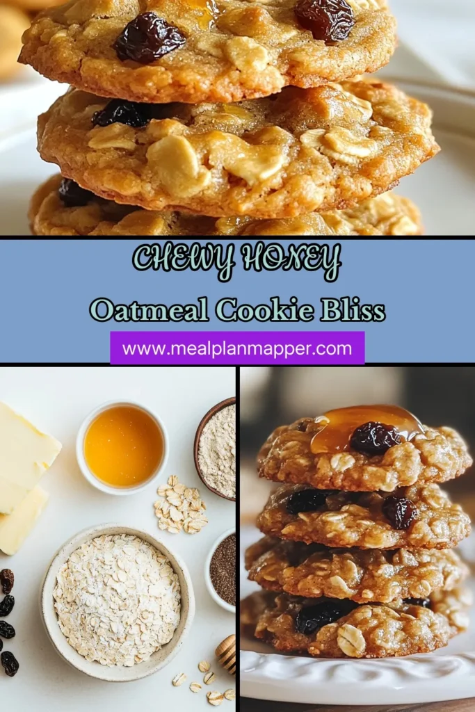 Indulge in the sweet crunch of these chewy oatmeal cookies! Our homemade honey oatmeal cookies are not only delicious but easy to make. With the perfect blend of rolled oats, honey, and optional raisins, this chewy cookie recipe will become a family favorite. Try these oatmeal raisin cookies for a delightful treat that pairs perfectly with milk. Save this recipe and enjoy, you won't regret it! #OatmealCookies #ChewyCookies #HoneyRecipes #HomemadeCookies