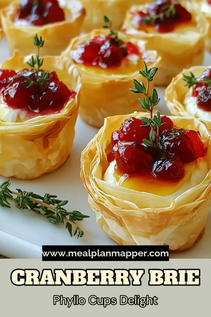 Delight your guests with these irresistible Cranberry Brie Phyllo Cups, the perfect easy phyllo appetizers for your next holiday party! These brie and cranberry bite-sized treats combine creamy brie, tart cranberry sauce, and fresh thyme for a delectable flavor explosion. Whip up these phyllo dough desserts in just 30 minutes and watch them disappear! Save this recipe for an unforgettable culinary experience! #PhylloAppetizers #HolidayPartyRecipes #BrieAndCranberry #PhylloDoughDesserts
