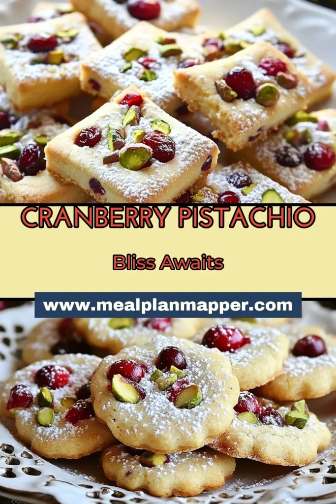 Indulge in the delightful flavors of these Cranberry Pistachio Cookies, the perfect addition to your festive cookie recipes! This easy shortbread cookie recipe combines buttery goodness with nutty cranberry cookies to create a holiday treat that everyone loves. With just a few simple ingredients, you can whip up delicious shortbread cookies that are sure to impress. Try this recipe today and elevate your dessert game! #CranberryPistachioCookies #FestiveBaking #ShortbreadCookies #HolidayTreats