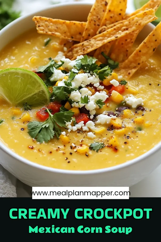Discover the deliciousness of Crockpot Mexican Street Corn Soup! This easy corn soup recipe combines sweet corn, black beans, and spices for a perfect vegetarian street corn soup. Made in your creamy corn soup crockpot, it’s packed with flavor and easy to prepare. Enjoy it with tortillas and lime for a hearty Mexican soup with black beans that your family will love. Save this comforting recipe now! #CrockpotMexicanStreetCornSoup #EasyCornSoupRecipe #VegetarianStreetCornSoup #CreamyCornSoupCrockpot