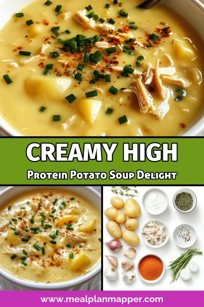 Discover the ultimate high protein potato soup that combines creaminess and health! This creamy potato soup recipe features tender russet potatoes, shredded chicken, and low-fat Greek yogurt for a delicious twist. Enjoy a healthy potato soup with chicken that's easy to make and perfect for any meal. Ready in just 35 minutes, this easy potato soup recipe is a must-try. Save this recipe for creamy comfort food goodness! #HealthyEating #ComfortFood #SoupRecipes #ProteinRichCooking