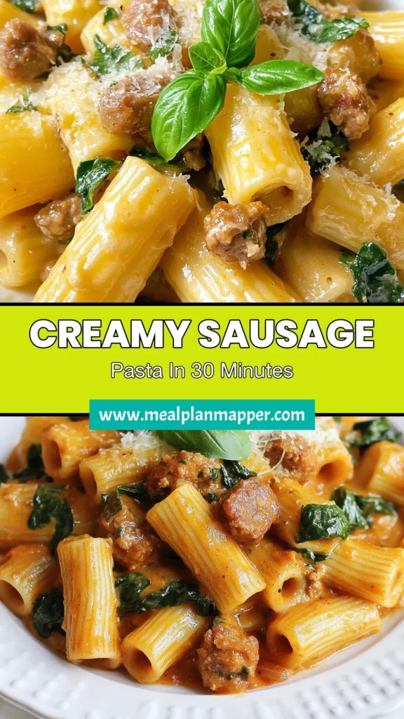Savor the rich flavors of creamy sausage rigatoni with this easy pasta dinner recipe! This skillet rigatoni recipe features Italian sausage, rigatoni with heavy cream, and fresh spinach for a weeknight meal that's both indulgent and quick to prepare. Perfect for any pasta lover, this dish will delight your family and friends. Ready to spice up your dinner? Save this creamy sausage rigatoni recipe today! #PastaRecipes #DinnerIdeas #ItalianFood #ComfortFood