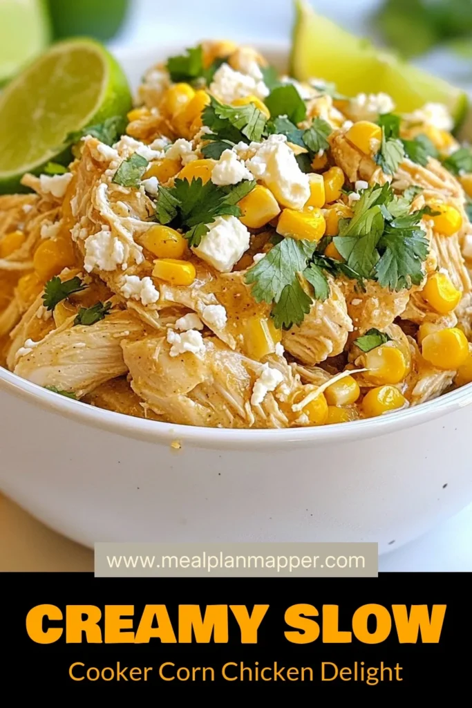 Discover the ultimate creamy chicken recipe with our Slow Cooker Street Corn Chicken! This easy slow cooker meal combines tender shredded chicken with corn, cream cheese, and spices for a delicious corn chicken dish your family will love. Perfect for weeknight dinners, this dish is not only tasty but also effortless. Save this comforting recipe for your next meal! #SlowCookerStreetCornChicken #CreamyChickenRecipe #EasySlowCookerMeals #ShreddedChickenWithCorn