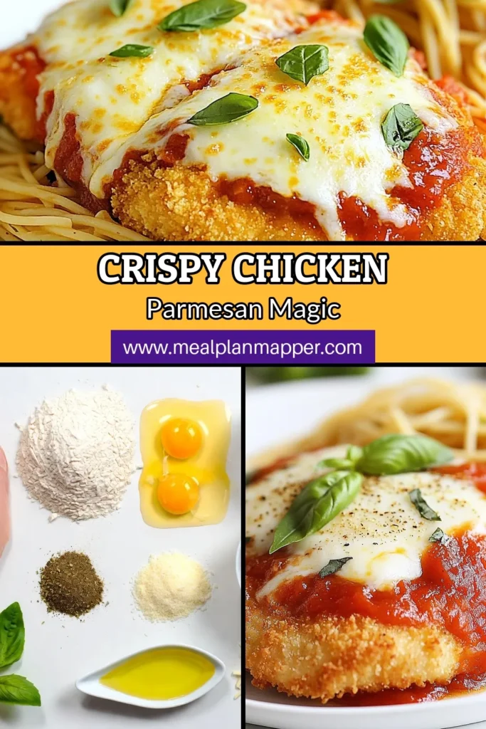 Discover the ultimate Crispy Chicken Parmesan with this easy chicken dinner recipe! This Classic Chicken Parmesan features breaded chicken breasts topped with marinara and gooey cheese, making it a mouthwatering Italian chicken dish the whole family will love. Perfect for a weeknight meal, it's both quick and satisfying. Save this Chicken Parmesan recipe for your next dinner and impress your guests! #ChickenParmesan #EasyDinner #ItalianRecipe #CrispyChicken