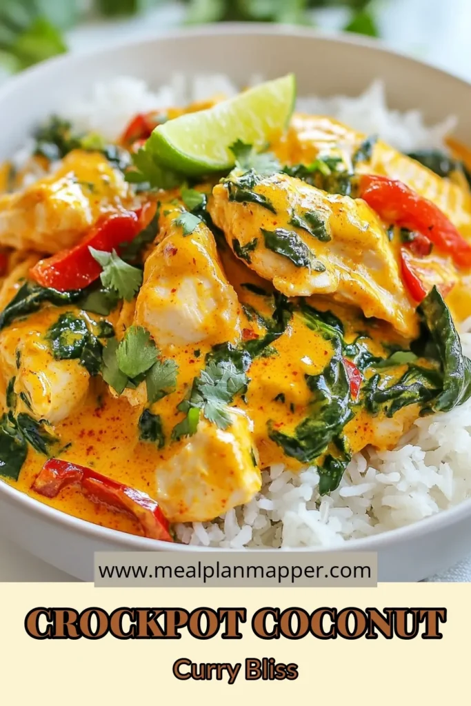 Discover the deliciousness of Crockpot Coconut Curry Chicken! This easy red curry features tender chicken thighs simmered in a creamy coconut milk chicken recipe, perfect for busy weeknights. With vibrant veggies and a hint of lime, this slow cooker coconut curry is a healthy chicken curry recipe that everyone will love. Save this recipe now to enjoy a comforting meal that’s simple to prepare! #CrockpotCurryChicken #CoconutMilkChickenRecipe #EasyRedCurry #HealthyChickenCurryRecipe