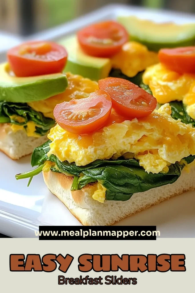 Start your day right with these Sunrise Breakfast Sliders! This breakfast sliders recipe features healthy ingredients like eggs, spinach, and avocado, making it a delicious option for any brunch. Perfect as easy brunch recipes for gatherings, these egg and avocado sliders are sure to impress. Bake up some spinach and cheese sliders that everyone will love! Try it today! #BreakfastSliders #HealthyEating #BrunchIdeas #EasyRecipes