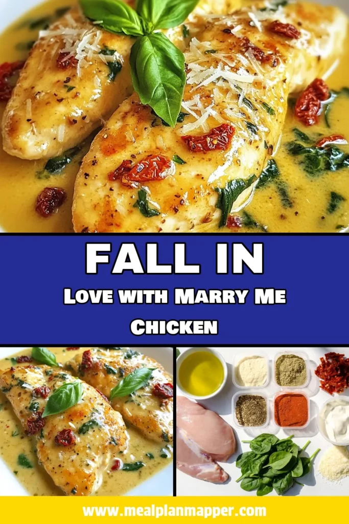 Discover the delicious Marry Me Chicken recipe, perfect for a creamy chicken dinner that will impress! This one-pan chicken meal features succulent sun-dried tomato chicken in a luscious sauce, making it an ideal choice for easy chicken recipes. With simple steps and easy-to-find ingredients, this dish is sure to become a favorite. Try it tonight and experience the magic! Save this recipe for your next dinner inspiration. #MarryMeChicken #OnePanChicken #CreamyChickenDinner #EasyChickenRecipes