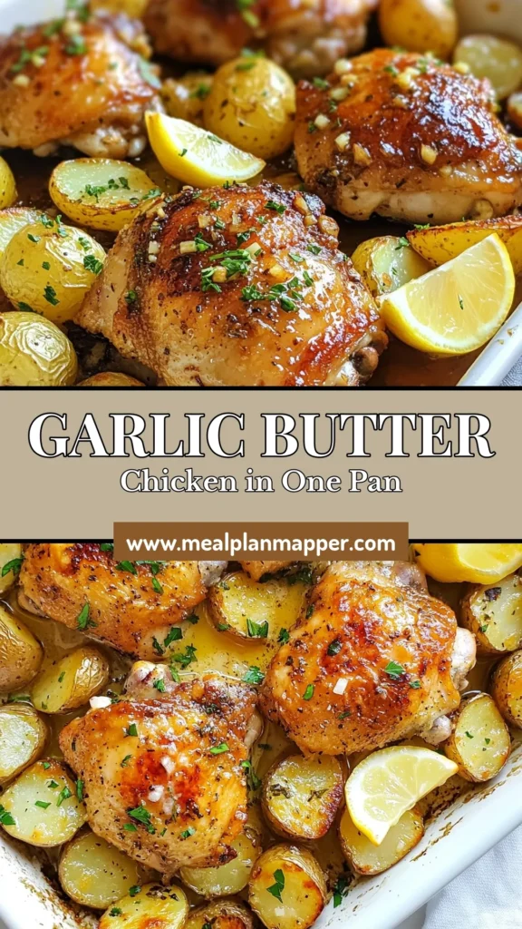 Discover the savory goodness of this garlic butter chicken recipe featuring roasted chicken thighs and potatoes. This easy chicken dinner comes together in one pan, making cleanup a breeze. Savor the flavors of skillet chicken with garlic as you enjoy perfectly roasted chicken and tender baby potatoes. Elevate your weeknight meals—try this delicious recipe now! Save it for later! #GarlicButterChicken #EasyDinner #OnePanMeals #ChickenRecipes
