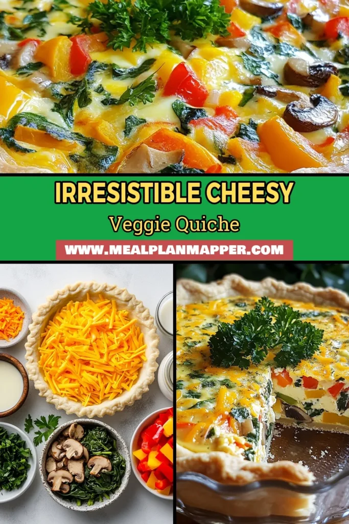 Indulge in this cheesy veggie quiche, a delightful vegetable quiche recipe perfect for any meal! This easy quiche with cheddar cheese combines eggs, heavy cream, and healthy quiche with mixed vegetables like spinach and bell peppers, all enveloped in a homemade quiche with pie crust. Ready in just 55 minutes, it’s a delicious way to enjoy a nutritious dish. Save this recipe for a tasty family dinner! #QuicheRecipe #HealthyEating #CheesyVeggieQuiche #HomemadeCooking