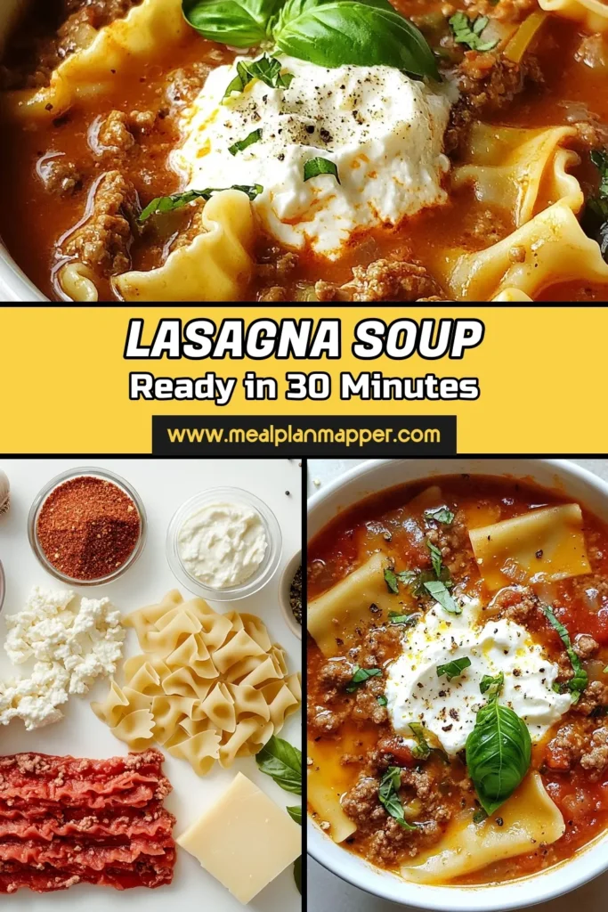 Craving a comforting meal that’s quick to make? Try this Speedy Lasagna Soup! Our easy lasagna soup recipe combines ground beef, crushed tomatoes, and the perfect blend of spices. With just one pot, you can create a delicious quick lasagna soup topped with creamy ricotta cheese and melted mozzarella. Ideal for busy weeknights, it will be a family favorite! Save this recipe for a cozy dinner! #lasagnasoup #speedylasagnasoup #onepotdinner #easyrecipe