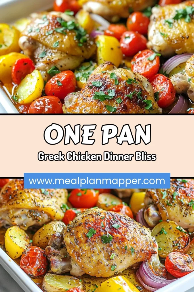 Discover a delicious Greek chicken recipe with this easy Greek meal that brings Mediterranean flavors to your table. This sheet pan dinner features juicy Mediterranean chicken thighs, golden potatoes, and vibrant roasted vegetables, all cooked together for a hassle-free meal. Perfect for busy weeknights! Try this roasted vegetable recipe today and simplify your dinner prep. Save this recipe for your next family feast! #GreekChickenRecipe #SheetPanDinner #MediterraneanChicken #EasyGreekMeal