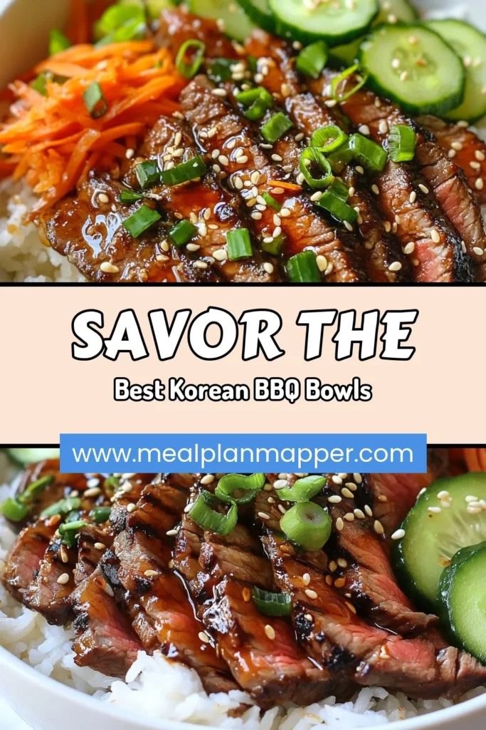 Discover the ultimate Korean BBQ Steak Bowl recipe that combines flavorful flank steak marinade and vibrant vegetables for a delicious and healthy Asian dinner idea. This easy Korean rice bowl features warm jasmine rice, homemade kimchi, and fresh toppings like cilantro and sesame seeds. Perfect for meal prep or family dinners! Try it tonight and elevate your weeknight meals. Save this recipe and make it your go-to! #KoreanBBQ #RiceBowl #HealthyDinner #AsianCuisine