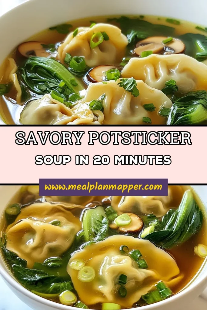 Whip up a deliciously savory potsticker soup for your next quick weeknight dinner! This easy dumpling soup recipe features flavorful frozen potstickers in a comforting vegetable potsticker broth. Packed with fresh bok choy and mushrooms, it's an Asian-inspired soup recipe that's ready in just 20 minutes. Don't miss out on this cozy meal—save and try it today! #PotstickerSoup #DumplingSoup #QuickDinner #AsianInspiredCooking