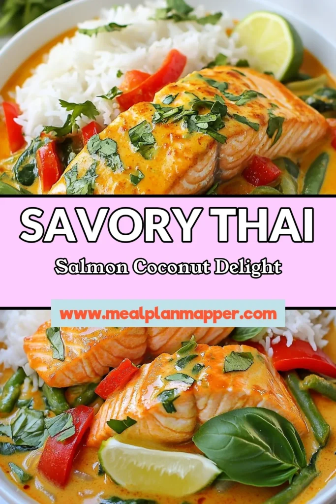 Discover the delicious flavors of this Thai Salmon Coconut Curry, a quick salmon curry that’s healthy and satisfying! This coconut milk recipe features tender salmon fillets simmered in a rich red curry paste dish, enhanced by vibrant veggies like red bell pepper and green beans. Perfect for a weeknight dinner. Save this recipe and bring a taste of Thailand to your kitchen! #ThaiSalmonCurry #CoconutMilkRecipe #HealthyThaiRecipe #QuickSalmonCurry