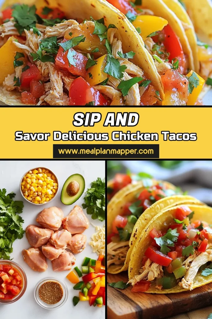 Savor the flavors of these easy Crockpot chicken tacos! This easy chicken taco recipe uses tender shredded chicken, diced tomatoes, corn, bell peppers, and a blend of spices, making it a perfect choice for taco night. Just set it in your slow cooker and let it do the work. Enjoy delicious shredded chicken tacos with your favorite toppings. Try this recipe today! #CrockpotChickenTacos #SlowCookerTacos #TacoNightRecipes #EasyChickenTacoRecipe