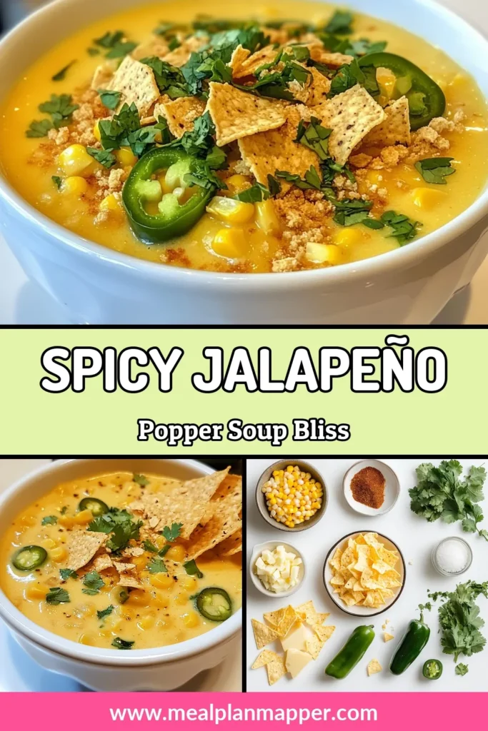 Dive into the delicious world of spicy jalapeño popper soup with this creamy jalapeño soup recipe! Perfect for chilly nights, this easy soup recipe with jalapeños features a blend of cream cheese, sharp cheddar, and sweet corn for a delightful fiesta soup. Enjoy this comforting jalapeño cheddar soup topped with crunchy tortilla chips. Try it out and savor every spoonful! Save this vibrant recipe for later! #SoupRecipes #JalapenoPopper #FiestaFlavors #CreamySoup