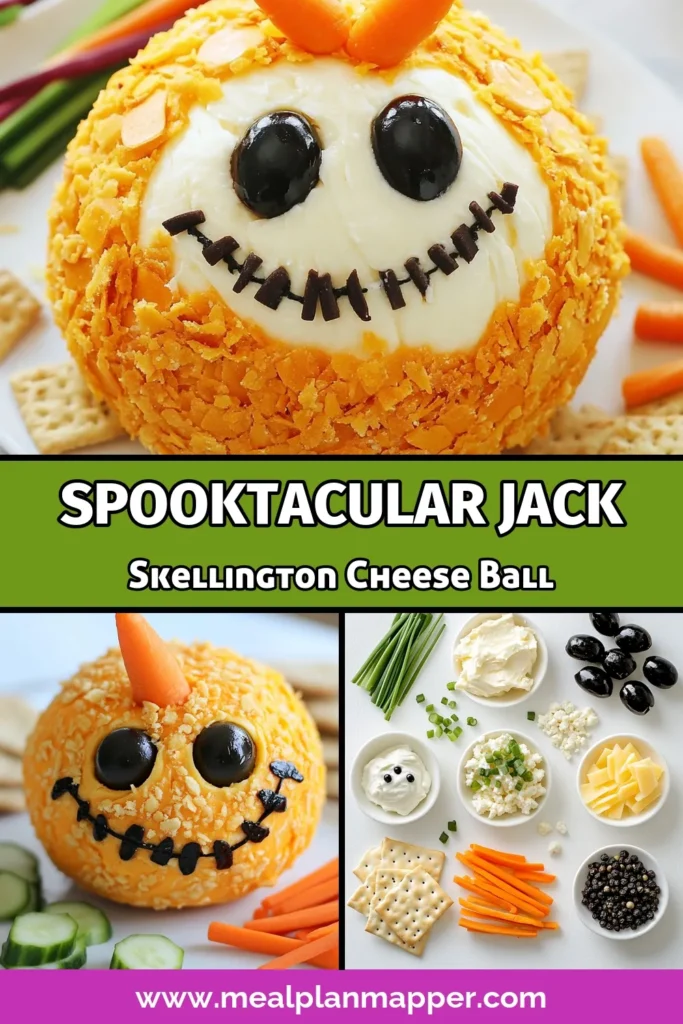 Get ready for a frightfully delightful treat with this Jack Skellington cheese ball recipe! Perfect for Halloween parties, this spooky cheese ball appetizer features a creamy blend of cheeses and is decorated to look just like Jack himself. An easy cheese ball recipe that's sure to impress guests, it's a must-have among Halloween party snacks. Save this recipe now and bring a taste of Halloween magic to your table! #HalloweenRecipes #CheeseBall #PartySnacks #HalloweenFood