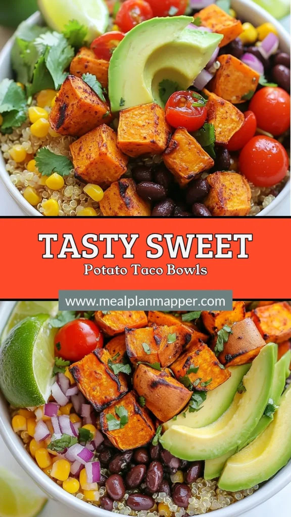 Elevate your mealtime with these delicious sweet potato taco bowls! This healthy taco bowl recipe combines roasted sweet potatoes, black bean taco bowls, and quinoa for a nutritious twist. Perfect for meal prep or a weeknight dinner, this roasted sweet potato recipe will impress your family and friends. Try this quinoa sweet potato bowl today and savor every bite. Save this recipe and make it your go-to! #SweetPotatoTacoBowls #HealthyEating #MealPrep #TacoNight
