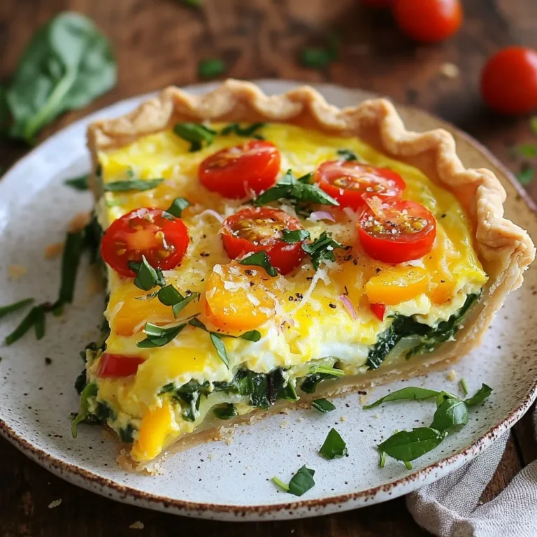 To make a delicious breakfast quiche, you need the following ingredients: - Pre-made pie crust - Large eggs (6) - Whole milk (1 cup) - Shredded cheese (1 cup, any variety) - Fresh spinach (1 cup, chopped) - Bell peppers (1/2 cup, diced) - Cherry tomatoes (1/2 cup, halved) - Red onion (1/4 cup, finely chopped) - Seasoning (salt, pepper, oregano) - Olive oil (1 teaspoon) Each ingredient plays a key role in flavor and texture. The pie crust gives a nice, flaky base. Eggs and milk create a rich filling. Cheese adds creaminess and depth. The veggies add color and nutrition. You can mix and match the vegetables based on what you have. Using fresh ingredients makes a big difference in taste. {{ingredient_image_2}} Set the temperature to 375°F (190°C). This prepares the oven for baking. Place the pre-made pie crust into a 9-inch pie dish. Prick the bottom and sides with a fork. This helps prevent bubbling during baking. Pre-bake the crust for 10 minutes. Remove it and let it cool a bit. In a large bowl, crack the 6 large eggs. Add in 1 cup of whole milk. Whisk them together until frothy and mixed well. Season the mixture with salt, pepper, and 1 teaspoon of dried oregano. Heat 1 teaspoon of olive oil in a skillet over medium heat. When hot, add the finely chopped red onion and diced bell peppers. Cook for 3-4 minutes. Stir occasionally until the veggies soften. Then, add the chopped spinach and halved cherry tomatoes. Cook for another 2 minutes until the spinach wilts. Spread the sautéed vegetable mix over the pre-baked pie crust. Make sure it covers the bottom evenly. Carefully pour the egg mixture over the veggies. Top with 1 cup of shredded cheese, spreading it out evenly. Place the quiche in the oven. Bake for 30-35 minutes. It’s done when the center is set and the top is golden brown. A knife inserted should come out clean. Let it cool for about 10 minutes before slicing into 8 wedges. Enjoy your tasty quiche! Use cheese that melts well. Cheddar and mozzarella are great choices. They add a creamy texture and rich flavor. You can also try feta or goat cheese for a tangy twist. Each cheese will change the taste of your quiche. Mix different cheeses for a fun flavor blend. You can swap out the veggies if you like. Zucchini, mushrooms, or kale work nicely. Just make sure to chop them small. This helps them cook evenly in the quiche. Try using seasonal vegetables for fresh flavors. You can also add herbs like basil or thyme for extra zest. Check the quiche after 30 minutes in the oven. The top should be golden brown. Insert a knife into the center; it should come out clean. If the crust looks too brown, cover it with foil. This helps prevent sogginess. Let it cool for 10 minutes before slicing. This helps the quiche set and makes serving easier. Pro Tips Use Fresh Ingredients: Opt for fresh vegetables and herbs to enhance the flavor and nutritional value of your quiche. Fresh ingredients not only taste better but also add a vibrant color to your dish. Experiment with Cheese: Don't be afraid to mix different types of cheese for a unique flavor profile. A combination of sharp cheddar and creamy mozzarella can create a delightful blend. Let It Rest: After baking, allow the quiche to rest for at least 10 minutes before slicing. This helps the filling set, making it easier to cut clean slices without spilling. Customize Your Veggies: Feel free to swap out the vegetables based on your preferences or what's in season. Zucchini, mushrooms, or even broccoli can make great additions or substitutes. {{image_4}} You can easily change the quiche to fit your tastes. To make a meat lovers quiche, add bacon or ham. Start by cooking the bacon until it's crispy. Chop it into small pieces. Mix it with the sautéed veggies before adding the egg. If you prefer ham, cut it into tiny cubes. Both meats add great flavor and protein. If you need a gluten-free option, use a gluten-free crust. Many stores sell pre-made gluten-free crusts. They are easy to find and save time. Follow the same steps for filling and baking the quiche. The taste remains just as delicious. For a vegan twist, substitute eggs and dairy. Use a mix of silken tofu and plant milk instead of eggs. Blend them until smooth. Add nutritional yeast for a cheesy flavor. Instead of cheese, use vegan cheese or skip it altogether. This way, you keep the dish tasty and plant-based. After you enjoy your quiche, store leftovers in the fridge. Cover the quiche tightly with plastic wrap or foil. You can also place it in an airtight container. This keeps it fresh and safe to eat. If you have more leftovers, freeze them for later. Wrap individual slices in plastic wrap, then place them in a freezer bag. Make sure to squeeze out the air to prevent freezer burn. To enjoy your quiche again, you can reheat it in the oven. Preheat the oven to 350°F (175°C). Place your slice on a baking sheet and heat for about 15 to 20 minutes. This keeps the crust crispy. You can also use the microwave for a quick option. Heat each slice for 30 seconds to 1 minute. Use a microwave-safe plate and cover it with a paper towel. This helps keep the moisture in. In the fridge, your quiche lasts for about 3 to 4 days. If you freeze it, it can stay good for up to 2 months. Just remember to label your freezer bags with the date. This way, you know when to eat it. When you're ready to eat, just thaw it in the fridge overnight before reheating. Yes, you can make this quiche ahead of time. It saves time on busy mornings. To prepare, follow the recipe and let the quiche cool completely. Then, cover it with plastic wrap or foil. You can store it in the fridge for up to three days. For longer storage, you can freeze it. Just wrap it tightly in foil or use a freezer-safe container. When you're ready to eat, thaw it overnight in the fridge. Reheat slices in the oven at 350°F (175°C) until warmed through. Quiche pairs well with many side dishes. Here are some ideas: - A light salad with mixed greens and vinaigrette. - Fresh fruit like berries or melon for a sweet touch. - Crispy hash browns or roasted potatoes for a heartier meal. - Sliced avocado for creaminess and added nutrition. - A light soup, like tomato or vegetable, for a cozy combo. Yes, you can use egg substitutes in this quiche. Here are some options: - Silken tofu blended until smooth. Use 1/4 cup per egg. - Unsweetened applesauce, using 1/4 cup per egg. - A mixture of flaxseed meal and water. Use 1 tablespoon of flaxseed with 2.5 tablespoons of water per egg. These substitutes work well and keep the quiche moist and tasty. This blog post covered making a tasty quiche with simple steps and ingredients. You learned about the right cheese, customizing veggies, and variations like a meat lovers or vegan option. Keeping leftovers fresh is also easy with the right storage tips. In conclusion, making quiche is fun and flexible. It’s a dish you can enjoy any time. Try it out and make it your own!