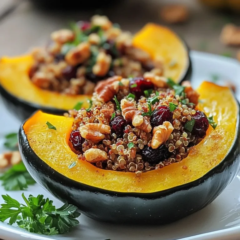 - 2 medium acorn squashes, halved and seeds removed - 1 cup quinoa, thoroughly rinsed - 2 cups vegetable broth - 1 small onion, finely chopped - 2 cloves garlic, minced - 1 cup dried cranberries - 1 cup walnuts, chopped and toasted - 1 teaspoon ground cinnamon - 1/2 teaspoon nutmeg - 1 tablespoon olive oil (plus more for drizzling) - Salt and pepper to taste - Fresh parsley, chopped, for garnish You can add some extra flavor with these options: - Feta cheese for a creamy twist - Spinach or kale for a green boost - Chopped apples for added sweetness - Different nuts like pecans or almonds When picking acorn squashes, look for these signs: - Choose squashes that feel heavy for their size. - Check for a firm skin without soft spots. - Look for a rich, dark green color. - A matte finish often means it is fresh. These tips will help you find the best acorn squashes for your dish. Enjoy the cooking process and let your flavors shine! {{ingredient_image_2}} 1. Preheat your oven to 400°F (200°C). 2. Cut the acorn squashes in half and scoop out the seeds. 3. Place the squash halves on a baking sheet, cut side up. 4. Drizzle olive oil on the squashes and sprinkle with salt and pepper. 5. Roast them for 25-30 minutes until tender. 6. While they roast, rinse the quinoa in a fine sieve. 7. In a medium pot, combine rinsed quinoa and vegetable broth. 8. Bring to a boil and then lower the heat. 9. Cover and simmer for about 15 minutes. 10. Heat olive oil in a large skillet over medium heat. 11. Add chopped onion and minced garlic, cooking until soft. 12. Mix in cranberries, walnuts, cinnamon, nutmeg, and cooked quinoa. 13. Season with salt and pepper, stirring well. 14. Once the squash is roasted, fill them with the quinoa mix. 15. Press the stuffing down lightly to pack it in. 16. Bake the stuffed squashes for 10-15 more minutes. 17. Remove them from the oven and add chopped parsley on top. - Roasting the squash takes about 25-30 minutes. - Cooking the quinoa takes around 15 minutes. - Baking the stuffed squash needs an extra 10-15 minutes. - Total time is about 1 hour to make this dish. - Use a bright plate for serving. - Arrange the stuffed halves neatly, cut side up. - Garnish with fresh parsley for color. - Add a drizzle of olive oil for shine. - Consider placing cranberries around the plate for a pop. To make quinoa fluffy, rinse it well. This helps remove any bitter taste. Use a ratio of 1 cup quinoa to 2 cups vegetable broth. Bring the broth to a boil, then lower the heat and cover. Cook it for about 15 minutes. After cooking, let it sit for 5 minutes. Fluff it gently with a fork. This method ensures each grain is light and airy. Seasoning your stuffing is key to great flavor. For a warm touch, use ground cinnamon and nutmeg. They pair well with quinoa and dried cranberries. You can also add garlic powder or onion powder for depth. If you like heat, try adding a pinch of cayenne pepper. Always taste your mixture before stuffing. This way, you can adjust the salt and pepper to your liking. When serving stuffed acorn squash, a beautiful presentation matters. Use a large serving platter to arrange the halves. Drizzle with olive oil for shine. Add fresh herbs like parsley on top for color. You can also sprinkle extra toasted walnuts for crunch. If you want, serve with a side of cranberry sauce. This adds a festive touch and extra flavor. Pro Tips Choose the Right Squash: Look for acorn squashes that are firm and heavy for their size. This ensures they are fresh and have the best flavor. Toast Your Walnuts: Toasting walnuts enhances their flavor and adds a delightful crunch to your stuffing. Just a few minutes in a dry skillet will do the trick. Make It Ahead: You can prepare the quinoa stuffing in advance and store it in the fridge. Just stuff the squashes and bake them when you’re ready to serve. Experiment with Spices: Feel free to get creative with the spices! Adding a pinch of cayenne or some fresh herbs can elevate the flavor profile of the stuffing. {{image_4}} You can easily make this dish vegan by swapping the vegetable broth for a homemade version. Use water and add spices for flavor. For gluten-free, ensure your quinoa is certified gluten-free. It naturally fits this diet. You can switch up the stuffing to add your favorite tastes. Try diced apples for sweetness or add bell peppers for crunch. Chickpeas can add protein and make it heartier. You can also use different nuts like pecans or almonds. Serve the stuffed squash on a bed of fresh greens. This adds color and freshness. You can also drizzle a balsamic glaze over the top for extra flavor. For a fun twist, serve with a side of roasted veggies or a grain salad. To store leftover stuffed squash, let it cool first. Then, place it in an airtight container. Make sure to cover it well. You can keep it in the fridge for up to three days. If you have more than you can eat, freezing is a great option. If you want to freeze stuffed squash, follow these steps. Wrap each half tightly in plastic wrap. Then, place them in a freezer bag or container. They can last in the freezer for up to three months. When you're ready to eat, thaw them in the fridge overnight for best results. To reheat stuffed squash, preheat your oven to 350°F (175°C). Place the squash on a baking sheet. Cover it loosely with foil to keep it moist. Bake for about 20 minutes or until heated through. You can also microwave it for a quicker option, but the oven gives the best taste. Enjoy your delicious leftovers! Yes, you can prepare stuffed acorn squash in advance. You can roast the squashes and make the filling the day before. Store them separately in the fridge. When you’re ready to serve, fill the squashes and bake them for a warm meal. Stuffed acorn squash pairs well with many dishes. Here are a few ideas: - A fresh green salad for crunch. - Roasted Brussels sprouts for a seasonal touch. - Mashed potatoes or sweet potatoes for comfort. - A warm bread roll to soak up flavors. You can tell the squash is done when it is tender. Use a fork to poke the flesh. It should slide in easily. The edges may also brown slightly, giving it a nice look. Enjoy this tasty dish! We explored delicious stuffed acorn squash, detailing key ingredients and cooking steps. I offered tips for fresh ingredients and cooking timing to ensure success. Customizing your dish lets you cater to tastes and diets. I shared storage tips to keep your leftovers fresh and tasty. With these insights, you can impress your family and friends with a fantastic meal. Enjoy the process and watch your skills grow. You can create amazing meals that everyone will love!