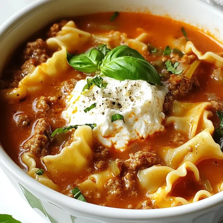 To make Speedy Lasagna Soup, you will need these key ingredients: - 1 lb ground beef or Italian sausage - 1 medium onion, finely chopped - 2 cloves garlic, minced - 1 can (28 oz) crushed tomatoes - 4 cups chicken or vegetable broth - 2 teaspoons dried Italian seasoning - 1 teaspoon red pepper flakes (optional, for heat) - 8 lasagna noodles, broken into smaller pieces - 1 cup ricotta cheese - 1 cup shredded mozzarella cheese - ½ cup grated Parmesan cheese - Salt and freshly ground black pepper, to taste You can enhance the flavor of your soup with these optional ingredients: - Red pepper flakes for heat - Fresh herbs like thyme or parsley - Spinach for added greens - Mushrooms for an earthy taste Garnishing your soup can make it even more appealing. Here are some great options: - Fresh basil leaves - Extra mozzarella cheese on top - A drizzle of olive oil - Cracked black pepper for a bit of spice These ingredients come together to create a hearty, delicious meal that warms the soul. Use these tips to make your soup even better! {{ingredient_image_2}} First, grab a large pot and set it on medium heat. Add 1 pound of ground beef or Italian sausage. Cook it until it turns brown, which takes about 5 to 7 minutes. As it cooks, break it apart with a wooden spoon. If there is too much fat, drain it off. Next, add 1 medium onion, finely chopped. Sauté it for about 3 to 4 minutes. You want it soft and clear. Then, stir in 2 cloves of minced garlic. Cook for another minute. The garlic should smell great but not burn. Now, it’s time for the juicy part! Pour in 1 can of crushed tomatoes. Then, add 4 cups of chicken or vegetable broth. Stir in 2 teaspoons of dried Italian seasoning. If you like some heat, add 1 teaspoon of red pepper flakes. Don’t forget a generous pinch of salt and pepper! Bring this mix to a gentle simmer. Let it cook for about 5 minutes to blend the flavors. Carefully add 8 broken lasagna noodles to the pot. Cook for about 10 to 12 minutes. Stir occasionally so the noodles do not stick. You want them tender but not mushy. While the soup simmers, prepare the creamy cheese. In a bowl, mix 1 cup of ricotta cheese with a pinch of salt and pepper. Make it smooth. To serve, ladle the soup into bowls. Add a big dollop of ricotta to each bowl. Top with 1 cup of shredded mozzarella and ½ cup of grated Parmesan cheese. The heat will melt the cheese just right. Finally, add fresh basil leaves for a pop of color and taste. To boost flavor, use fresh herbs. Fresh basil adds a bright taste. You can also try adding a splash of balsamic vinegar. It gives a nice tang. If you want more heat, add extra red pepper flakes. For texture, crisp some bread on the side. It complements the soup well. Another tip is to use good-quality broth. It makes a big difference in taste. Breaking the lasagna noodles helps them cook evenly. Ensure you stir them often. This keeps them from sticking together. Cook them in the soup for 10-12 minutes. They should be tender but not mushy. If you want, you can also cook them separately. Just add them to the soup later. This keeps them firm and intact. For a beautiful presentation, use deep bowls. Ladle the soup in and top with ricotta. Then add shredded mozzarella and Parmesan. Let the cheese melt slightly for a nice look. Finish with fresh basil leaves on top. A drizzle of olive oil adds flavor and shine. You can also sprinkle cracked black pepper for a nice touch. This makes your soup not just tasty, but also pretty! Pro Tips Use Fresh Ingredients: Fresh herbs and high-quality canned tomatoes can elevate the flavors of your soup, making it taste even more delicious. Customize the Heat: Adjust the amount of red pepper flakes according to your spice preference. You can also add a dash of hot sauce for an extra kick. Make It Vegetarian: Substitute the meat with lentils or mushrooms for a hearty vegetarian version of this soup without sacrificing flavor. Store Leftovers Properly: If you have leftovers, store the soup and cheese toppings separately to prevent the noodles from becoming too soft when reheating. {{image_4}} For a vegetarian version, swap the meat for mushrooms or lentils. Use a mix of bell peppers and zucchini for added flavor. You can also add spinach for extra nutrients. Use vegetable broth instead of chicken broth. This keeps the base rich and tasty. You will still enjoy the same comforting feel of lasagna in soup form. To make this soup gluten-free, replace lasagna noodles with gluten-free pasta. Many brands offer a variety that works well in soup. Always check the package for cooking times. Feel free to use gluten-free broth to keep it safe. Your soup will still be hearty and full of flavor. If you love heat, add more red pepper flakes or diced jalapeños. You can also stir in some spicy Italian sausage instead of ground beef. For a unique twist, try adding a splash of hot sauce before serving. This will give your soup an exciting kick, perfect for those who enjoy bold flavors. To store leftover lasagna soup, let it cool first. Place it in an airtight container. This keeps the soup fresh. You can store it in the fridge for up to three days. Make sure to label the container with the date. This way, you’ll know when to eat it! If you want to save it for later, freezing works well. Pour the cooled soup into freezer-safe containers. Leave room at the top for expansion. Seal them tightly and label with the date. You can freeze it for up to three months. Just remember, it tastes best if you eat it sooner! When you’re ready to enjoy the soup again, reheating is easy. Thaw the frozen soup in the fridge overnight. If you’re in a hurry, use the microwave. Heat it in short bursts, stirring often. You can also reheat it on the stove over medium heat. Add a splash of broth if it seems too thick. This helps bring back the soup’s texture. Enjoy your tasty meal! Yes, you can make Speedy Lasagna Soup in advance. It tastes even better the next day! Just store it in the fridge. When you are ready to eat, heat it on the stove until warm. You can use ground turkey or chicken instead of ground beef or sausage. If you want a meatless option, try lentils or mushrooms. Both options add great flavor and texture. To make the soup creamier, add more ricotta cheese. Stir it in just before serving for a rich texture. You can also mix in a splash of heavy cream for extra creaminess. Ricotta cheese adds a nice touch to this soup, but it is not necessary. If you don't have ricotta, you can skip it or use cream cheese instead. Yes, increasing the serving size is easy. Just double the ingredients and use a larger pot to cook everything. This soup is great for sharing! Speedy Lasagna Soup stays fresh in the fridge for about 3 to 4 days. Make sure to store it in an airtight container for the best results. You learned how to make Speedy Lasagna Soup step by step. We explored the main ingredients, optional add-ons, and garnishes to boost flavor. I shared tips to enhance your dish and variations for different diets. You also got storage advice to keep leftovers fresh. Enjoy creating your tasty soup, and remember to experiment. Make it your own, and savor every bite!