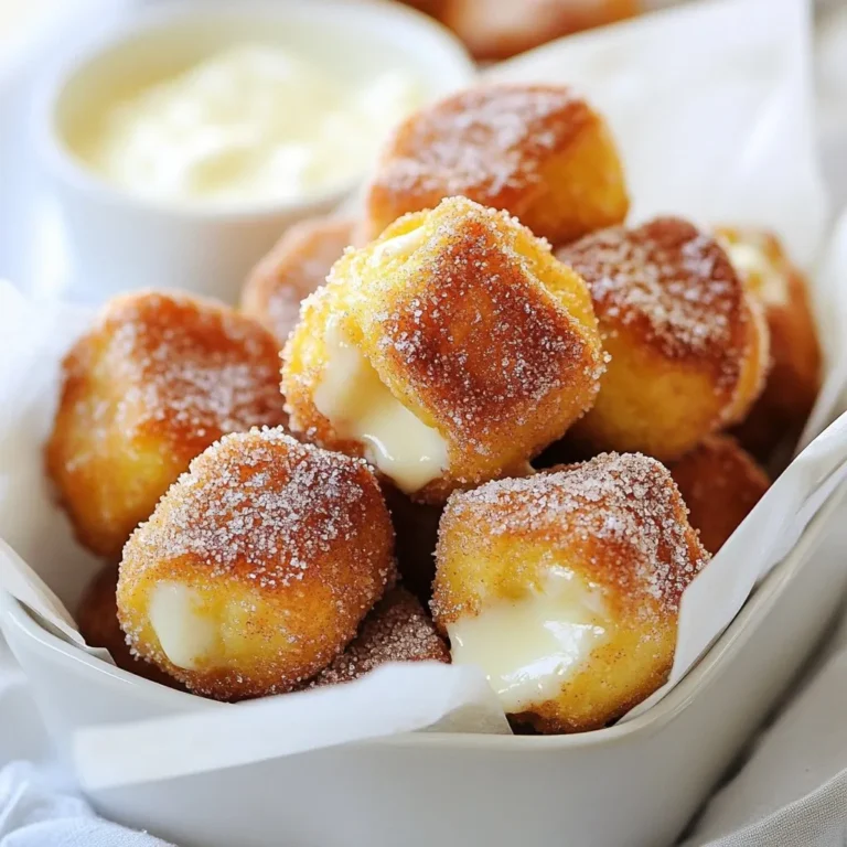 To make your cinnamon sugar pretzel bites, gather these ingredients: - 1 1/2 cups warm water (110°F to 115°F) - 2 tablespoons granulated sugar - 1 packet (2 1/4 teaspoons) active dry yeast - 4 cups all-purpose flour - 1 teaspoon salt - 1/4 cup baking soda - 1 large egg, beaten (for egg wash) - 1/2 cup unsalted butter, melted - 1/2 cup granulated sugar (for coating) - 2 teaspoons ground cinnamon You can make some changes if you need to. Here are a few options: - Use brown sugar instead of granulated sugar for a deeper flavor. - Swap all-purpose flour with bread flour for extra chewiness. - Try using coconut oil instead of unsalted butter for a dairy-free version. To create these delightful bites, make sure you have: - Medium and large mixing bowls - Wooden spoon or spatula - Clean kitchen cloth - Slotted spoon - Baking sheet - Parchment paper - Pastry brush - Pot for boiling water With these ingredients and tools, you’re ready to create a delicious snack that everyone will love! {{ingredient_image_2}} Making cinnamon sugar pretzel bites is fun and simple. Follow these steps: 1. Activate the yeast. 2. Mix the dough. 3. Knead until smooth. 4. Let it rise. 5. Shape and boil the bites. 6. Bake and coat in cinnamon sugar. 1. Activate the yeast: In a medium bowl, mix 1 1/2 cups of warm water, 2 tablespoons of sugar, and the yeast. Stir gently. Let it sit for 5 minutes. You want it to look frothy. 2. Mix the dough: In a large bowl, whisk 4 cups of flour and 1 teaspoon of salt. Pour the yeast mixture into the flour. Stir with a wooden spoon until a shaggy dough forms. 3. Knead until smooth: Turn the dough onto a floured surface. Knead for 5-7 minutes. The dough should feel smooth and elastic. 4. Let it rise: Grease a large bowl with oil. Place the dough inside and cover it with a cloth. Let it rise for about 1 hour. It should double in size. 5. Shape and boil the bites: Preheat your oven to 425°F (220°C). Punch down the dough. Cut it into small pieces. Roll them into balls. Boil 10 cups of water and add 1/4 cup of baking soda. Drop in 8-10 bites at a time for 30 seconds. Remove with a slotted spoon. 6. Bake and coat: Place the boiled bites on a baking sheet. Brush with a beaten egg. Bake for 12-14 minutes until golden brown. Mix 1/2 cup sugar and 2 teaspoons cinnamon in a bowl. While warm, coat the bites in melted butter, then toss in the cinnamon sugar mixture. - Always use warm water. Too hot can kill the yeast; too cold won't activate it. - Knead the dough well. This helps build gluten, making the bites chewy. - Make sure to let the dough rise in a warm place. A cold spot can slow the process. - If the dough feels sticky, sprinkle a little more flour while kneading. To get the best texture, knead the dough well. Knead it for about 5 to 7 minutes. The dough should feel smooth and elastic. If it feels sticky, add a little more flour. When you shape the bites, keep them uniform. This helps them bake evenly. Boiling them in baking soda water gives that classic pretzel chew. Don’t skip this step; it makes a big difference! One common mistake is not letting the dough rise enough. Make sure it doubles in size before shaping. If your water is too hot or too cold, the yeast may not activate. Aim for 110°F to 115°F. Finally, don’t overcrowd the pot when boiling. This can cause them to stick together. Work in small batches for the best results. After baking, brush the pretzel bites with melted butter. This adds rich flavor and helps the cinnamon sugar stick. Mix 1/2 cup sugar with 2 teaspoons cinnamon for the perfect coating. For a fun twist, try adding a pinch of nutmeg or vanilla to the sugar mix. You can also dip them in cream cheese or chocolate sauce for extra yum! Pro Tips Yeast Activation: Ensure your water temperature is between 110°F and 115°F for optimal yeast activation. Too hot can kill the yeast, while too cold won’t activate it properly. Dough Consistency: When kneading the dough, it should be smooth and elastic. If it’s too sticky, add a bit more flour, but avoid adding too much as it can make the pretzel bites tough. Boiling Technique: Boiling the pretzel bites in baking soda water gives them that classic pretzel flavor and chewy texture. Make sure the water is at a rolling boil before adding the bites. Cinnamon Sugar Coating: For the best flavor, toss the warm pretzel bites in the cinnamon-sugar mixture immediately after brushing them with melted butter. This ensures the sugar sticks well. {{image_4}} You can make your cinnamon sugar pretzel bites even sweeter. Try serving them with chocolate or caramel dips. To make a chocolate dip, melt chocolate chips in a bowl. You can use milk chocolate, dark chocolate, or even white chocolate. If you prefer caramel, melt caramel candies with a splash of cream. This adds a fun twist and makes your bites extra special. If you like savory snacks, cheese-stuffed pretzel bites are a great choice. Just roll out the dough and place a small cube of cheese inside. Seal the dough around the cheese, then boil and bake as usual. You can use any cheese you like, such as cheddar or mozzarella. This version is perfect for cheese lovers and adds a delicious surprise inside. For those who need a gluten-free option, you can substitute regular flour with gluten-free all-purpose flour. Make sure the flour blend contains xanthan gum, which helps with texture. Follow the same steps in the recipe. Your cinnamon sugar pretzel bites will still be soft and tasty. Everyone can enjoy these bites, no matter their diet. Store your leftover pretzel bites in an airtight container. This keeps them soft and fresh. If you leave them out, they may get hard quickly. You can place parchment paper between layers to avoid sticking. Make sure to consume them within two days for the best taste. To reheat your pretzel bites, preheat your oven to 350°F (175°C). Place them on a baking sheet. Heat for about 5-7 minutes until warm. This method keeps them soft and tasty. You can also microwave them, but they may get chewy. You can freeze pretzel bites for later. Let them cool completely before freezing. Place them in a freezer-safe bag or container. They can last for up to three months in the freezer. To enjoy, thaw them in the fridge overnight, then reheat as mentioned above. Enjoy your tasty snack whenever you want! Homemade pretzel bites stay fresh for about 2 to 3 days when stored at room temperature. To keep them longer, seal them in an airtight container. If you want to store them even longer, freeze them. They can last up to 3 months in the freezer. Yes, you can prepare the dough ahead of time. After kneading, place it in the fridge for up to 24 hours. Just bring it back to room temperature before shaping and boiling. You can also shape and boil them ahead of time, then bake them fresh when you're ready to serve. Cinnamon sugar pretzel bites taste great on their own! However, you can enhance the experience with dips. Try serving them with cream cheese frosting, chocolate sauce, or caramel dip. These pairings add a delightful touch to every bite. If your dough isn't rising, check the yeast. It needs warmth and moisture to activate. Make sure your water is between 110°F to 115°F. If it’s too hot or too cold, the yeast won’t work. Also, ensure you're using fresh yeast. If your dough still doesn’t rise, it may need more time in a warm spot. Making pretzel bites is fun and easy. We covered ingredients, tools, and steps needed. You learned tips for texture and flavor. Variations bring sweet and savory options to your table. Proper storage helps keep them fresh for days. In the end, enjoy your pretzel bites with family or friends. Happy baking!