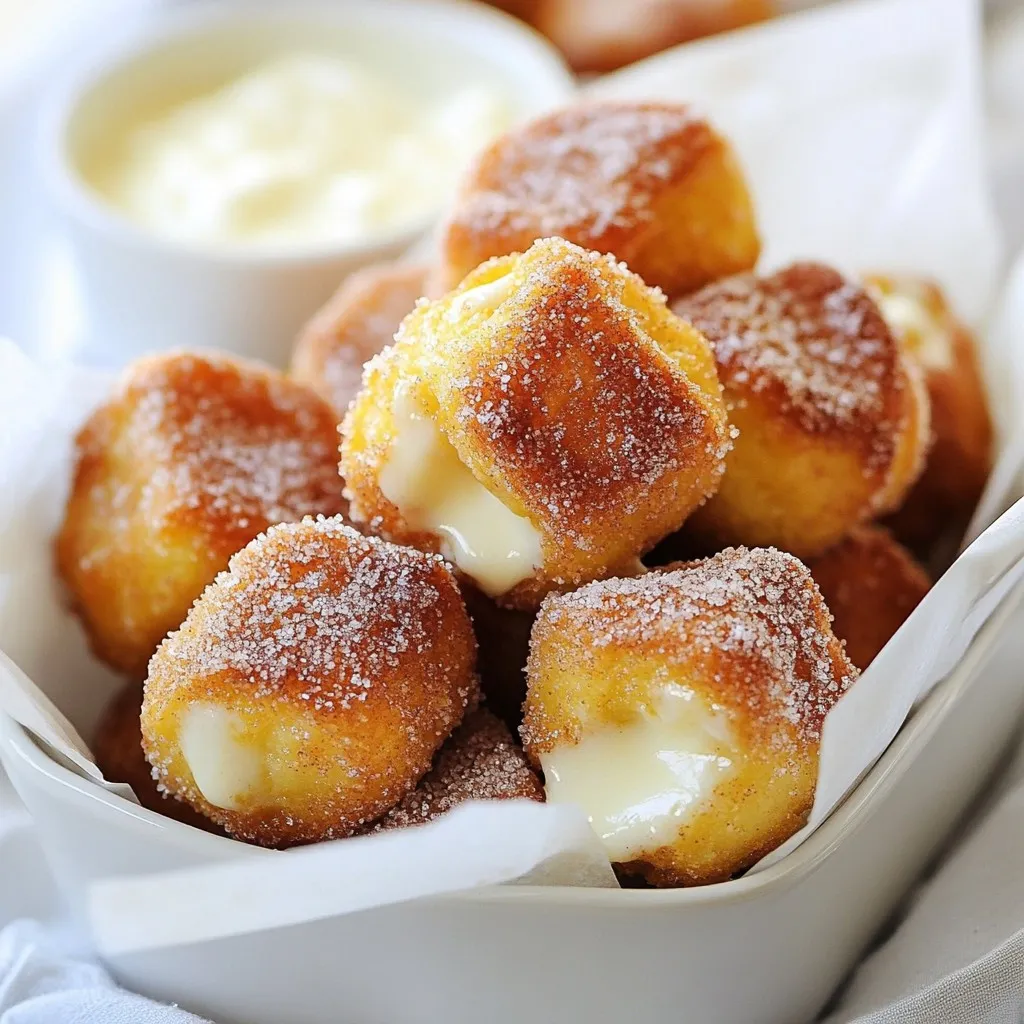 To make your cinnamon sugar pretzel bites, gather these ingredients: - 1 1/2 cups warm water (110°F to 115°F) - 2 tablespoons granulated sugar - 1 packet (2 1/4 teaspoons) active dry yeast - 4 cups all-purpose flour - 1 teaspoon salt - 1/4 cup baking soda - 1 large egg, beaten (for egg wash) - 1/2 cup unsalted butter, melted - 1/2 cup granulated sugar (for coating) - 2 teaspoons ground cinnamon You can make some changes if you need to. Here are a few options: - Use brown sugar instead of granulated sugar for a deeper flavor. - Swap all-purpose flour with bread flour for extra chewiness. - Try using coconut oil instead of unsalted butter for a dairy-free version. To create these delightful bites, make sure you have: - Medium and large mixing bowls - Wooden spoon or spatula - Clean kitchen cloth - Slotted spoon - Baking sheet - Parchment paper - Pastry brush - Pot for boiling water With these ingredients and tools, you’re ready to create a delicious snack that everyone will love! {{ingredient_image_2}} Making cinnamon sugar pretzel bites is fun and simple. Follow these steps: 1. Activate the yeast. 2. Mix the dough. 3. Knead until smooth. 4. Let it rise. 5. Shape and boil the bites. 6. Bake and coat in cinnamon sugar. 1. Activate the yeast: In a medium bowl, mix 1 1/2 cups of warm water, 2 tablespoons of sugar, and the yeast. Stir gently. Let it sit for 5 minutes. You want it to look frothy. 2. Mix the dough: In a large bowl, whisk 4 cups of flour and 1 teaspoon of salt. Pour the yeast mixture into the flour. Stir with a wooden spoon until a shaggy dough forms. 3. Knead until smooth: Turn the dough onto a floured surface. Knead for 5-7 minutes. The dough should feel smooth and elastic. 4. Let it rise: Grease a large bowl with oil. Place the dough inside and cover it with a cloth. Let it rise for about 1 hour. It should double in size. 5. Shape and boil the bites: Preheat your oven to 425°F (220°C). Punch down the dough. Cut it into small pieces. Roll them into balls. Boil 10 cups of water and add 1/4 cup of baking soda. Drop in 8-10 bites at a time for 30 seconds. Remove with a slotted spoon. 6. Bake and coat: Place the boiled bites on a baking sheet. Brush with a beaten egg. Bake for 12-14 minutes until golden brown. Mix 1/2 cup sugar and 2 teaspoons cinnamon in a bowl. While warm, coat the bites in melted butter, then toss in the cinnamon sugar mixture. - Always use warm water. Too hot can kill the yeast; too cold won't activate it. - Knead the dough well. This helps build gluten, making the bites chewy. - Make sure to let the dough rise in a warm place. A cold spot can slow the process. - If the dough feels sticky, sprinkle a little more flour while kneading. To get the best texture, knead the dough well. Knead it for about 5 to 7 minutes. The dough should feel smooth and elastic. If it feels sticky, add a little more flour. When you shape the bites, keep them uniform. This helps them bake evenly. Boiling them in baking soda water gives that classic pretzel chew. Don’t skip this step; it makes a big difference! One common mistake is not letting the dough rise enough. Make sure it doubles in size before shaping. If your water is too hot or too cold, the yeast may not activate. Aim for 110°F to 115°F. Finally, don’t overcrowd the pot when boiling. This can cause them to stick together. Work in small batches for the best results. After baking, brush the pretzel bites with melted butter. This adds rich flavor and helps the cinnamon sugar stick. Mix 1/2 cup sugar with 2 teaspoons cinnamon for the perfect coating. For a fun twist, try adding a pinch of nutmeg or vanilla to the sugar mix. You can also dip them in cream cheese or chocolate sauce for extra yum! Pro Tips Yeast Activation: Ensure your water temperature is between 110°F and 115°F for optimal yeast activation. Too hot can kill the yeast, while too cold won’t activate it properly. Dough Consistency: When kneading the dough, it should be smooth and elastic. If it’s too sticky, add a bit more flour, but avoid adding too much as it can make the pretzel bites tough. Boiling Technique: Boiling the pretzel bites in baking soda water gives them that classic pretzel flavor and chewy texture. Make sure the water is at a rolling boil before adding the bites. Cinnamon Sugar Coating: For the best flavor, toss the warm pretzel bites in the cinnamon-sugar mixture immediately after brushing them with melted butter. This ensures the sugar sticks well. {{image_4}} You can make your cinnamon sugar pretzel bites even sweeter. Try serving them with chocolate or caramel dips. To make a chocolate dip, melt chocolate chips in a bowl. You can use milk chocolate, dark chocolate, or even white chocolate. If you prefer caramel, melt caramel candies with a splash of cream. This adds a fun twist and makes your bites extra special. If you like savory snacks, cheese-stuffed pretzel bites are a great choice. Just roll out the dough and place a small cube of cheese inside. Seal the dough around the cheese, then boil and bake as usual. You can use any cheese you like, such as cheddar or mozzarella. This version is perfect for cheese lovers and adds a delicious surprise inside. For those who need a gluten-free option, you can substitute regular flour with gluten-free all-purpose flour. Make sure the flour blend contains xanthan gum, which helps with texture. Follow the same steps in the recipe. Your cinnamon sugar pretzel bites will still be soft and tasty. Everyone can enjoy these bites, no matter their diet. Store your leftover pretzel bites in an airtight container. This keeps them soft and fresh. If you leave them out, they may get hard quickly. You can place parchment paper between layers to avoid sticking. Make sure to consume them within two days for the best taste. To reheat your pretzel bites, preheat your oven to 350°F (175°C). Place them on a baking sheet. Heat for about 5-7 minutes until warm. This method keeps them soft and tasty. You can also microwave them, but they may get chewy. You can freeze pretzel bites for later. Let them cool completely before freezing. Place them in a freezer-safe bag or container. They can last for up to three months in the freezer. To enjoy, thaw them in the fridge overnight, then reheat as mentioned above. Enjoy your tasty snack whenever you want! Homemade pretzel bites stay fresh for about 2 to 3 days when stored at room temperature. To keep them longer, seal them in an airtight container. If you want to store them even longer, freeze them. They can last up to 3 months in the freezer. Yes, you can prepare the dough ahead of time. After kneading, place it in the fridge for up to 24 hours. Just bring it back to room temperature before shaping and boiling. You can also shape and boil them ahead of time, then bake them fresh when you're ready to serve. Cinnamon sugar pretzel bites taste great on their own! However, you can enhance the experience with dips. Try serving them with cream cheese frosting, chocolate sauce, or caramel dip. These pairings add a delightful touch to every bite. If your dough isn't rising, check the yeast. It needs warmth and moisture to activate. Make sure your water is between 110°F to 115°F. If it’s too hot or too cold, the yeast won’t work. Also, ensure you're using fresh yeast. If your dough still doesn’t rise, it may need more time in a warm spot. Making pretzel bites is fun and easy. We covered ingredients, tools, and steps needed. You learned tips for texture and flavor. Variations bring sweet and savory options to your table. Proper storage helps keep them fresh for days. In the end, enjoy your pretzel bites with family or friends. Happy baking!