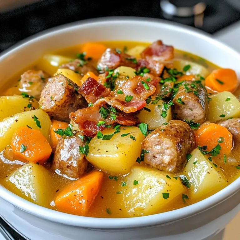 Dublin Coddle is a warm and filling dish. Here are the key ingredients: - 4 large potatoes, peeled and thinly sliced - 2 large onions, sliced into half-moons - 3 carrots, peeled and diced - 4 sausages (preferably Irish-style or your choice), cut into generous chunks - 4 slices of unsmoked chicken or turkey bacon, roughly chopped - 4 cups vegetable broth (low sodium recommended) - 1 tablespoon olive oil - 2 teaspoons fresh thyme, chopped (or 1 teaspoon dried thyme) - Salt and pepper to taste - Fresh parsley, finely chopped, for garnish These ingredients create a great mix of flavors and textures. The potatoes and carrots add sweetness and bulk. The bacon and sausages give it a rich, savory taste. If you have dietary needs, you can still enjoy Dublin Coddle. Here are some options: - For vegetarian coddle, swap the sausages and bacon for plant-based versions. - Use low-sodium vegetable broth if you watch your salt intake. - To make it gluten-free, ensure that your sausages and broth are gluten-free. - Sweet potatoes can replace regular potatoes for a unique twist. These substitutions keep the dish tasty while catering to different diets. To make Dublin Coddle, you will need a few key tools: - A large pot or Dutch oven for even cooking. - A sharp knife for slicing vegetables. - A cutting board to prep your ingredients. - A slotted spoon to remove bacon after cooking. These tools help you prepare and cook the dish efficiently. With them, you can create a hearty meal that warms the soul. {{ingredient_image_2}} Start by heating olive oil in a large pot over medium heat. Add the chopped bacon and cook for about 5 to 7 minutes. You want it to turn golden brown and crispy. Use a slotted spoon to remove the bacon. Place it on a paper towel to drain the extra fat. This step adds rich flavor to your dish. Next, keep the bacon drippings in the pot. Add the sliced onions and cook them for about 5 minutes. Stir them often until they become soft and clear. If you want, you can add minced garlic for more flavor. After the onions, toss in the diced carrots. Cook for another 3 to 4 minutes. This softens the carrots and brings out their sweetness. Now, it’s time to layer the ingredients. Neatly place the sliced potatoes over the cooked vegetables. Then, add the chunks of sausages and the crispy bacon on top. Carefully pour in the vegetable broth, making sure everything is covered. Sprinkle fresh thyme, and season with salt and pepper. Increase the heat until the mixture boils. Once it reaches a boil, lower the heat and cover the pot. Let it simmer for 30 to 35 minutes. Check it occasionally. You want the potatoes and carrots to be tender. The flavors will blend beautifully during this time. To make Dublin coddle shine, use fresh herbs. Thyme is key here. It adds a nice earthy taste. You can also add minced garlic when cooking the onions. This gives a deeper flavor. Use a good vegetable broth. A low-sodium option lets the other flavors pop. Don't rush the cooking. Let those flavors blend together. Texture is vital in coddle. Start with crispy bacon. It adds a pleasant crunch. Next, layer your ingredients well. Place potatoes at the bottom. This way, they soak up the broth. Cook on low heat for a long time. This makes the veggies tender and the sausages juicy. One common mistake is overcooking the vegetables. You want them soft, not mushy. Be careful with the salt. The bacon and broth can add a lot of saltiness. Always taste before adding more. Lastly, let your coddle rest after cooking. This step helps the flavors blend even better. Pro Tips Use the Right Sausage: For an authentic Dublin Coddle, opt for Irish-style sausages. Their flavor will enhance the overall taste of the dish. Layering is Key: Ensure even cooking by layering the potatoes, vegetables, and sausages properly. This helps all ingredients cook uniformly. Adjusting Consistency: If you prefer a thicker stew, mash a few of the potatoes against the side of the pot to release their starches. Resting Period Benefits: Allowing the coddle to rest before serving helps the flavors meld together beautifully, enhancing the overall taste. {{image_4}} You can make Dublin coddle vegetarian. Just swap out the meat for hearty veggies. Use mushrooms for a meaty texture. Add chickpeas for protein. You can also use veggie sausage. Replace the chicken bacon with smoked tempeh or omit it entirely. This keeps the dish rich and flavorful. Don't forget to adjust the broth to vegetable broth. The taste will still be cozy and warming. If you want to try different meats, you have options! Pork sausage is classic, but chicken or turkey sausage works too. Each meat gives a unique flavor. For a richer taste, try using a mix of meats. You could add some ham or bacon for extra depth. Just remember, cooking times may change, so check the meat as it cooks. For those who love spice, add some heat to your coddle. You can mix in red pepper flakes or diced jalapeños. This adds a nice kick. A bit of hot sauce can also spice things up. If you want a smoky flavor, use chorizo instead of regular sausage. This twist makes a familiar dish feel new and exciting. Enjoy the warmth and flavor! After enjoying Dublin Coddle, you may have some left. Let it cool down first. Then, place it in an airtight container. You can store it in the fridge for up to three days. This method keeps the flavors fresh and tasty. When you want to enjoy your leftovers, reheat them gently. You can use the stove or microwave. If using the stove, place the coddle in a pot over low heat. Stir it often until warm. For the microwave, transfer it to a safe bowl. Heat in short bursts to avoid overcooking. This way, you keep the dish hearty and delicious. You can freeze Dublin Coddle for later enjoyment. First, let it cool completely. Then, transfer it to a freezer-safe container. Make sure to leave some space for expansion. You can freeze it for up to three months. When you're ready to eat, thaw it in the fridge overnight. Reheat as mentioned above for a comforting meal! Dublin Coddle is a warm Irish dish. It combines potatoes, sausages, onions, and bacon. It simmers gently in broth. This dish is hearty and full of flavor. Many people love it for its comfort. It is often made for special occasions or family dinners. Each bite brings warmth and nostalgia. You can easily make it at home. Yes, you can make Dublin Coddle in a slow cooker. Just follow these steps: - Crisp the bacon in a pan first. - Add the bacon and all other ingredients to the cooker. - Pour in the vegetable broth and season. - Cook on low for 6-8 hours or high for 3-4 hours. Using a slow cooker makes it easy to prepare. You can set it up and let it cook while you do other things. Dublin Coddle can last about 3-4 days in the fridge. To store it, let it cool first. Then place it in an airtight container. This helps keep it fresh. When you're ready to eat, simply reheat it on the stove or in the microwave. Enjoy it as a quick meal or a warm snack. Dublin Coddle is a warm, hearty dish with rich flavors. We explored traditional ingredients, substitutions, and cooking tools to make it your own. I shared steps to crisp bacon, sauté veggies, and layer flavors. With tips for perfecting taste and texture, you can avoid common mistakes. Explore variations like vegetarian options and spicy twists. Lastly, learn how to store and reheat leftovers. This dish is versatile and easy, so enjoy crafting your perfect Coddle!