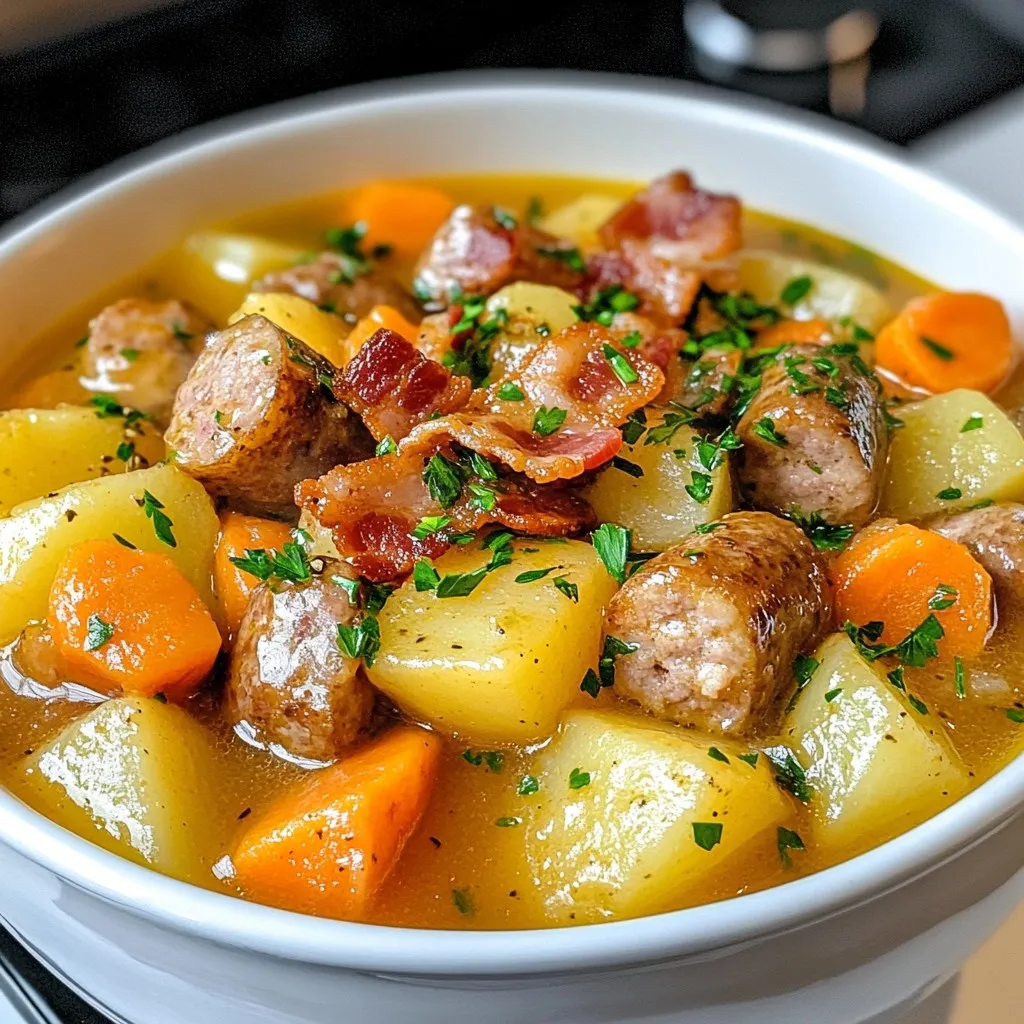 Dublin Coddle is a warm and filling dish. Here are the key ingredients: - 4 large potatoes, peeled and thinly sliced - 2 large onions, sliced into half-moons - 3 carrots, peeled and diced - 4 sausages (preferably Irish-style or your choice), cut into generous chunks - 4 slices of unsmoked chicken or turkey bacon, roughly chopped - 4 cups vegetable broth (low sodium recommended) - 1 tablespoon olive oil - 2 teaspoons fresh thyme, chopped (or 1 teaspoon dried thyme) - Salt and pepper to taste - Fresh parsley, finely chopped, for garnish These ingredients create a great mix of flavors and textures. The potatoes and carrots add sweetness and bulk. The bacon and sausages give it a rich, savory taste. If you have dietary needs, you can still enjoy Dublin Coddle. Here are some options: - For vegetarian coddle, swap the sausages and bacon for plant-based versions. - Use low-sodium vegetable broth if you watch your salt intake. - To make it gluten-free, ensure that your sausages and broth are gluten-free. - Sweet potatoes can replace regular potatoes for a unique twist. These substitutions keep the dish tasty while catering to different diets. To make Dublin Coddle, you will need a few key tools: - A large pot or Dutch oven for even cooking. - A sharp knife for slicing vegetables. - A cutting board to prep your ingredients. - A slotted spoon to remove bacon after cooking. These tools help you prepare and cook the dish efficiently. With them, you can create a hearty meal that warms the soul. {{ingredient_image_2}} Start by heating olive oil in a large pot over medium heat. Add the chopped bacon and cook for about 5 to 7 minutes. You want it to turn golden brown and crispy. Use a slotted spoon to remove the bacon. Place it on a paper towel to drain the extra fat. This step adds rich flavor to your dish. Next, keep the bacon drippings in the pot. Add the sliced onions and cook them for about 5 minutes. Stir them often until they become soft and clear. If you want, you can add minced garlic for more flavor. After the onions, toss in the diced carrots. Cook for another 3 to 4 minutes. This softens the carrots and brings out their sweetness. Now, it’s time to layer the ingredients. Neatly place the sliced potatoes over the cooked vegetables. Then, add the chunks of sausages and the crispy bacon on top. Carefully pour in the vegetable broth, making sure everything is covered. Sprinkle fresh thyme, and season with salt and pepper. Increase the heat until the mixture boils. Once it reaches a boil, lower the heat and cover the pot. Let it simmer for 30 to 35 minutes. Check it occasionally. You want the potatoes and carrots to be tender. The flavors will blend beautifully during this time. To make Dublin coddle shine, use fresh herbs. Thyme is key here. It adds a nice earthy taste. You can also add minced garlic when cooking the onions. This gives a deeper flavor. Use a good vegetable broth. A low-sodium option lets the other flavors pop. Don't rush the cooking. Let those flavors blend together. Texture is vital in coddle. Start with crispy bacon. It adds a pleasant crunch. Next, layer your ingredients well. Place potatoes at the bottom. This way, they soak up the broth. Cook on low heat for a long time. This makes the veggies tender and the sausages juicy. One common mistake is overcooking the vegetables. You want them soft, not mushy. Be careful with the salt. The bacon and broth can add a lot of saltiness. Always taste before adding more. Lastly, let your coddle rest after cooking. This step helps the flavors blend even better. Pro Tips Use the Right Sausage: For an authentic Dublin Coddle, opt for Irish-style sausages. Their flavor will enhance the overall taste of the dish. Layering is Key: Ensure even cooking by layering the potatoes, vegetables, and sausages properly. This helps all ingredients cook uniformly. Adjusting Consistency: If you prefer a thicker stew, mash a few of the potatoes against the side of the pot to release their starches. Resting Period Benefits: Allowing the coddle to rest before serving helps the flavors meld together beautifully, enhancing the overall taste. {{image_4}} You can make Dublin coddle vegetarian. Just swap out the meat for hearty veggies. Use mushrooms for a meaty texture. Add chickpeas for protein. You can also use veggie sausage. Replace the chicken bacon with smoked tempeh or omit it entirely. This keeps the dish rich and flavorful. Don't forget to adjust the broth to vegetable broth. The taste will still be cozy and warming. If you want to try different meats, you have options! Pork sausage is classic, but chicken or turkey sausage works too. Each meat gives a unique flavor. For a richer taste, try using a mix of meats. You could add some ham or bacon for extra depth. Just remember, cooking times may change, so check the meat as it cooks. For those who love spice, add some heat to your coddle. You can mix in red pepper flakes or diced jalapeños. This adds a nice kick. A bit of hot sauce can also spice things up. If you want a smoky flavor, use chorizo instead of regular sausage. This twist makes a familiar dish feel new and exciting. Enjoy the warmth and flavor! After enjoying Dublin Coddle, you may have some left. Let it cool down first. Then, place it in an airtight container. You can store it in the fridge for up to three days. This method keeps the flavors fresh and tasty. When you want to enjoy your leftovers, reheat them gently. You can use the stove or microwave. If using the stove, place the coddle in a pot over low heat. Stir it often until warm. For the microwave, transfer it to a safe bowl. Heat in short bursts to avoid overcooking. This way, you keep the dish hearty and delicious. You can freeze Dublin Coddle for later enjoyment. First, let it cool completely. Then, transfer it to a freezer-safe container. Make sure to leave some space for expansion. You can freeze it for up to three months. When you're ready to eat, thaw it in the fridge overnight. Reheat as mentioned above for a comforting meal! Dublin Coddle is a warm Irish dish. It combines potatoes, sausages, onions, and bacon. It simmers gently in broth. This dish is hearty and full of flavor. Many people love it for its comfort. It is often made for special occasions or family dinners. Each bite brings warmth and nostalgia. You can easily make it at home. Yes, you can make Dublin Coddle in a slow cooker. Just follow these steps: - Crisp the bacon in a pan first. - Add the bacon and all other ingredients to the cooker. - Pour in the vegetable broth and season. - Cook on low for 6-8 hours or high for 3-4 hours. Using a slow cooker makes it easy to prepare. You can set it up and let it cook while you do other things. Dublin Coddle can last about 3-4 days in the fridge. To store it, let it cool first. Then place it in an airtight container. This helps keep it fresh. When you're ready to eat, simply reheat it on the stove or in the microwave. Enjoy it as a quick meal or a warm snack. Dublin Coddle is a warm, hearty dish with rich flavors. We explored traditional ingredients, substitutions, and cooking tools to make it your own. I shared steps to crisp bacon, sauté veggies, and layer flavors. With tips for perfecting taste and texture, you can avoid common mistakes. Explore variations like vegetarian options and spicy twists. Lastly, learn how to store and reheat leftovers. This dish is versatile and easy, so enjoy crafting your perfect Coddle!