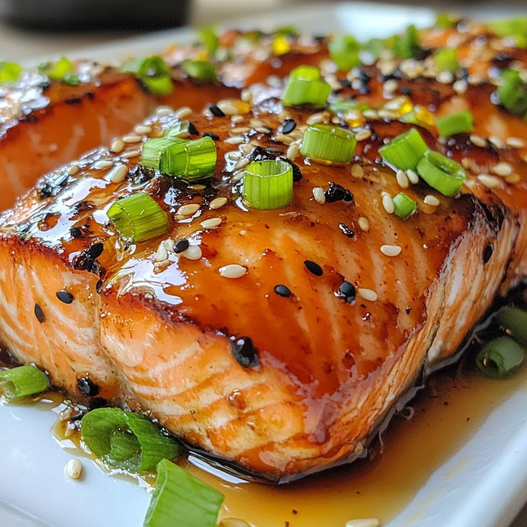 - 4 salmon fillets (approximately 6 oz each) - 1/4 cup honey - 4 cloves garlic, finely minced - 2 tablespoons soy sauce - 1 tablespoon olive oil (plus additional for the skillet) - 1 tablespoon fresh ginger, freshly grated - 1 tablespoon rice vinegar - Salt and freshly ground black pepper to taste - 2 green onions, finely chopped (for garnishing) - Sesame seeds (for garnishing) To make honey garlic glazed salmon, gather these fresh ingredients. Use high-quality salmon fillets for the best taste. Honey adds a sweet touch, while garlic gives a rich flavor. The soy sauce brings saltiness, and olive oil helps cook the salmon perfectly. Fresh ginger adds a zing, and rice vinegar balances the flavors. Remember to season with salt and pepper. This simple step enhances the salmon's taste. For garnishing, green onions and sesame seeds bring color and crunch. With these ingredients, you are ready to create a dish that impresses! {{ingredient_image_2}} To make the sauce, gather your ingredients in a bowl. You need honey, minced garlic, soy sauce, olive oil, grated ginger, and rice vinegar. Mix these well until they blend into a smooth sauce. This step is key. Blending these flavors gives the dish its tasty kick. Each ingredient adds depth to the sauce, making it sweet and savory. Next, let's season the salmon. Take your fillets and sprinkle salt and freshly ground black pepper on both sides. Be generous with the seasoning. This step helps boost the salmon's flavor. A well-seasoned fillet creates a strong base for your dish. It enhances the taste of the honey garlic glaze, making it even better. Now, heat your skillet over medium heat. Add a small splash of olive oil. Wait about one minute until the oil shimmers. This shows it's hot enough. Carefully place the salmon fillets in the skillet, skin-side down. Cook them for about 4-5 minutes. Do not move the fillets during this time. This helps the skin get crispy and golden. Next, gently flip the salmon using a spatula. Once flipped, pour the honey garlic glaze over the fillets. Make sure each piece is covered in the sauce. Continue cooking for another 4-5 minutes. Use a spoon to baste the salmon with the sauce now and then. This adds flavor and helps create a beautiful glaze. To check if the salmon is ready, use a fork. It should flake easily when cooked. Once it’s ready, remove the skillet from the heat. Let the salmon rest for a couple of minutes to keep it moist. Now your honey garlic glazed salmon is ready to serve! Enjoy plating it with garnishes for a beautiful dish. To ensure the best flavor, balance the honey and soy sauce. Honey gives sweetness, while soy sauce adds saltiness. Mix them well to create a rich glaze. Timing matters too. Pour the glaze over the salmon only after flipping it. This helps the flavors stick and caramelize. Let it cook for the full time to get that perfect shine. You can sear or bake your salmon. Searing gives a crispy skin and rich taste. To sear, heat a skillet and add olive oil. Place the salmon skin-side down for 4-5 minutes. If you prefer baking, preheat your oven to 375°F. Bake for about 15 minutes. Both methods keep the salmon moist, but searing often gives better texture. For plating, use a nice white plate to show off the colors. Place the salmon in the center, and drizzle some extra glaze on top. Garnish with chopped green onions and sesame seeds for a pop of color. You can also serve the salmon with steamed rice and sautéed veggies for a full meal. This makes your dish look and taste amazing! Pro Tips Use Fresh Ingredients: Always opt for fresh salmon and fresh garlic for the best flavor and texture in your dish. Control the Heat: Make sure to cook the salmon over medium heat to avoid burning the glaze while ensuring the fish cooks through. Baste for Extra Flavor: Basting the salmon with the glaze during cooking enhances the flavor and helps achieve a beautiful finish. Let it Rest: Allow the salmon to rest after cooking to help retain its moisture, making it more tender and juicy when served. {{image_4}} You can switch up the sweeteners in this recipe. Maple syrup adds a rich, earthy flavor. Agave gives a milder sweetness. Both work well with the salmon. You can also add herbs and spices. Fresh thyme or basil can brighten the dish. Red pepper flakes can give it a nice kick. Grilling the salmon is an excellent option. It adds a smoky flavor that enhances the glaze. Preheat your grill and oil the grates. Cook the salmon skin-side down for about six minutes. Flip it carefully and glaze it before finishing on the grill. Baking is another simple method. Preheat your oven to 400°F. Place the seasoned salmon on a baking sheet. Pour the honey garlic glaze over the fillets. Bake for about 12-15 minutes. This method keeps the salmon moist and flaky. Serve this salmon with steamed rice. It absorbs the glaze well and balances the flavors. Add sautéed vegetables like broccoli or green beans for color and nutrition. A fresh salad with citrus dressing pairs nicely too. For a complete meal, consider a light white wine. A chilled Sauvignon Blanc enhances the dish’s sweetness. To keep your honey garlic glazed salmon fresh, follow these steps: - Refrigerate: Place leftover salmon in an airtight container. Store it in the fridge for up to three days. Make sure it cools before sealing the container to avoid moisture buildup. - Freeze: For longer storage, wrap the salmon tightly in plastic wrap. Then place it in a freezer-safe bag. This way, it can last for up to three months in the freezer. When ready to eat, thaw it in the fridge overnight. To reheat your salmon while keeping its flavor and texture intact, use these methods: - Oven: Preheat your oven to 275°F (135°C). Place salmon on a baking sheet. Cover it with foil to avoid drying out. Heat for about 15 minutes, or until warmed through. - Skillet: Heat a non-stick skillet over low heat. Add a small amount of olive oil. Place the salmon in the skillet and cover it. Cook for 5-7 minutes to warm gently. Avoiding Overcooking: Always keep a close eye on your salmon while reheating. Salmon is done when it is warm, but still moist. Overcooking can make it dry and tough. Yes, you can use frozen salmon. Just remember to thaw it first. Place the salmon in your fridge overnight. If you need it faster, you can submerge it in cold water for about an hour. Avoid using hot water as it can cook the fish unevenly. If you need to avoid soy sauce, use coconut aminos. It has a similar taste but is soy-free. You can also try tamari for a gluten-free option. Other choices include liquid aminos or even broth for a lighter flavor. Salmon is ready when it flakes easily with a fork. Look for a change in color from bright pink to a more opaque hue. The internal temperature should be around 145°F. You can use a meat thermometer for accuracy. Honey garlic glazed salmon is quite healthy. Salmon is rich in omega-3 fatty acids, which are good for your heart. Honey adds sweetness but also contains antioxidants. The garlic can help boost your immune system. Overall, it’s a balanced dish packed with nutrients. This blog post covered how to make a tasty honey garlic glazed salmon. We explored the key ingredients, like salmon fillets, honey, and garlic. You learned step-by-step instructions, tips to enhance flavor, and ideas for variations. We also discussed storage and reheating methods for leftovers. Now, you have the tools to create a delicious meal. Enjoy experimenting with different ingredients and techniques. Cooking seafood can be fun and rewarding! Try it out and impress your family or friends. Happy cooking!