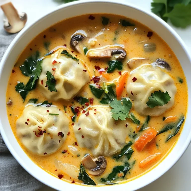 To make Coconut Curry Dumpling Soup, you need some key items: - 1 cup all-purpose flour - 1/2 teaspoon salt - 1/2 cup warm water - 1 tablespoon olive oil - 1 can (14 oz) coconut milk - 2 cups vegetable broth - 2 tablespoons red curry paste - 1 tablespoon soy sauce - 1 tablespoon lime juice - 1 cup mushrooms, sliced - 1 cup spinach, chopped - 1/2 cup carrots, julienned - Fresh cilantro, chopped (for garnish) These ingredients create a rich and creamy soup that bursts with flavor. If you want to make the soup even better, consider these optional ingredients: - Red chili flakes for added spice - Extra lime wedges for serving - Fresh ginger for a zesty twist These extras enhance the taste and make your dish unique. You can easily swap out some ingredients to fit your needs: - Use whole wheat flour instead of all-purpose flour for a healthier option. - Swap vegetable broth with chicken broth if you prefer. - For a vegan option, ensure your red curry paste is free of fish sauce. These substitutes keep the soup tasty while meeting your dietary needs. {{ingredient_image_2}} To start, grab a medium mixing bowl. Combine 1 cup of all-purpose flour with 1/2 teaspoon of salt. Next, slowly add in 1/2 cup of warm water and 1 tablespoon of olive oil. Use a fork to mix well until it looks crumbly. Now, knead the dough on a floured surface for about 5 minutes. You want it smooth and elastic. Once done, cover the dough with a towel and let it rest for 20 minutes. For the broth, take a large pot. Add 1 can of coconut milk, 2 cups of vegetable broth, 2 tablespoons of red curry paste, 1 tablespoon of soy sauce, and 1 tablespoon of lime juice. Stir it well to dissolve the red curry paste fully. Turn the heat to medium and let the mixture simmer gently, stirring now and then. When your broth starts to simmer, it’s time to add some color! Toss in 1 cup of sliced mushrooms, 1/2 cup of julienned carrots, and 1 cup of chopped spinach. Let the soup cook for about 5-7 minutes. The veggies should be tender but still bright. After resting, take the dough and divide it into small pieces, about the size of a tablespoon. Roll each piece into a ball, then flatten it a bit in your hands. Drop the dumplings gently into the simmering soup one at a time. Let them cook for 10-12 minutes. They are done when they float to the top. Now, it’s time to taste your broth. If it needs more flavor, adjust with a bit of salt or lime juice. For those who like spice, sprinkle in some red chili flakes. This step adds a kick that makes the dish even better. Enjoy your flavorful Coconut Curry Dumpling Soup! For great dumplings, keep the dough smooth. Knead it well on a floured surface. Resting the dough helps it become soft and stretchy. Make sure to work with small pieces of dough. This keeps them even and easy to manage. Cooking the dumplings until they float means they are fully cooked. Do not overcrowd the pot; it can lead to uneven cooking. To boost flavor, taste the broth as you cook. You can add more salt if needed. A splash of lime juice gives a nice zing. If you like spice, mix in red chili flakes. Fresh herbs can also enhance taste. Try adding basil or mint for a unique twist. You can even mix in other vegetables like bell peppers or zucchini if you wish. Serve the soup in deep bowls for a nice look. Ensure each bowl has a good amount of dumplings and veggies. Garnish with fresh cilantro for color and flavor. Adding lime wedges on the side gives guests a fun way to personalize their soup. For a spicy kick, sprinkle red chili flakes on top. This makes the dish pop and adds a final touch. Pro Tips Use Fresh Ingredients: Fresh vegetables will not only enhance the flavor of your soup but also provide more vibrant colors and nutrients. Customize the Spice Level: Adjust the amount of red curry paste and chili flakes according to your spice preference. Start with less and add more as needed. Rest the Dumpling Dough: Allowing the dough to rest helps relax the gluten, resulting in softer dumplings that are easier to shape and cook. Garnish for Presentation: A sprinkle of fresh cilantro not only adds flavor but also makes the dish visually appealing. Lime wedges on the side can enhance the overall experience. {{image_4}} You can easily add protein to your soup. For chicken, use boneless pieces. Cut them into small cubes. Add them to the broth before you add the vegetables. Cook until they are no longer pink. This takes about 10 minutes. For tofu, use firm or extra-firm tofu. Cut it into cubes and add it with the vegetables. Tofu takes less time to cook. It will soak up the flavors well. To make this soup vegan, you can skip the chicken. The recipe is already plant-based with the coconut milk and broth. Use vegetable broth instead of chicken broth. You can also add more veggies like bell peppers or zucchini. They add flavor and color. If you want a protein boost, add chickpeas. They are tasty and filling. You can play with the spice levels in this soup. If you like heat, try adding different spices. For a warm flavor, add cumin or coriander. For a bit of kick, add cayenne pepper. You can also try chili paste. Adjust the amount to your taste. Start with a small pinch, then add more if needed. Each spice adds a unique flavor to the soup. To keep your leftover soup fresh, let it cool first. Pour the soup into airtight containers. Seal them tightly and store in the fridge. Your soup will stay good for about 3 to 4 days. Always check for any signs of spoilage before enjoying the leftovers. If you want to keep the soup longer, freezing is a great option. Use freezer-safe containers or bags for storage. Leave some space at the top of the containers to allow for expansion. Label each container with the date. The soup can last up to 3 months in the freezer. When you’re ready to eat, just thaw it in the fridge overnight. To reheat, pour the soup into a pot. Heat it over medium-low heat. Stir often to ensure it heats evenly. If the soup is too thick, add a splash of water or broth to loosen it. You can also microwave it. Use a microwave-safe bowl and cover it loosely. Heat in short intervals, stirring in between. Enjoy your warm Coconut Curry Dumpling Soup! The dumplings take about 10 to 12 minutes to cook. You can tell they are done when they float on the surface of the soup. This means they are fully cooked and ready to enjoy. Yes, you can use alternatives like almond milk or soy milk. However, these will change the flavor and creaminess of the soup. Coconut milk adds a rich taste that pairs well with the curry. To add spice, you can mix in red chili flakes or a dab of hot sauce. Start with a small amount and taste before adding more. This way, you can control the heat level just right for your taste. Yes, you can prepare the soup base ahead of time. Just store it in the fridge. When ready to eat, heat it up and cook the dumplings fresh. This keeps them soft and tasty. In this article, we explored making coconut curry dumpling soup. You learned about key ingredients and how to prepare the dumplings and broth. We shared tips for perfect dumplings and serving suggestions for great presentation. Don’t forget to try out variations for protein or spice levels. Store leftovers properly to enjoy them later. This soup is tasty, versatile, and sure to impress anyone who tries it. Enjoy your cooking!