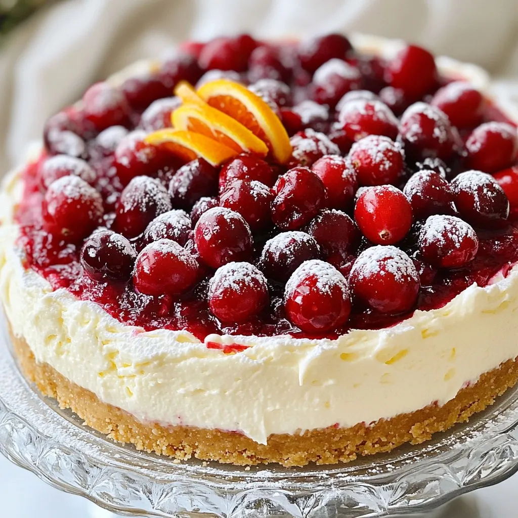 - 4 packages (8 oz each) cream cheese, softened - 4 large eggs, at room temperature - 1 cup sour cream, at room temperature - 1 cup granulated sugar - 1 teaspoon vanilla extract The main ingredients create a rich, creamy cheesecake. Cream cheese gives the cheesecake its smooth texture. The eggs bind the mixture and add structure. Sour cream adds tang and creaminess. Sugar sweetens without overpowering the flavors. Vanilla extract enhances the overall taste. - 1 ½ cups graham cracker crumbs - ½ cup unsalted butter, melted - 2 tablespoons granulated sugar The crust is a key part of this cheesecake. Graham cracker crumbs provide a crunchy base. The melted butter helps bind the crumbs together. A bit of sugar adds sweetness to balance the flavors. This combination gives a delightful contrast to the creamy filling. - 1 cup fresh cranberries, rinsed and drained - ½ cup granulated sugar (for cranberry sauce) - 1 cup water - Zest of 1 orange (about 1 tablespoon) The cranberry topping adds a burst of flavor. Fresh cranberries give a tart taste that pairs well with the sweet cheesecake. The sugar helps to sweeten the sauce, while the water creates the right consistency. Orange zest brightens the flavor, making it festive and fresh. {{ingredient_image_2}} First, preheat your oven to 350°F (175°C). In a medium mixing bowl, mix 1 ½ cups of graham cracker crumbs, ½ cup of melted unsalted butter, and 2 tablespoons of granulated sugar. Stir until the mix looks like wet sand. Now, press this mixture into the bottom of a 9-inch springform pan. Make sure to pack it down firmly to form a solid crust. Bake for about 10 minutes or until it turns lightly golden. Once it's done, take it out and let it cool a bit. While your crust cools, grab a large mixing bowl. Use an electric mixer to beat 4 packages of softened cream cheese on medium speed. Mix for about 2 minutes until it’s smooth and creamy. Slowly add 1 cup of granulated sugar and mix well. Then stir in 1 teaspoon of vanilla extract until it’s fully blended. Next, add 4 large eggs, one at a time. Mix well after each egg to make sure it’s all combined. Scrape down the bowl as needed. Finally, gently fold in 1 cup of room temperature sour cream with a spatula. Mix until it’s smooth, but don’t overdo it. Now, let’s make the cranberry sauce. In a small saucepan, combine 1 cup of fresh cranberries, ½ cup of granulated sugar, 1 cup of water, and the zest of 1 orange. Cook this mixture over medium heat for about 10 minutes. You’ll know it’s ready when the cranberries burst and the mix thickens to a sauce-like consistency. Once it’s done, take it off the heat and let it cool a little. Pour the cheesecake batter over the cooled crust in the springform pan. Smooth the top with a spatula. Next, take the cranberry sauce and spoon it over the batter. Use a knife to gently swirl the sauce into the batter for a pretty marbled look. Carefully place the springform pan in the oven. Bake for 50 to 60 minutes. The center should be set but still jiggle slightly. After baking, turn off the oven and leave the cheesecake inside for 1 hour. This helps prevent cracks. Once an hour has passed, take the cheesecake out and let it cool to room temperature. After it cools, cover and refrigerate for at least 4 hours, or ideally overnight. This chilling time improves the flavor and texture, making every bite delicious! To get a smooth cheesecake, always use room temperature ingredients. Cold cream cheese can lead to lumps. Let the eggs and sour cream sit out for about 30 minutes before using. This simple step can change your texture from good to great. Avoid overmixing the batter. Mix just until combined. Overmixing can add too much air, which may lead to cracks. Keep it gentle and smooth for the best results. For a beautiful finish, garnish your cheesecake just before serving. Top it with fresh cranberries and a light dusting of powdered sugar. This adds a pop of color and looks festive. When serving, add a dollop of whipped cream on each slice. This extra touch makes each bite creamy and delightful. You can also serve it with a side of cranberry sauce for added flavor. To prevent cracks in your cheesecake, cool it gradually. After baking, turn off the oven and leave it inside for an hour. This helps it set without sudden temperature changes. Always check for doneness by gently shaking the pan. The center should jiggle slightly. If it shakes wildly, it needs more time. A perfectly baked cheesecake means a happy holiday season! Pro Tips Room Temperature Ingredients: Ensure that your cream cheese, eggs, and sour cream are at room temperature before mixing. This helps to create a smoother batter and prevents lumps. Swirling Technique: When adding the cranberry sauce to the cheesecake batter, use a knife or a skewer to gently swirl it in. This creates a beautiful marbled effect without fully blending the layers. Cooling Method: After baking, leaving the cheesecake in the turned-off oven for an hour allows it to cool gradually, reducing the risk of cracks on the surface. Overnight Chilling: For the best flavor and texture, chill the cheesecake overnight. This allows the flavors to meld and the cheesecake to set properly. {{image_4}} You can change the fruit on top of your cheesecake. Blueberries and raspberries make great choices. They bring a burst of flavor and color. Seasonal fruits like pears or pomegranates can be fun too. These options add variety and keep your dessert fresh. Want to spice things up? Try adding cinnamon or nutmeg to the batter. These spices add warmth to the cheesecake. You can also use flavored extracts like almond or orange. Just a few drops can change the whole flavor. Experimenting is key to making this cheesecake your own. If you need a gluten-free option, swap the graham crackers for almond flour or gluten-free cookies. For those who want a vegan version, use plant-based cream cheese and flax eggs. Coconut cream can replace sour cream too. These swaps allow everyone to enjoy this festive treat without worry. To keep your creamy cranberry holiday cheesecake fresh, you should store it in the fridge. The cheesecake needs to stay cool to maintain its texture and flavor. Cover it tightly with plastic wrap or foil to prevent it from absorbing any smells from the fridge. A sealed container can also work well. This way, your cheesecake stays tasty and fresh for days. If you want to keep the cheesecake for a longer time, you can freeze it. Wrap it well in plastic wrap and then in aluminum foil. This double layer protects the cheesecake from freezer burn. When you're ready to enjoy it, move the cheesecake to the fridge to thaw overnight. This method helps keep its creamy texture intact. Avoid using the microwave, as it can change the cheesecake's consistency. In the fridge, your cheesecake will last about 5 to 7 days. Always check for signs of spoilage before serving. If the cheesecake has a strange smell or looks discolored, it's best to toss it. A fresh cheesecake should have a creamy texture and a lovely cranberry topping. Enjoy your holiday treat while it's at its best! Yes, you can make this cheesecake a day in advance. Making it ahead helps the flavors blend better. After baking, let it cool completely. Then, cover it with plastic wrap. This keeps it fresh in the fridge. It can sit for up to three days before serving. Just remember to add any toppings right before you serve. If you need a substitute for cream cheese, try using Greek yogurt. It gives a nice creamy texture. Another option is mascarpone cheese. It has a similar taste and feel. For a vegan choice, use blended silken tofu. It works well when sweetened. Cracks in cheesecake often come from two main things. First, overbaking can cause cracks. Make sure to check it a little early. The center should jiggle slightly. Second, drastic temperature changes can lead to cracks. Always let the cheesecake cool in the oven after baking. This gradual cooling helps keep it smooth. You learned how to make a delicious cheesecake, from crust to topping. Using the right ingredients gives great flavor and texture. I shared tips to avoid common mistakes and how to make it your own. Whether you try new toppings or variations, you can impress anyone with your cheesecake skills. Enjoy sharing this tasty treat with friends and family, or savor it all for yourself. Just remember to store it well for the best taste. Happy baking!